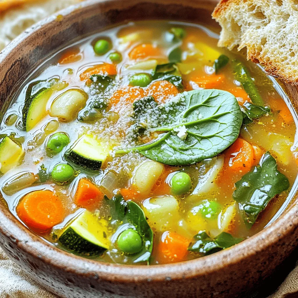 Gathering the right ingredients is key to making a veggie-loaded minestrone soup. Each veggie adds flavor and texture. Here’s what you will need: - 1 tablespoon olive oil - 1 onion, diced - 3 cloves garlic, minced - 2 carrots, diced - 2 celery stalks, diced - 1 zucchini, diced - 1 cup green beans, trimmed and cut into 1-inch pieces - 1 can (14 oz) diced tomatoes, with juices - 1 can (15 oz) cannellini beans, drained and rinsed - 4 cups vegetable broth - 1 teaspoon dried oregano - 1 teaspoon dried basil - Salt and pepper to taste - 1 cup pasta (small shapes like ditalini or elbow) - 2 cups fresh spinach or kale, roughly chopped - Grated Parmesan cheese (for serving, optional) These ingredients come together to create a hearty soup. The olive oil starts the base. The onion and garlic add a strong aroma. Carrots and celery give a sweet crunch. Zucchini and green beans bring freshness. Diced tomatoes add richness. Cannellini beans offer protein. The broth ties it all together, while herbs boost the flavor. Pasta gives it a comforting texture, and greens add a nutritious touch. This soup is not just filling; it’s also packed with vitamins. Fresh spinach or kale makes it vibrant. You can also adjust the herbs and spices to match your taste. This flexibility makes the soup a favorite in many homes. Plus, it’s simple to prepare, making it perfect for any cook! To make this veggie loaded minestrone soup, follow these steps. 1. Heat olive oil and sauté onions In a large pot, pour in one tablespoon of olive oil. Heat it over medium heat. Add the diced onion. Sauté until the onions are soft and clear, which takes about five minutes. 2. Add garlic, carrots, and celery Next, stir in three minced garlic cloves, two diced carrots, and two diced celery stalks. Cook for another five minutes. This will make the kitchen smell amazing! 3. Stir in zucchini and green beans Now, add one diced zucchini and one cup of trimmed green beans. Stir everything well to mix the flavors. 4. Incorporate tomatoes, beans, and broth Open a can of diced tomatoes and add it to the pot, juices included. Then, add one can of drained cannellini beans and four cups of vegetable broth. Stir in one teaspoon each of dried oregano and dried basil. Add salt and pepper to taste. 5. Season with herbs and spices As the soup heats, the herbs will release their flavors. This is a key step for a tasty soup! 6. Bring to a boil and then simmer Bring the soup to a gentle boil. Once it boils, lower the heat. Let it simmer for about 15 minutes. This waiting time allows the soup to get flavorful. 7. Add pasta and cook until al dente After simmering, add one cup of pasta. Cook it according to the package instructions, which usually takes about 8 to 10 minutes. 8. Stir in spinach or kale before serving In the last two minutes, add two cups of fresh chopped spinach or kale. Stir it in until just wilted. Now you have a warm bowl of veggie-loaded minestrone soup ready to enjoy! - How to enhance flavors with herbs Fresh herbs add a bright touch. I love using basil and oregano. They bring out the best in the soup. You can add them at the start for depth. Fresh herbs at the end give a nice finish. - Best practices for vegetable prep Cut veggies into small, even pieces. This helps them cook evenly. Start with the harder ones first, like carrots and celery. Add softer veggies, like zucchini and spinach, later. This keeps them from getting mushy. - Timing for adding pasta and greens Add pasta when the soup simmers. This way, it cooks just right. If you add greens too early, they can lose color. Stir them in during the last two minutes of cooking. They will stay bright and fresh. - Recommended garnishes like Parmesan cheese Grated Parmesan cheese is a perfect topping. It adds a salty richness. You can also drizzle a bit of olive oil on top for added flavor. - Best side dishes to serve with the soup A slice of crusty bread works great with this soup. You can dip it in and enjoy. A light salad also pairs well. It adds a fresh crunch to your meal. {{image_2}} You can easily switch up the veggies in this soup. Use what's fresh or in season. For example, try adding bell peppers in the summer or squash in the fall. You can mix in peas, corn, or even sweet potatoes. Each choice brings a new flavor and texture. If you want protein, consider adding meat or tofu. Diced chicken or turkey works great. For a plant-based option, add cubed tofu. Just toss it in when you add the broth. This way, it will absorb all the soup's flavors. If you need a gluten-free soup, swap regular pasta for gluten-free pasta. There are many great options available now. Look for rice, quinoa, or chickpea pasta. They add a nice twist to the dish. For a vegan soup, skip the Parmesan cheese. You can use nutritional yeast instead for a cheesy flavor. This soup is very flexible, so it suits many diets. Enjoy making it your own! To keep your veggie loaded minestrone soup fresh, use airtight containers. Glass jars or plastic containers work well. Make sure to cool the soup before storing. If you plan to freeze it, leave some space in the container. This allows room for the soup to expand. - Refrigeration: Store in the fridge for 3 to 4 days. - Freezing: Freeze for up to 3 months. When you are ready to eat, reheat the soup gently. You can use a pot on the stove or a microwave. - Stovetop: Pour the soup into a pot. Heat on medium until warm. Stir often to keep it from sticking. - Microwave: Place in a microwave-safe bowl. Heat for 2-3 minutes, stirring halfway through. Keep leftovers in mind. Store them right after your meal to keep the soup safe. It tastes best when eaten fresh, but reheating brings back that cozy flavor! Can I use fresh tomatoes instead of canned? Yes, you can use fresh tomatoes. Just chop about 4-5 medium-sized tomatoes. Add them to the pot with the other veggies. Fresh tomatoes will add a nice texture and flavor. How long does homemade minestrone soup last? Homemade minestrone soup lasts about 3-4 days in the fridge. Store it in a sealed container. You can also freeze it for up to 3 months. Can I make this soup in a slow cooker? Absolutely! Just add all the ingredients to the slow cooker. Cook on low for 6-8 hours or high for 3-4 hours. This method allows the flavors to blend well. What is the best way to make this soup ahead of time? Make the soup a day in advance. Let it cool, then store it in the fridge. Reheat it on the stove or in the microwave before serving. This helps the flavors develop even more. This blog covered a simple and tasty minestrone soup recipe. We covered the ingredients, steps, tips, and variations. Now, you can make this soup to warm your days and please your taste buds. Remember to mix and match the veggies based on what you have. Enjoy it fresh or save leftovers for later. You have all the tools to create a hearty dish everyone will love. Start cooking and make your kitchen smell wonderful!