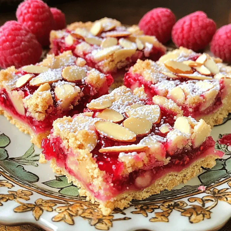 - 1 cup unsalted butter, softened - 3/4 cup powdered sugar - 2 cups all-purpose flour - 1/2 teaspoon salt - 1/4 teaspoon almond extract - 1 cup raspberry preserves - 1/2 cup sliced almonds Accurate measurements make a big difference in baking. They ensure your bars turn out just right. Use dry measuring cups for flour and sugar. Level the top with a straight edge for precision. For butter, soften it by letting it sit at room temperature for about an hour. You can also cut it into small pieces to speed up the softening. If you don’t have almond extract, you can use vanilla extract instead. It will change the flavor slightly but still taste great. For a healthier option, replace powdered sugar with coconut sugar. This will add a different taste, but it can work well in the bars. 1. Preheat your oven to 350°F (175°C). Grease a 9x13-inch baking dish. You can also line it with parchment paper for easy removal. 2. In a large bowl, cream together 1 cup of softened unsalted butter and 3/4 cup of powdered sugar. Mix until it is light and fluffy. 1. Gradually add 2 cups of all-purpose flour, 1/2 teaspoon of salt, and 1/4 teaspoon of almond extract to the butter mixture. Stir until a soft dough forms. 2. Reserve about 1 cup of this dough. Press the remaining dough evenly into the bottom of your prepared baking dish. This will form your base layer. 1. Spread 1 cup of raspberry preserves evenly over the base layer of dough. Be sure to reach the edges for a good flavor in every bite. 2. Crumble the reserved dough over the raspberry preserves to create an even layer of crumbles. 3. Sprinkle 1/2 cup of sliced almonds on top of the crumbled dough. This adds a nice crunch and flavor. 4. Bake in the preheated oven for about 25-30 minutes. Look for lightly golden edges and a set center. 5. Let the bars cool completely in the baking dish before slicing them into squares. Enjoy your tasty treats! - To ensure even baking, spread the dough flat. Use a spatula to smooth it. - Avoid soggy bottoms by not overloading with preserves. A thin layer works best. - Dust the cooled bars with powdered sugar for a sweet finish. This adds charm. - Serve on a decorative plate with fresh raspberries. They add color and flavor. - Overmixing the dough makes it tough. Mix just until combined for a tender base. - Not cooling completely before slicing leads to messy bars. Let them cool first. {{image_2}} You can switch up the flavor of your Raspberry Almond Shortbread Bars easily. Try using different fruit preserves, like strawberry or apricot. Each fruit brings a unique taste. For a fun twist, add some citrus zest. Lemon or orange zest enhances the flavor and aroma. If you need gluten-free options, use alternative flours, like almond or coconut flour. These flours work well in shortbread. You can also make vegan substitutes for butter by using coconut oil or vegan butter. This keeps the bars rich and delicious without dairy. Pair your bars with ice cream or whipped cream for a tasty treat. The creaminess complements the fruit nicely. You can also make mini bars for parties. Just cut the bars smaller for easy serving and sharing. These variations keep your dessert exciting and fun! To keep your Raspberry Almond Shortbread Bars fresh, store them in an airtight container. This helps protect them from air and moisture. You can layer parchment paper between bars to prevent sticking. If you have leftovers, you can freeze them. Wrap each bar in plastic wrap, then place them in a freezer-safe bag. This way, you can enjoy them later! These bars last about 3-5 days at room temperature. Keep them in a cool, dry place. If you choose to refrigerate them, they can last up to two weeks. Refrigeration also helps maintain their flavor and texture. Just be sure to cover them well. If your bars harden over time, don't worry! You can soften them easily. Place a bar on a microwave-safe plate. Heat it in the microwave for about 10-15 seconds. This will make them warm and soft again. Enjoy them fresh like they just came out of the oven! To make these tasty bars, start by preheating your oven to 350°F (175°C). Grease a 9x13-inch baking dish or line it with parchment paper. 1. Cream 1 cup of softened butter with 3/4 cup of powdered sugar until fluffy. 2. Gradually mix in 2 cups of all-purpose flour, 1/2 teaspoon of salt, and 1/4 teaspoon of almond extract. Keep mixing until you have a soft dough. 3. Save about 1 cup of this dough. Press the rest evenly into the bottom of your prepared dish. 4. Spread 1 cup of raspberry preserves on top of the dough. 5. Crumble the reserved dough over the preserves. 6. Top with 1/2 cup of sliced almonds. 7. Bake for 25-30 minutes until golden and set. 8. Let cool before slicing into squares. This process gives you a rich, buttery bar with a fruity filling. You can use frozen raspberries, but the texture changes. Frozen raspberries are juicier. They can make the bars a bit mushy. Raspberry preserves are thicker and sweeter. They spread easily and stay put. If you want to use frozen raspberries, mash them and drain some juice. This helps keep your bars from getting too wet. These bars pair well with many drinks. I suggest serving them with a hot cup of tea or coffee. You can also try them with a scoop of vanilla ice cream. The creaminess balances the sweet and tart flavors. For a refreshing drink, a glass of lemonade works great too. Enjoy your bars with these fun sides! You learned how to make Raspberry Almond Shortbread Bars. We covered ingredients, measurement tips, and preparation steps. You can easily customize these bars with various flavors and dietary needs. Remember to store them in an airtight container for freshness. Avoid common mistakes for the best results. Enjoy your delicious creation and share it with friends. Baking can be fun and rewarding! Now, get in the kitchen and start making these amazing bars!