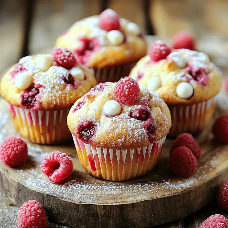 - 1 cup all-purpose flour - 1/2 cup whole wheat flour - 1/2 cup sugar - 1 tablespoon baking powder - 1/4 teaspoon salt - 1/2 cup unsalted butter, melted - 1 large egg - 3/4 cup milk - 1 teaspoon vanilla extract - 1 cup fresh raspberries (or frozen, thawed) - 3/4 cup white chocolate chips Let’s dive into the ingredients! First, you need a mix of flours. I use all-purpose flour and whole wheat flour. The all-purpose flour gives the muffins a light texture while the whole wheat flour adds a nice nutty flavor. Next, you’ll want sugar. It sweetens the muffins and helps them brown. Baking powder is key. It makes the muffins rise and become fluffy. Don’t forget a pinch of salt! It boosts the flavors in your muffins. For the wet ingredients, start with melted unsalted butter. This will keep the muffins moist. Then, add an egg for richness and structure. Milk is next. It adds moisture. A splash of vanilla extract brings warmth and sweetness. Now onto the fun part—add-ins! Fresh raspberries are a must. They burst with flavor in every bite. If fresh ones are hard to find, frozen raspberries work too; just thaw them first. Finally, white chocolate chips add a creamy sweetness that pairs perfectly with tangy raspberries. Gather these ingredients, and you're all set for some delicious baking magic! - Preheat the oven to 375°F (190°C). - Line a muffin tin with paper liners. This step helps the muffins come out easily. - In a large bowl, whisk together: - 1 cup all-purpose flour - 1/2 cup whole wheat flour - 1/2 cup sugar - 1 tablespoon baking powder - 1/4 teaspoon salt - In another bowl, mix: - 1/2 cup unsalted butter, melted - 1 large egg - 3/4 cup milk - 1 teaspoon vanilla extract - Stir until the mixture is smooth and creamy. - Pour the wet mix into the dry mix. Gently fold together with a rubber spatula. Stop when the ingredients just combine. A few lumps are fine! - Carefully fold in: - 1 cup fresh raspberries - 3/4 cup white chocolate chips - Divide the batter evenly in the muffin cups, filling each about 3/4 full. - Bake the muffins for 18-22 minutes. Check if they are done by inserting a toothpick in the center. It should come out clean or with a few moist crumbs. - Once baked, let the muffins cool in the tin for 5 minutes. Then, transfer them to a wire rack to cool completely. To make your muffins fluffy, avoid overmixing the batter. When you combine the wet and dry ingredients, stir just until they come together. It's okay if some lumps remain; this keeps the muffins light. Also, use room temperature ingredients. When your butter, egg, and milk are warm, they mix better and create air. This air helps your muffins rise. Make sure your oven is accurate. An oven thermometer can help you check the temperature. If your oven runs hot, your muffins may bake too fast. This can lead to tough muffins. To check if your muffins are done, insert a toothpick in the center. If it comes out clean or with a few moist crumbs, they are ready. If it has wet batter, bake a bit longer. Serve the muffins warm for the best taste. Dust them with powdered sugar for a sweet touch. For a colorful look, arrange them on a platter with fresh raspberries scattered around. This makes them pop and adds to the fun! {{image_2}} - Gluten-free alternatives: You can swap the all-purpose flour with a gluten-free flour blend. This keeps the texture light. Make sure the blend has xanthan gum for better structure. - Dairy-free options: Use coconut milk or almond milk in place of regular milk. For butter, try coconut oil or a vegan butter substitute. These keep the muffins moist and tasty. - Different fruit options: If you want a twist, blueberries or chopped strawberries work great. They add new flavors while still being sweet and juicy. - Other types of chocolate: Instead of white chocolate, use dark chocolate chips or milk chocolate. Each choice brings a different taste and richness to your muffins. - Mini muffins: For bite-sized treats, fill mini muffin tins. Bake them for 10-15 minutes. This makes a great snack for kids or a fun party treat. - Jumbo muffins: If you want a hearty breakfast, go for jumbo muffins. Just fill the cups more and bake for 25-30 minutes. They will be fluffy and satisfying. To keep your muffins fresh, store them in an airtight container. This helps lock in moisture and flavor. You can use a simple plastic or glass container with a lid. Place a piece of parchment paper between layers if you stack them. This way, they won’t stick together. If you want to freeze your muffins, first let them cool completely. Wrap each muffin in plastic wrap tightly. Then, place them in a freezer bag or container. This prevents freezer burn. They can stay frozen for up to three months. When ready to eat, take them out and let them thaw overnight in the fridge. To reheat muffins, the oven works best. Preheat it to 350°F (175°C). Place the muffins on a baking sheet for about 10 minutes. This keeps them soft and warm. If you use a microwave, heat them for 15-20 seconds. But be careful; don’t overheat! Adding a damp paper towel can help prevent them from drying out. To make muffins fluffy, follow these tips: - Use fresh baking powder. This helps the muffins rise well. - Mix dry and wet ingredients separately. Combine them gently. - Avoid overmixing the batter. A few lumps are fine. - Let the batter rest for 10 minutes. This helps the gluten relax. These steps keep air in the batter, making your muffins light and soft. Yes, you can use frozen raspberries. They add great flavor too. However, they can change the texture. Frozen berries may make the batter wetter. Thaw them before adding to the mix. Pat them dry with a paper towel. This helps keep the muffins fluffy and not soggy. These muffins last for about 3-4 days at room temperature. Store them in an airtight container. For longer storage, keep them in the fridge for up to a week. If you want to keep them fresh for months, freeze them. Wrap each muffin tightly before freezing. Thaw them at room temperature or heat them in the oven. In this post, we covered the key ingredients for your muffins and how to mix them. I shared tips to achieve fluffiness and variations to try. You learned how to store and reheat your muffins for the best taste. Muffins can be a fun treat with endless options. Experiment with flavors and enjoy the process. Happy baking!
