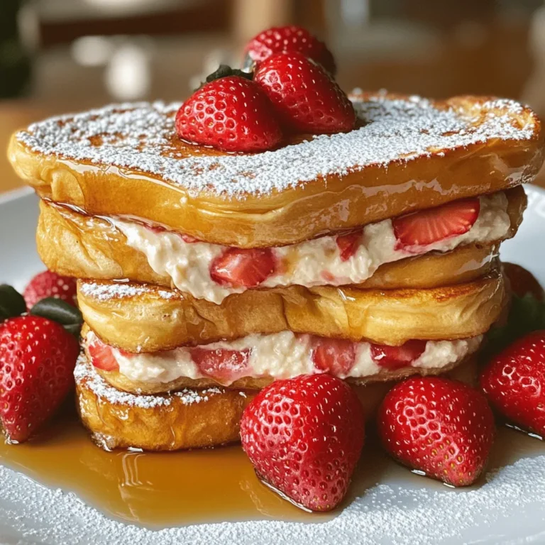 - 8 slices of thick bread (such as challah or brioche) - 4 oz cream cheese, softened - 1 cup fresh strawberries, hulled and sliced - 2 tablespoons powdered sugar (plus more for dusting) - 4 large eggs - 1 cup whole milk - 1 teaspoon vanilla extract - 1 teaspoon ground cinnamon - 2 tablespoons butter (for cooking) - Maple syrup (for serving) When picking bread, choose thick slices. Challah or brioche work best for a rich taste. Look for bread that is soft yet sturdy enough to hold the filling. Select fresh strawberries. A bright red color and firm texture mean they are ripe and sweet. Avoid any that are mushy or dull. For cream cheese, ensure it is softened. This helps it mix smoothly with the powdered sugar. Choose large, fresh eggs for the egg mixture. They provide great flavor and help bind the French toast. Use whole milk for a creamy texture. You can also use a milk alternative if needed, but it may change the taste slightly. Pick quality vanilla extract for the best flavor. Avoid imitation vanilla as it lacks depth. Make sure your ground cinnamon is fresh for a warm spice flavor. Old spices can lose their punch. Lastly, grab real maple syrup. It adds a delightful sweetness that pairs perfectly with this dish. 1. Start by taking 4 oz of softened cream cheese. Place it in a mixing bowl. 2. Add 2 tablespoons of powdered sugar to the cream cheese. Mix until smooth. 3. Next, take 1 cup of fresh strawberries. Hull and slice them into small pieces. 4. Gently fold the sliced strawberries into the cream cheese mixture. Make sure they are evenly scattered. Set this aside. 1. In a separate bowl, crack 4 large eggs. 2. Pour in 1 cup of whole milk. 3. Add 1 teaspoon of vanilla extract and 1 teaspoon of ground cinnamon. 4. Whisk all these ingredients together until they are well combined. 1. Grab one slice of thick bread. Spread a generous amount of the strawberry cream cheese mixture on one side. 2. Place another slice of bread on top to make a sandwich. Repeat this for all slices. 3. Heat a large skillet or griddle over medium heat. Add 1 tablespoon of butter. Let it melt and coat the pan. 4. Dip each sandwich into the egg mixture, covering both sides lightly. Don’t soak them too much. 5. Place the soaked sandwiches onto the hot skillet. Cook until both sides are golden brown, about 3-4 minutes each. 6. If needed, add more butter for each batch. 7. Once cooked, remove from heat and dust with more powdered sugar. 8. Serve warm with maple syrup drizzled on top and extra sliced strawberries on the side. To make great French toast, you need the right skillet temperature. I recommend setting your skillet to medium heat. This ensures your bread cooks evenly. If it’s too hot, the outside burns before the inside cooks. To avoid soggy French toast, don’t soak the bread too long. Dip each sandwich quickly in the egg mixture. You want both sides coated, but not dripping. This helps keep the toast firm while cooking. Presentation makes your dish special. Stack the French toast neatly on a plate. Drizzle warm maple syrup on top for sweetness. Add fresh strawberries around the stack for color. A light dusting of powdered sugar adds a nice touch. This not only looks good but also makes it inviting. The bright red strawberries pop against the golden toast. You can prepare some parts in advance. Make the cream cheese mixture and store it in the fridge. This saves time on busy mornings. You can also slice the bread ahead of time. For storage before cooking, keep the sandwiches in the fridge. Use parchment paper between the layers to prevent sticking. This way, you can cook them fresh when you’re ready. {{image_2}} You can switch strawberries for other fruits. Blueberries, raspberries, or bananas work well. Each fruit adds a different flavor. Blueberries bring sweetness, while raspberries add a tart touch. Bananas give a creamy feel. When using other fruits, chop them small. This way, they mix well into the cream cheese. For a healthier take, choose lower-calorie options. You can use low-fat cream cheese. It cuts fat without losing flavor. Gluten-free bread is great for those with gluten issues. Whole grain bread can add fiber too. You can also reduce the powdered sugar for less sweetness. These changes keep your dish yummy and light. Want to enhance the taste? Try adding spices. A dash of nutmeg or cardamom can create warmth. You can also mix in almond extract for a nutty twist. Vanilla extract adds depth too. These small changes make a big difference in flavor. Experiment with what you like best. To store cooked French toast, let it cool down first. Place it in an airtight container. Layer pieces with parchment paper to prevent sticking. This method helps keep it fresh. You can store it in the fridge for up to three days. When ready to eat, simply reheat it in a skillet or microwave. To freeze your French toast, wrap each piece in plastic wrap. Then, place the wrapped pieces in a freezer bag. Make sure to squeeze out as much air as possible. You can freeze them for up to three months. To reheat, take out a piece and thaw it in the fridge overnight. Then, warm it in a skillet or toaster until heated through. This way, you can enjoy your treat anytime! Yes, you can prepare some parts ahead. Mix the cream cheese and powdered sugar a day before. Store it in the fridge. You can also slice the strawberries in advance. Keep them in an airtight container. When you are ready to cook, just assemble and dip the bread. This saves time and helps you enjoy a warm breakfast faster. Yes, you can use various breads. Challah and brioche are great choices. You can also try sourdough or whole wheat bread for a different taste. Each type will give a unique flavor and texture. Just make sure the bread is thick enough to hold the filling well. Serve this dish with fresh fruit like bananas or berries. A side of crispy bacon or sausage adds a nice salty touch. For drinks, consider orange juice or a warm cup of coffee. These pair well and create a balanced meal. Enjoy your breakfast delight! In this post, we covered how to make delicious Strawberry Cream Cheese French Toast. We looked at the key ingredients and how to select the best ones. Then, we went through simple steps to prepare, mix, and cook the dish to perfection. I also shared tips for cooking, presenting, and making this meal ahead of time. French toast can be a fun meal to customize. Try different fruits or spices to make it your own. With a few simple changes, you can create many tasty dishes. Enjoy your cooking!