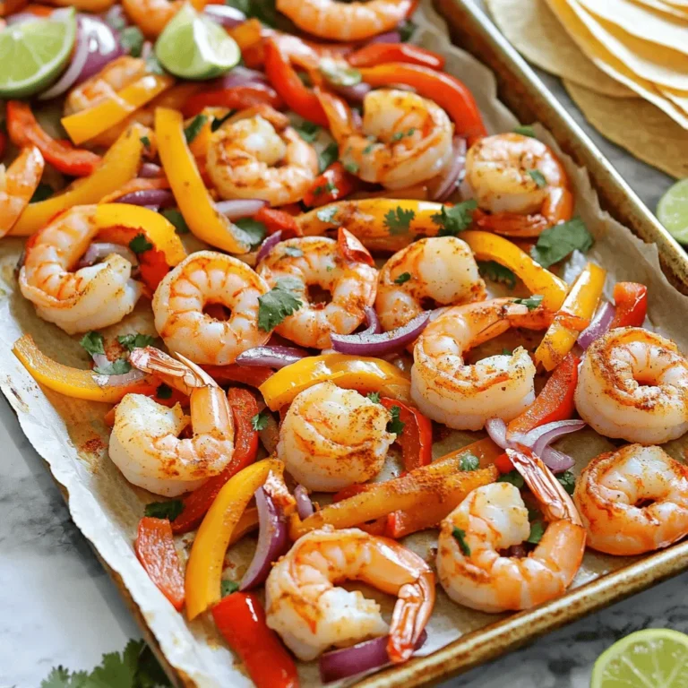 - 1 pound large shrimp, peeled and deveined - 1 red bell pepper, sliced - 1 yellow bell pepper, sliced - 1 red onion, sliced - 3 tablespoons olive oil - 2 tablespoons taco seasoning - 1 tablespoon lime juice For the main ingredients, shrimp is the star. Choose large, fresh shrimp for the best taste. The colorful bell peppers and onion add flavor and crunch. Olive oil helps the spices stick. Lime juice brings freshness to each bite. Taco seasoning adds a great blend of spices. - 1 teaspoon garlic powder - Salt and pepper to taste - Fresh cilantro for garnish For seasoning, garlic powder gives a warm, savory flavor. Salt and pepper balance the taste. Use fresh cilantro as a bright garnish. It adds a nice touch and taste. - Tortillas for wrapping - Optional side dishes Serve the fajita shrimp with warm tortillas. They make a perfect wrap for your meal. You can also add side dishes like rice or beans. These sides make the meal heartier and more filling. Enjoy the mix of flavors and textures! - Preheat your oven to 400°F (200°C). - Line a sheet pan with parchment paper. This makes cleanup easy. - In a large bowl, mix the shrimp, sliced bell peppers, and onion. - Drizzle olive oil and lime juice over the shrimp and veggies. - Add taco seasoning and garlic powder. - Season with salt and pepper, then toss everything together. - Make sure the shrimp and veggies are well coated. - Spread the mixture evenly on the sheet pan. - Bake in the oven for 10-12 minutes. - Check that the shrimp turn pink and are cooked through. - The veggies should be tender. - After baking, let it cool for a minute. - Garnish with fresh cilantro. - Serve with warm tortillas for wrapping. How to choose the right shrimp Pick large shrimp for this dish. They cook evenly and stay juicy. Look for shrimp that are firm and have a fresh smell. If you can, buy shrimp that are wild-caught. They have better flavor than farmed shrimp. Avoiding overcooked shrimp Keep an eye on the shrimp while they bake. They only need about 10-12 minutes in the oven. Remove them once they turn pink and opaque. Overcooked shrimp become tough and rubbery. Trust your eyes; they change color quickly. Alternative vegetables You can mix in different veggies if you want. Zucchini, corn, or even asparagus add great flavor. Just remember to cut them into similar sizes for even cooking. This way, every bite bursts with taste. Homemade taco seasoning If you want to skip store-bought taco seasoning, make your own. Mix chili powder, cumin, paprika, and a pinch of salt. This blend is easy and fresh. Adjust the spices to your liking. Serving directly from the sheet pan Serving from the sheet pan adds a casual vibe. It looks fun and colorful. Guests can grab their tortillas, fill them, and enjoy. This keeps cleanup simple, too! Enhancing with lime wedges and salsa Add lime wedges and a bowl of salsa on the side. The lime juice brightens the dish. Salsa adds a burst of flavor and color. This makes your meal look even more inviting. {{image_2}} Want to spice things up? Add jalapeños or hot sauce. Sliced jalapeños give a fresh crunch and heat. You can also drizzle hot sauce over the shrimp before serving. This adds a zesty kick that will please heat lovers. If you prefer a vegetarian meal, swap shrimp for tofu or other veggies. Firm tofu absorbs flavors well. Just cut it into cubes and mix it with the peppers and onion. You can also try mushrooms, zucchini, or corn for added texture and taste. You can explore different flavor profiles with this dish. For a Mexican twist, use traditional spices like cumin and chili powder. For a Tex-Mex vibe, try adding cheese or sour cream when serving. Both styles will deliver a delicious meal that satisfies your cravings. To keep your shrimp fajitas fresh, store them in an airtight container. Make sure to refrigerate them within two hours of cooking. This helps prevent bacteria growth. Your leftovers will stay good for up to three days. If you have extra tortillas, store them separately. This keeps them from getting soggy. Reheating shrimp fajitas can be quick and easy. You can use the microwave for fast results. Place the shrimp and veggies in a microwave-safe dish. Heat for about one to two minutes, or until warm. Stir halfway through to ensure even heating. If you prefer, you can also reheat them in a skillet over medium heat. Just add a little olive oil to avoid sticking. If you want to save some for later, freezing is a great option. First, let the shrimp mixture cool down completely. Then, transfer it to a freezer bag or container. Be sure to remove as much air as possible. This helps prevent freezer burn. Your fajita mix can last up to three months in the freezer. To thaw, place it in the fridge overnight or use the microwave on a low setting. Can I use frozen shrimp for this recipe? Yes, you can use frozen shrimp. Just make sure to thaw it first. Place the shrimp in a bowl of cold water for about 15-20 minutes. This method works well and saves time. How do I know when shrimp are cooked through? Shrimp are done cooking when they turn pink and curl into a C shape. They should also feel firm to the touch. Overcooked shrimp become tough and rubbery, so keep an eye on the time. What are the best tortillas to use? Corn tortillas add a nice flavor. They are gluten-free and hold the filling well. Flour tortillas are great for a softer bite. Choose what you enjoy most! Can I prepare this recipe ahead of time? Yes, you can prep the shrimp and veggies a few hours in advance. Just mix them and store in the fridge. When you're ready, bake them for a quick meal. How to enhance flavor without extra calories? Use fresh herbs like cilantro or parsley. You can also add lime juice for brightness. These options make your dish tasty without adding fat or calories. Is this recipe suitable for meal prep? Absolutely! The fajita shrimp keep well in the fridge. Store them in airtight containers. They can last for up to three days, making them perfect for lunch or dinner. This blog post covered how to make delicious shrimp fajitas. We discussed key ingredients, including shrimp, peppers, and spices. I shared step-by-step instructions for cooking and serving. You learned tips for perfecting the recipe and variations for different tastes. In conclusion, shrimp fajitas are fun and easy to make at home. With a few simple steps, you can enjoy a tasty meal. Don't hesitate to experiment and make this dish your own!