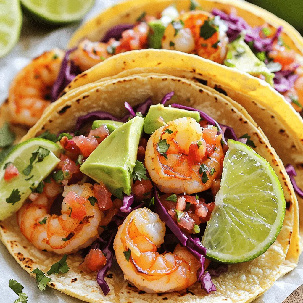 - 1 lb large shrimp, cleaned and deveined - 1/4 cup fresh cilantro, chopped - 2 tablespoons lime juice - 2 cloves garlic, minced - 1 teaspoon chili powder - 1 teaspoon cumin - Salt and pepper to taste - 8 corn tortillas - 1 avocado, sliced - 1 cup red cabbage, finely shredded - 1 cup pico de gallo (store-bought or homemade) - Lime wedges for serving Cilantro lime shrimp tacos are a joy to make. You need fresh shrimp, lime, and cilantro for bright flavors. Start with one pound of large shrimp. Make sure they are cleaned and deveined. This helps the shrimp cook evenly and taste great. Next, chop a quarter cup of fresh cilantro. This adds a nice, herbal note. You will also need two tablespoons of lime juice. Fresh lime juice gives a zesty kick. Add two minced garlic cloves for depth. For spices, use one teaspoon each of chili powder and cumin. They bring warmth and earthiness to the dish. Add salt and pepper to taste. This will enhance the flavors of your shrimp. Finally, gather your toppings. You will want eight corn tortillas. They are soft and perfect for wrapping. Slice one avocado for creaminess. Shred one cup of red cabbage for crunch. You can use store-bought or homemade pico de gallo, about one cup. This adds fresh tomatoes and onions. Don’t forget lime wedges to serve. They provide extra zest when squeezed on top. These ingredients come together to make a tasty meal. You can mix and match toppings to suit your taste. Enjoy the fresh flavors in every bite! - Combine shrimp, cilantro, lime juice, garlic, chili powder, cumin, salt, and pepper in a bowl. - Allow to marinate for 15-20 minutes for optimal flavor absorption. Marinating is key. This step helps the shrimp soak up all those bright flavors. The lime juice gives it a fresh zing that balances well with the spice from chili powder. I always mix well so each shrimp gets a good coat. - Heat a non-stick skillet over medium-high heat. - Cook the marinated shrimp for 2-3 minutes on each side until pink and opaque. Cooking shrimp is quick and easy. Make sure your skillet is hot first. This helps the shrimp cook evenly and keeps them tender. You want to see that beautiful pink color. If they crowd the pan, they won’t cook right, so do it in batches if needed. - Warm corn tortillas in a separate skillet for about 30 seconds per side. - Assemble the tacos by adding shrimp, avocado, red cabbage, and pico de gallo to each tortilla. Warming tortillas is simple. Just a quick heat in a skillet makes them soft and pliable. When it’s time to assemble, layer the shrimp first. Then add creamy avocado, crunchy red cabbage, and fresh pico de gallo. Each bite should be a mix of flavors and textures. To make great tacos, start with fresh shrimp. Look for shrimp that smell clean and ocean-like. They should be firm and slightly translucent. For cilantro, choose bright green leaves without any wilting. Avoid any brown or yellow leaves. When buying avocados, pick ones that yield slightly when pressed. This means they are ripe. If they feel hard, let them sit at room temperature for a few days. Cook shrimp quickly to keep them tender. Heat your skillet to medium-high before adding shrimp. Cook them for 2-3 minutes on each side. They will turn pink and opaque when done. Avoid overcrowding the pan. If needed, cook in batches. Warming tortillas makes them soft and tasty. Heat them in a dry skillet for about 30 seconds on each side. This helps keep them pliable for wrapping. For great tacos, distribute toppings evenly. Start with shrimp, then add avocado and cabbage. A spoonful of pico de gallo adds flavor. To balance flavors, think of textures and tastes. The creamy avocado pairs well with crunchy cabbage. The fresh pico de gallo adds a zesty kick. Enjoy the mix of flavors in every bite! {{image_2}} You can switch shrimp for other proteins. Fish like tilapia or salmon works well. Chicken is another great choice. Just grill or sauté it like shrimp. For a vegetarian option, try grilled veggies. Bell peppers, zucchini, and onions make a tasty mix. Tofu is also a solid choice. It soaks up flavors well and adds protein. Want more flavor? Add spices! Smoked paprika gives a rich taste. Sriracha adds heat if you like it spicy. Fruits can also enhance your tacos. Mango or pineapple add a sweet touch. Their freshness balances the spice perfectly. You can mix them into salsa or top your tacos directly. These tacos pair well with side dishes. Mexican rice adds a hearty touch. Black beans are also a great choice. They add protein and fiber to your meal. For drinks, consider a light beer or margarita. A refreshing agua fresca can be perfect too. Pairing drinks and sides makes your meal even better. To keep your leftover shrimp tacos fresh, place them in a sealed container. Make sure to separate the ingredients to prevent sogginess. Store shrimp and toppings in one container and tortillas in another. This helps maintain texture and flavor. When you are ready to eat, reheat the shrimp in a skillet over medium heat. This keeps them juicy and flavorful. Avoid using a microwave, as it can make the shrimp tough. Warm the tortillas in the skillet for a minute before serving. Yes, you can freeze shrimp and tortillas. To freeze shrimp, place them in a freezer-safe bag. Remove as much air as possible before sealing. For tortillas, stack them and wrap them tightly in plastic wrap. Place both items in the freezer. To thaw shrimp, move them to the fridge overnight. For tortillas, leave them at room temperature for an hour. You can also warm them directly in a skillet. This method helps retain their flavor and texture. Marinated shrimp lasts about 1-2 days in the fridge. Always check for any off smell before using. If cooked, shrimp tacos should be eaten within 3 days for the best taste. Store them in the fridge and follow the previous tips for keeping them fresh. Making Cilantro Lime Shrimp Tacos is quick and easy. It takes about 20 minutes to prep and another 20 minutes to cook. So, you can enjoy these tasty tacos in just 40 minutes. Perfect for a busy weeknight or a fun weekend meal! Yes, you can add some heat! You can mix in diced jalapeños or a splash of hot sauce. If you like smokiness, try adding smoked paprika. For an extra kick, sprinkle in more chili powder. Adjust the spice level to suit your taste! These tacos pair well with many sides and drinks. Here are some ideas: - Mexican rice - Black beans - Grilled corn on the cob - Chips with salsa or guacamole - A cold beer or a refreshing margarita Yes, you can prep a few components in advance! Marinate the shrimp a few hours ahead. You can also warm the tortillas before serving. Just remember, assemble the tacos right before eating to keep them fresh and crunchy! This blog post covers a simple and tasty way to make cilantro lime shrimp tacos. We explored the key ingredients, cooking steps, and tips to perfect your taco game. Remember, fresh ingredients make a big difference. You can also switch proteins or add your favorite spices for variety. Whether you enjoy them right away or save leftovers, these tacos are sure to please. Dive into creating your own delicious tacos, and enjoy every bite you take!