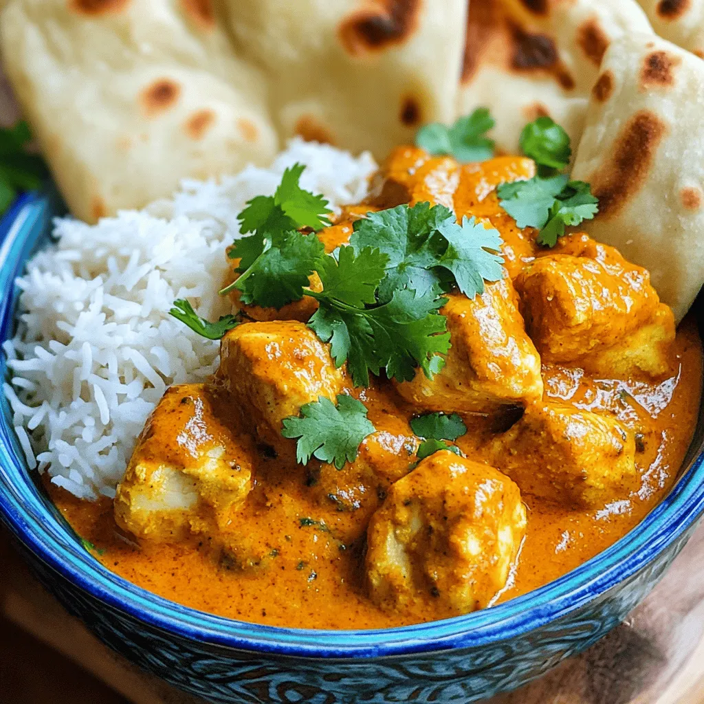 - 500g boneless chicken thighs, cut into bite-sized pieces - 1 cup plain yogurt - 2 tablespoons lemon juice - 2 tablespoons garam masala - 1 teaspoon ground cumin - 1 teaspoon ground coriander - 1 teaspoon turmeric - 1 teaspoon smoked paprika You need chicken thighs for a juicy, tender bite. The yogurt and lemon juice help tenderize the chicken and add zest. The spices are the heart of this dish: garam masala gives warmth, cumin adds earthiness, coriander brings brightness, turmeric colors the dish, and smoked paprika adds a hint of smokiness. - 2 cloves garlic, minced - 1 inch ginger, grated - 1 onion, finely chopped - 1 can (400g) diced tomatoes - 1 cup coconut milk - 3 tablespoons vegetable oil Garlic and ginger provide depth. Onions give sweetness, while diced tomatoes add acidity. Coconut milk makes the sauce rich and creamy. Vegetable oil helps cook the onions and chicken evenly. - Fresh coriander leaves, for garnish - Recommended side dishes: basmati rice and naan Fresh coriander leaves brighten the dish. Serve with fluffy basmati rice to soak up the sauce. Warm naan is perfect for dipping and adds a lovely texture. Enjoy your meal! To make your marinade, mix these in a bowl: - 1 cup plain yogurt - 2 tablespoons lemon juice - 2 tablespoons garam masala - 1 teaspoon ground cumin - 1 teaspoon ground coriander - 1 teaspoon turmeric - 1 teaspoon smoked paprika - 2 cloves garlic, minced - 1 inch ginger, grated This blend gives the chicken great flavor. Add your chicken thighs and coat them well. Cover the bowl and place it in the fridge. Let the chicken marinate for at least 1 hour. For best results, marinate overnight. This time allows the spices to soak in, making the chicken tender and tasty. In a large skillet, heat 2 tablespoons of vegetable oil over medium heat. Add one finely chopped onion. Sauté the onion until it turns golden brown, about 5 to 7 minutes. Next, add the marinated chicken to the skillet. Make sure to reserve any extra marinade. Cook the chicken for about 8 to 10 minutes. Stir it occasionally until the chicken is browned and cooked through. Now, pour in one can of diced tomatoes along with the reserved marinade. Stir this well and let it simmer for 5 minutes. Then, add 1 cup of coconut milk. Mix it thoroughly and let the sauce simmer on low heat for another 10 minutes. The sauce should thicken, and you can add salt to taste. For a lovely presentation, serve the Chicken Tikka Masala in a vibrant bowl. Pair it with steamed basmati rice and warm naan bread. This makes a colorful plate and adds to the meal's enjoyment. To enhance the flavor, sprinkle fresh coriander leaves on top. This not only looks great but also adds a fresh taste that pairs well with the rich sauce. Enjoy your meal! To get the best flavor, marinate the chicken for at least one hour. For even better results, let it sit overnight. The longer it marinates, the more flavor it absorbs. You can also try using buttermilk instead of yogurt. This gives a nice tang and helps tenderize the chicken. You can cook Chicken Tikka Masala in a skillet or oven. A skillet gives you great control over the heat. It helps brown the chicken nicely. If you use the oven, preheat it to a high temperature to get that perfect char. Always use fresh spices. They add much more flavor than old ones. To make the dish less spicy, reduce the amount of garam masala and paprika. You can also add a bit more coconut milk to cool it down. Balancing flavors is key. If it tastes too spicy, add a pinch of sugar. This can help tone down the heat and enhance the overall taste. {{image_2}} You can easily make Chicken Tikka Masala vegetarian. Just swap chicken for paneer or tofu. Paneer gives a nice texture, while tofu absorbs flavors well. Both options will work great in this dish. When using paneer, cut it into cubes and add it to the marinade. If you're using tofu, press it first to remove extra water. This helps it soak up the spices more. Cooking times will change slightly. Cook paneer for about 5-7 minutes until it’s golden. For tofu, aim for 8-10 minutes, stirring gently so it doesn’t break apart. This way, you’ll keep that yummy flavor. Different regions have unique spices for Chicken Tikka Masala. In Northern India, you might find a richer sauce with more cream. Southern versions may include coconut, adding a sweet note. The spices also change. Some regions use more chili for heat, while others prefer a milder flavor. Feel free to explore these variations for your own twist on the dish. Sides also vary by culture. In India, you might serve it with naan or roti. In the UK, it’s often paired with rice or chips. Try different sides to see what you enjoy best. You can adapt Chicken Tikka Masala for a slow cooker or an Instant Pot. This method makes cooking easier and more hands-off. For the slow cooker, marinate the chicken as usual. Then, add everything to the pot. Cook on low for 6-8 hours or on high for 3-4 hours. This helps the flavors meld beautifully. In an Instant Pot, you’ll need less time. After marinating, sauté the onions first. Add the chicken and sauce, then seal the lid. Cook on high pressure for 10 minutes. Quick and tasty! To keep your Chicken Tikka Masala fresh, store it in an airtight container. Let it cool before sealing to avoid steam buildup. Place the container in the fridge. Use it within 3 to 4 days for the best taste. If you want to keep it longer, freezing is a good option. Freezing is simple. Start by letting the dish cool completely. Then, divide it into portions. Use freezer-safe bags or containers. Remove as much air as possible to prevent freezer burn. Label the bags with the date. To reheat, thaw in the fridge overnight. Heat it gently on the stove or in the microwave until hot. Chicken Tikka Masala lasts up to 4 days in the fridge. In the freezer, it stays good for about 3 months. After that, the taste may change. Always check for signs of spoilage, like off smells or changes in texture. Eating it fresh is always best! Chicken Tikka Masala has roots in Indian cuisine. It mixes flavors from India and England. Some say it was created by Indian cooks in Britain. They made it to please British tastes. It blends grilled chicken in spices with a creamy sauce. This dish became popular worldwide. It shows how food connects cultures. Yes, you can use chicken breast. However, thighs are more tender. They have more fat, so they stay juicy. Chicken breasts cook faster and can dry out. If you use breasts, check for doneness sooner. You can also cut them into smaller pieces for even cooking. To make it milder, use less garam masala. You can also skip the smoked paprika. Adding more coconut milk helps tone down heat. You can include sugar for sweetness too. Serve with yogurt or sour cream to balance flavors. These tips will help you enjoy the dish without too much spice. In this article, we explored how to make a delicious Chicken Tikka Masala. We covered the key ingredients like chicken thighs, yogurt, and spices. I shared steps to marinate and cook the dish perfectly. We also discussed serving tips and storage methods, plus variations for different diets. Remember, cooking is a fun journey. Don't hesitate to try new ingredients or methods. Each meal is a chance to learn and improve your skills. Enjoy your cooking and share your tasty creations!