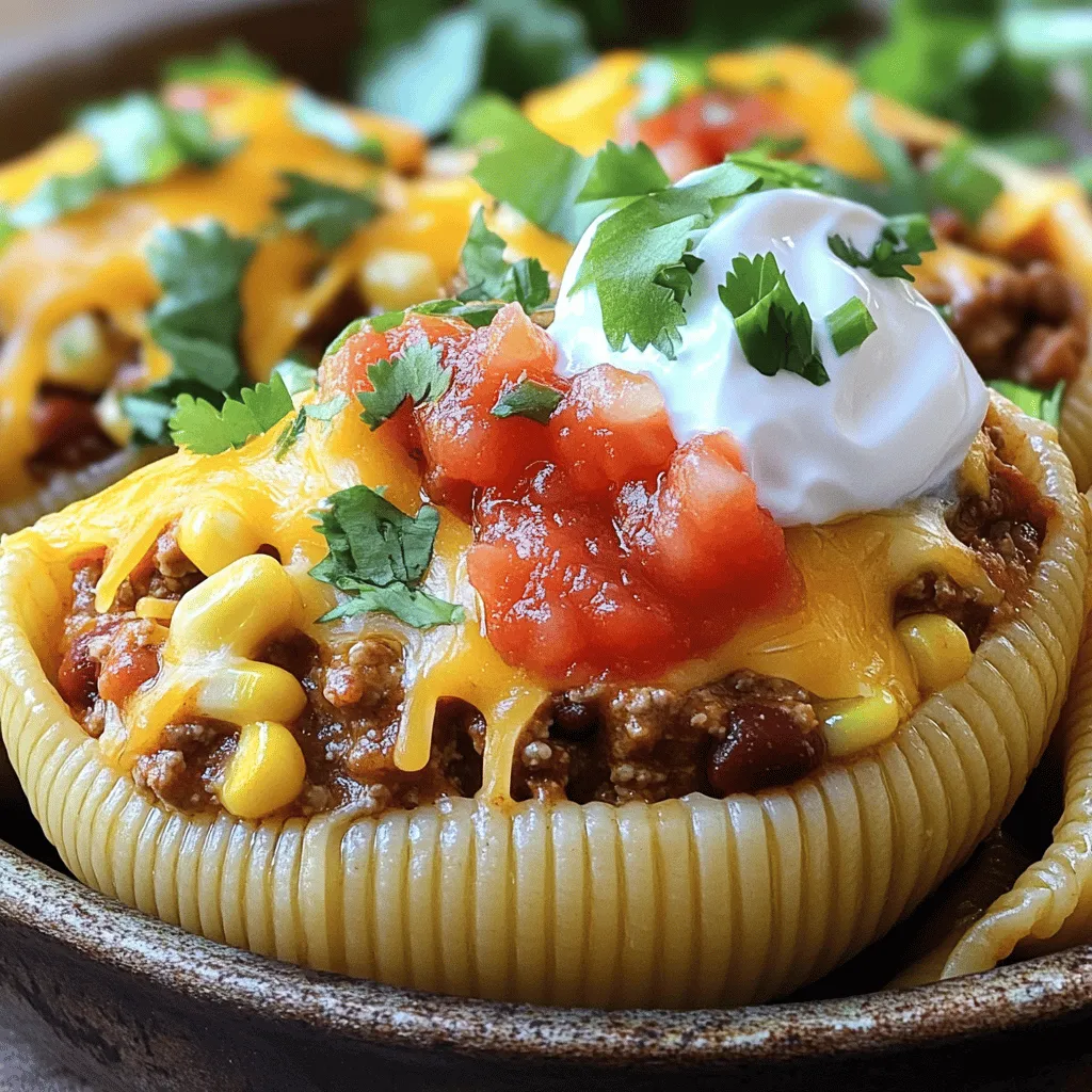- 20 jumbo pasta shells - 1 lb ground beef or turkey - 1 packet taco seasoning - 1 cup refried beans - 1 cup corn (canned or frozen) - 1 cup salsa - 2 cups shredded Mexican cheese blend - 1/2 cup chopped green onions - 1/2 cup sour cream (for topping) - Fresh cilantro (for garnish) - Salt and pepper to taste To make cheesy taco stuffed shells, gather these tasty ingredients. Jumbo pasta shells hold everything inside. You can use ground beef or turkey for protein. Taco seasoning adds flavor. Refried beans give a creamy texture. Corn adds sweetness and crunch. Salsa brings spice and moisture. You need two cups of shredded Mexican cheese blend for a gooey touch. Don’t forget the green onions for a fresh kick. Sour cream on top makes it rich and cool. Fresh cilantro adds brightness. Lastly, season with salt and pepper to your liking. This mix of ingredients creates a fun and delicious dish. It’s perfect for dinner or a gathering. Enjoy these flavors together in each bite! First, preheat your oven to 375°F (190°C). This step is key. It ensures even cooking for your stuffed shells. While the oven heats, fill a large pot with water. Add some salt and bring it to a boil. Once the water is bubbling, add the jumbo pasta shells. Cook them according to the package, which is about 8-10 minutes. You want them al dente, so they hold up when stuffed. After cooking, drain the shells and set them aside to cool. Next, grab a large skillet and place it over medium heat. Add your ground beef or turkey to the pan. Cook this meat until it turns brown. This usually takes about 5-7 minutes. Drain any extra fat from the pan. Now, sprinkle in the taco seasoning. Pour in 3/4 cup of water, too. Stir it well and let it cook for another 5 minutes. This lets the flavors blend. After that, add in the refried beans, corn, and 1 cup of salsa. Mix everything until well combined. Taste it and add salt and pepper as needed. Now, it's time to stuff the shells! Take each cooked shell and carefully spoon in the taco filling. Place the filled shells open side up in a greased baking dish. Once all shells are filled, pour the remaining salsa over them. This adds flavor and moisture. Finally, sprinkle the shredded Mexican cheese blend on top evenly. Cover your baking dish with aluminum foil. This helps keep the shells moist while they cook. Place the dish in the preheated oven and bake for 20 minutes. After that, remove the foil and bake for an additional 10 minutes. This last step melts the cheese and makes it bubbly. Once baked, take the dish out and let it cool for a few minutes. This helps avoid burns when serving. Top each shell with a dollop of sour cream. Then, sprinkle on some sliced green onions and fresh cilantro. These toppings add freshness and flavor, making your dish look great! You can cook Cheesy Taco Stuffed Shells in different ways. You might use an air fryer or stovetop. Both methods can give you tasty results. For air frying, cook at 375°F for about 15 minutes. For stovetop, cover and simmer on low for 20 minutes. To get the best texture, make sure the pasta shells are al dente. If they cook too long, they can break. Drain them well and let them cool before stuffing. This helps keep them firm. If you want to skip the meat, use black beans or lentils. Both options give great flavor. You can also use tempeh or tofu for a protein boost. For a vegan option, replace sour cream with cashew cream or avocado. You can find plant-based cheese in stores too. Just check the labels to ensure they fit your diet. To serve, place the stuffed shells on a big platter. This looks nice and invites sharing. Drizzle some extra salsa on top for color. For plating, stack the shells in a pyramid shape. This adds height and looks fancy. Finish with green onions and cilantro for a pop of color. Each bite will be as beautiful as it is delicious! {{image_2}} You can switch out the ground beef for other meats. Chicken or turkey works well. These meats keep the dish light and tasty. If you use chicken, try shredded rotisserie chicken for a quick option. Turkey adds a nice lean touch without losing flavor. Both options pair perfectly with the taco seasoning, making them fun and easy swaps. Want to spice things up? Add some chili powder or cumin to the filling. You can also mix in diced jalapeños for heat. Toppings can also change the dish. Try adding sliced olives, diced tomatoes, or avocado. Fresh lime juice can brighten the flavor too. Experimenting with these extras keeps the recipe exciting and new. If you need gluten-free options, use gluten-free pasta shells. Make sure to check the labels. For those on a low-carb diet, replace pasta with zucchini noodles. You can also use cauliflower rice as a filling base. These swaps keep the taste while fitting your diet. To keep your cheesy taco stuffed shells fresh, follow these steps: - Storing in the fridge: Place any leftovers in an airtight container. Store them in the fridge for up to three days. Make sure to cool them down before sealing the container. - Freezing instructions: If you want to save them longer, freeze the stuffed shells. Wrap them tightly in plastic wrap, then place them in a freezer-safe bag. They can last up to three months in the freezer. When it’s time to enjoy your leftovers, reheating them correctly matters. Here are the best methods for reheating stuffed shells: - Oven method: Preheat your oven to 350°F (175°C). Place the stuffed shells in a baking dish. Add a splash of water or salsa to keep them moist. Cover with foil and bake for about 20 minutes. - Microwave method: Put the shells on a microwave-safe plate. Add a little salsa or water to keep them from drying out. Heat in the microwave for about 2-3 minutes, checking every minute. Using these methods will keep your cheesy taco stuffed shells tasty and enjoyable! You can make your own taco seasoning. Use these spices: - 1 tsp chili powder - 1 tsp cumin - 1 tsp garlic powder - 1 tsp paprika - 1/2 tsp onion powder - Salt and pepper to taste Mix these spices together. This blend gives great flavor and is easy to make. Yes, you can prep these shells in advance. Just follow these steps: 1. Cook and stuff the shells. 2. Cover them well and refrigerate. 3. Bake them when ready. Just add a few extra minutes to the baking time. This makes weeknight dinners a breeze! To add heat, try these options: - Add diced jalapeños to the filling. - Include a dash of hot sauce in the salsa. - Use pepper jack cheese instead of regular cheese. These small changes can really kick up the spice! Absolutely! Here are some great options: - Cheddar cheese for a sharper taste. - Monterey Jack for a creamy texture. - Queso fresco for a crumbled topping. Mix and match to find your favorite cheese combo! For the best results, use the oven. Follow these steps: 1. Preheat your oven to 350°F (175°C). 2. Place shells in a baking dish. Add a bit of salsa or water to keep them moist. 3. Cover with foil and heat for 15-20 minutes. This keeps the cheese melted and the pasta soft! You can create delicious Cheesy Taco Stuffed Shells using simple ingredients and steps. Remember to preheat your oven and prepare your pasta shells. Whether you choose beef or a meat alternative, the filling is key to flavor. Garnish with fresh toppings for a pleasing look and taste. Don’t forget about storage and reheating options for leftovers. Lastly, feel free to explore variations that suit your diet. Enjoy making this fun dish, and share it with family and friends. It’s sure to be a hit!