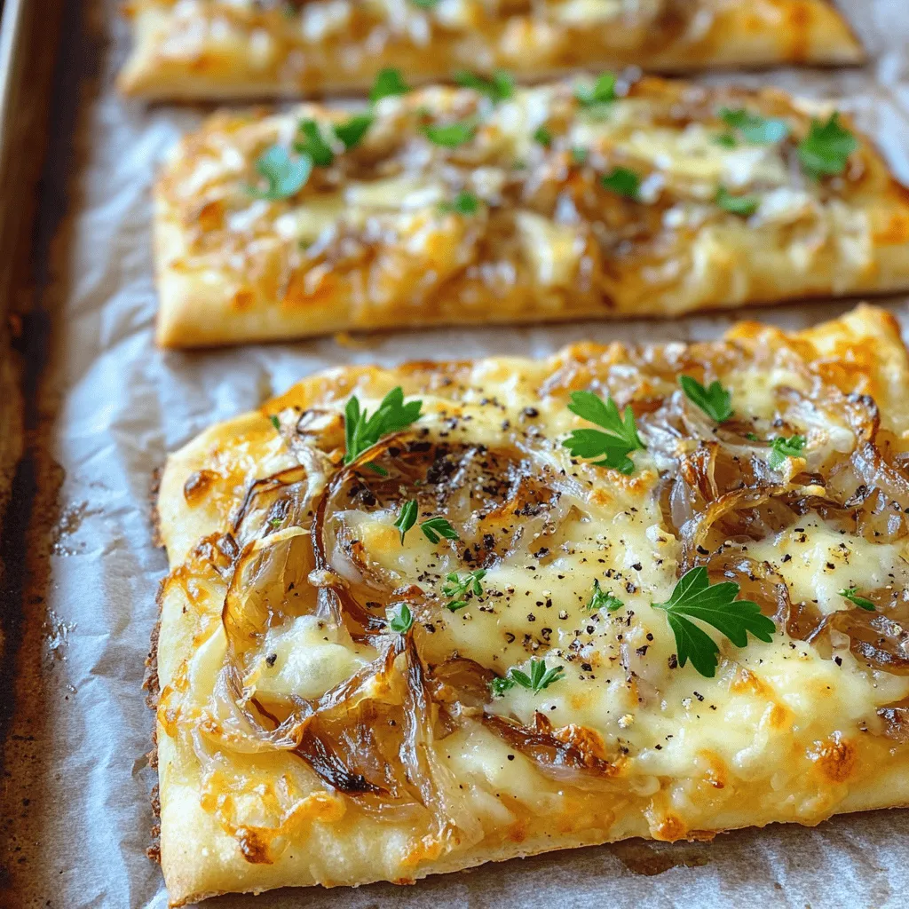 - 1 large flatbread (store-bought or homemade) - 2 large yellow onions, thinly sliced - 2 tablespoons olive oil - 1 teaspoon sugar - 1 teaspoon balsamic vinegar - 1 teaspoon fresh thyme leaves (or ½ teaspoon dried thyme) - 1 ½ cups grated Gruyere cheese - Salt and pepper to taste - Fresh parsley for garnish (optional) This flatbread relies on a few key ingredients. The yellow onions bring sweetness. The Gruyere cheese adds a rich, nutty flavor. Olive oil helps to cook the onions perfectly. Balsamic vinegar gives a hint of tang, while thyme adds freshness. You can change things up by adding: - Cooked bacon for a smoky taste - Sliced mushrooms for earthiness - Spinach for extra greens - Red pepper flakes for some heat These optional ingredients can enhance your flatbread. Each adds a different layer of flavor. To make this flatbread, you will need: - A large skillet for cooking onions - A baking sheet lined with parchment paper - A knife for slicing onions - A cutting board for prep - A cheese grater for the Gruyere Using the right tools makes cooking easier. Each tool helps you achieve the best results for your flatbread. To start, gather your onions and slice them thinly. Heat the olive oil in a large skillet over medium heat. Add the sliced onions along with a pinch of salt. Cook for about 15 minutes, stirring often. The onions should soften and begin to caramelize. Next, sprinkle the sugar over the onions. This helps them turn a deep, rich brown. Lower the heat slightly and cook for another 10 minutes. Stir in the balsamic vinegar and thyme for extra flavor. Cook for 2 more minutes, then remove from heat. Set aside the caramelized onions. Now it’s time to build your flatbread. Preheat your oven to 425°F (220°C). Place the flatbread on a baking sheet lined with parchment paper. Spread the caramelized onions evenly over the flatbread. Leave a small border around the edges for a nice crust. Next, sprinkle the grated Gruyere cheese generously on top of the onions. This cheese adds a creamy and nutty flavor that pairs perfectly with the onions. Once your flatbread is assembled, it’s time to bake. Put the flatbread in the preheated oven. Bake for about 10 to 12 minutes. You want the cheese to be bubbling and slightly golden. When it’s done, remove the flatbread from the oven. Let it cool for a few minutes. You can season it with freshly ground black pepper and sprinkle chopped parsley on top. Slice the flatbread into pieces and serve warm for a delightful treat. To get sweet, rich flavors in your onions, you must caramelize them well. Start by using medium heat and add a pinch of salt to help them soften. Stir them often for about 15 minutes. Once they soften, sprinkle a teaspoon of sugar over them. This step boosts sweetness and enhances color. Lower the heat slightly and cook for another 10 minutes. Watch them turn a beautiful golden brown. Don’t rush this process; patience is key for that deep flavor. Gruyere cheese shines in this flatbread, but you can swap it if needed. Try using mozzarella for a milder taste. Cheddar adds a sharpness that works well too. For a creamier texture, cream cheese can be mixed in. Make sure to choose a cheese that melts nicely so you get that gooey goodness. Experiment with different cheeses to find your perfect match! This flatbread is perfect for any occasion. Serve it as a starter at a dinner party or as a snack for movie night. Pair it with a fresh salad to balance the richness. A glass of white wine, like Sauvignon Blanc, goes well with the flavors. You can also add a side of roasted veggies for a complete meal. Enjoy sharing this tasty treat with friends and family! {{image_2}} You can change the flavor of your caramelized onion Gruyere flatbread easily. Adding crispy bacon gives a nice crunch and smokiness. Fresh herbs like rosemary or basil can brighten the dish. Try mixing in some roasted garlic for depth. You can also add a bit of heat with red pepper flakes. Each addition brings a new taste that can change the whole dish. If you need a gluten-free option, you can use gluten-free flatbread. Many stores sell these now. You can also make your own using almond flour or chickpea flour. Just follow a simple recipe for gluten-free dough. This way, everyone can enjoy the flatbread without worry. Seasonal toppings can make this dish even more special. In spring, add fresh asparagus or peas for a bright touch. Summer can bring ripe tomatoes or zucchini. In autumn, consider adding roasted pumpkin or butternut squash. Winter is perfect for hearty toppings like sautéed mushrooms or kale. These variations keep your flatbread fresh and exciting all year long. To keep your flatbread fresh, let it cool first. Wrap it tightly in plastic wrap. You can also use an airtight container. Store it in the fridge for up to three days. This way, the flavors stay strong and the flatbread remains soft. When you’re ready to enjoy the flatbread again, preheat your oven to 350°F (175°C). Place the flatbread on a baking sheet. Bake for about 10 minutes. This warms it through and makes the cheese melty again. If you want it crispier, bake for a few extra minutes. If you want to save some flatbread for later, freezing is a great option. Wrap the cooled flatbread in plastic wrap and foil. This prevents freezer burn. Label it with the date. You can freeze it for up to three months. To thaw, place it in the fridge overnight before reheating. This method keeps your flatbread tasty and ready for a quick meal! Gruyere cheese comes from Switzerland. It has a firm texture and a rich taste. This cheese melts well, making it perfect for flatbreads. It has nutty and creamy notes, adding depth to dishes. Gruyere pairs nicely with onions and herbs, boosting the flavor of your flatbread. Yes, you can use other cheeses. Good choices include mozzarella, fontina, or gouda. Each cheese will give a unique taste and texture. If you like a stronger flavor, try aged cheddar. Just remember, the cheese should melt well to create that lovely topping. Perfectly caramelized onions are golden brown and soft. You should stir them often while cooking. Look for a sweet aroma and a rich color. After about 25 minutes, they should be deep brown and taste sweet. Don't rush this step; patience gives the best flavor. Yes, you can prepare parts of this recipe in advance. Caramelize the onions a day before. Store them in the fridge in an airtight container. You can also pre-grate the cheese. When ready, just assemble and bake the flatbread. This saves time and still tastes fresh. This guide covered all you need for delicious flatbread. We explored key ingredients, tools, and step-by-step instructions for easy cooking. Tips for caramelizing onions properly and cheese swaps helped enhance flavor. You learned how to store and reheat leftovers plus exciting variations you can try. Cooking can be fun and rewarding. Get creative and enjoy making your flatbread your own!