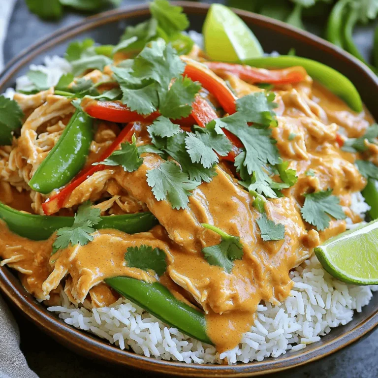 - 2 lbs boneless, skinless chicken thighs - 1 cup peanut butter (creamy or chunky) - 1 cup coconut milk - 1/4 cup soy sauce (or tamari for gluten-free) - 2 tablespoons brown sugar - 3 cloves garlic, minced - 1 tablespoon fresh ginger, grated - 1 teaspoon red pepper flakes (adjust to taste) - 1 bell pepper, sliced (any color) - 1 cup snap peas, trimmed - Fresh cilantro, chopped (for garnish) - Lime wedges (for serving) I love using these simple ingredients to make Slow Cooker Thai Peanut Chicken a true delight. The chicken thighs are the star here. They stay juicy and tender during cooking. You can use creamy or chunky peanut butter, depending on your taste. Coconut milk adds a rich creaminess that really brings the dish together. Brown sugar gives a hint of sweetness. The garlic and ginger add depth and flavor. Red pepper flakes let you control the heat. You can adjust it based on what you like. The vegetables add crunch and color. Bell pepper brings sweetness, while snap peas add a nice snap. The fresh cilantro and lime wedges are perfect for garnish. They brighten the dish and add a fresh taste. This mix of ingredients creates a meal that is both simple and tasty. It’s perfect for busy days when you want something special. To make the peanut sauce, start by gathering your ingredients. You need peanut butter, coconut milk, soy sauce, brown sugar, minced garlic, grated ginger, and red pepper flakes. In a large bowl, combine all these ingredients. Use a whisk to mix them until smooth. This sauce will give your chicken a rich and tasty flavor. Next, it's time to layer the chicken in the slow cooker. Take 2 lbs of boneless, skinless chicken thighs and place them at the bottom. Pour the peanut sauce over the chicken, making sure it covers each piece well. Then, add sliced bell pepper and snap peas on top of the chicken and sauce. This adds great color and crunch. Now, cover the slow cooker with its lid. Set it to low for 6-7 hours or high for 3-4 hours. This will cook the chicken until it's tender. After cooking, use two forks to shred the chicken. Return the shredded chicken back into the sauce and stir well. Your meal is now ready to serve! - You can adjust red pepper flakes for your spice preference. If you like heat, add more. If not, use less. - For a richer sauce, add extra peanut butter. It makes the sauce creamier and more delicious. - Use a meat thermometer to check the chicken. It should reach 165°F to be safe. - Keep the lid sealed during cooking. This helps the dish stay moist and full of flavor. - Serve the meal in a deep bowl. Place jasmine rice at the bottom and drizzle sauce on top. - Add fresh cilantro for a pop of color and extra flavor. It makes the dish look great! {{image_2}} You can switch the chicken thighs for chicken breasts. This makes the dish leaner. If you want a vegetarian option, use tofu or tempeh instead. Both will soak up the sauce well. You can add more veggies for better nutrition. Broccoli, carrots, or zucchini work great. They add color and crunch. You can also try different bell pepper colors. This makes your dish look more vibrant and fun. Feel free to tweak the sauce to your taste. For a nut-free version, swap peanut butter for almond butter. You can also add lime juice to the sauce. This gives it a nice tangy twist that brightens the dish. Store your Thai peanut chicken in an airtight container. It will stay fresh in the fridge for up to 4 days. Make sure to cool it down before sealing the container. This helps keep the chicken tasty and safe to eat. You can freeze the leftovers too! Divide them into portions and store in freezer-safe bags. They will last for up to 3 months. When you're ready to eat, thaw the chicken overnight in the fridge before reheating. This will help keep the texture nice. To reheat, you can use either the stove or the microwave. If using the stove, warm it on low heat. Stir it often to prevent sticking. In the microwave, heat in short bursts. If the sauce is too thick, add a splash of water. This keeps the meal juicy and delicious. Yes, the flavors develop more if made ahead and stored. Making this dish a day before can boost the taste. Just let it cool and keep it in the fridge. When you're ready to eat, reheat it gently. Yes, just use tamari instead of soy sauce for gluten-free compliance. Tamari tastes similar to soy sauce but has no wheat. This swap keeps your meal tasty and safe for those with gluten issues. Best served with rice, noodles, or even over a bed of greens. Jasmine rice pairs well, soaking up the sauce. Noodles add a fun twist, and greens make it fresh. Choose what you like best! Add more red pepper flakes or a splash of sriracha to the sauce. These options let you control the heat. Start small, taste, and adjust to your liking. Enjoy the kick! This recipe brings together simple ingredients for a delicious slow cooker meal. You learned how to make a rich peanut sauce and create a flavor-packed dish. Adjust spices to fit your taste and try new veggies for fun. Remember, leftovers can be stored easily, enhancing future meals. Whether for a family dinner or meal prep, this dish satisfies. Enjoy experimenting with variations to make it your own!