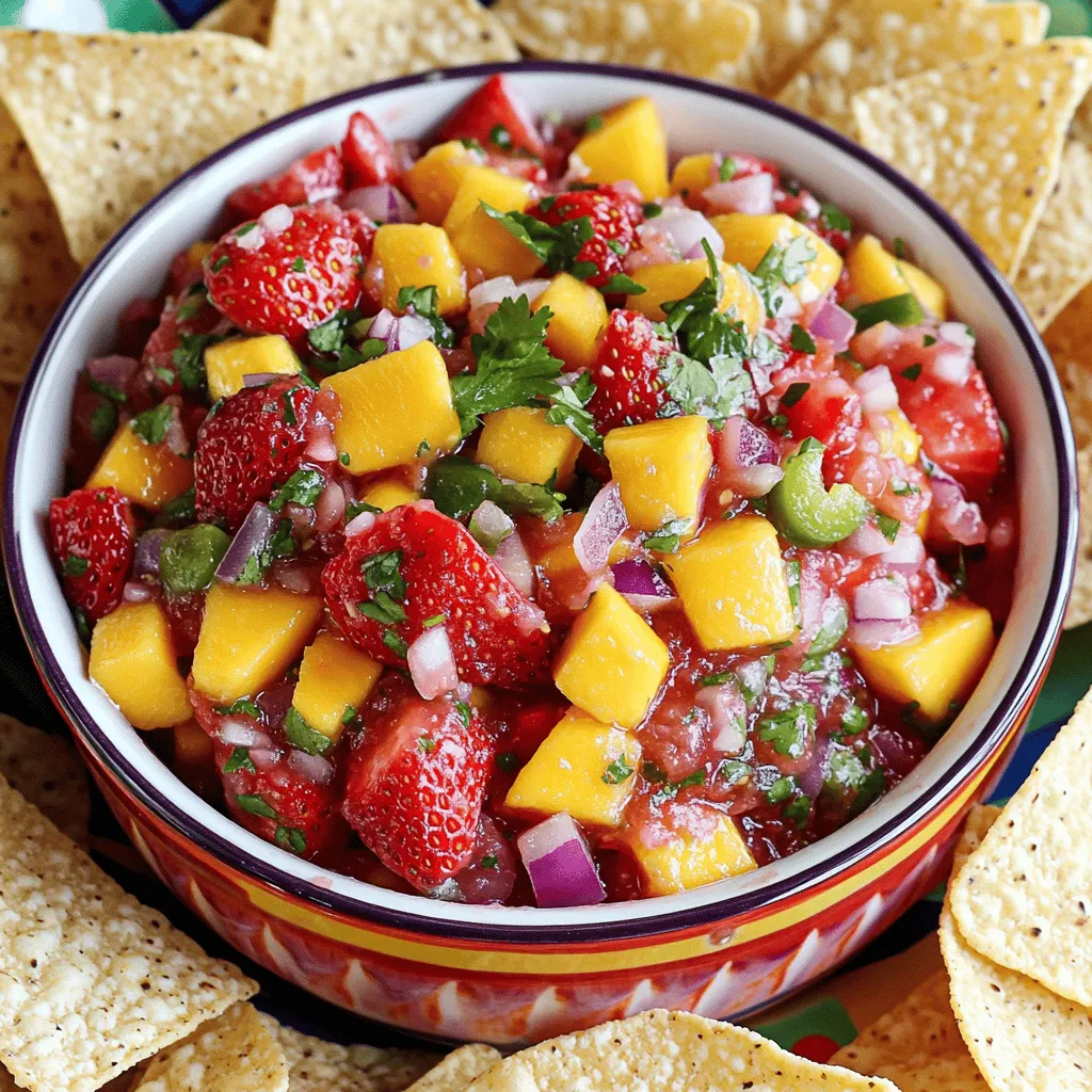 - 2 cups fresh strawberries, hulled and diced - 1 ripe mango, peeled and diced - 1/2 red onion, finely chopped - 1 jalapeño, deseeded and minced (adjust for spice preference) - 1/4 cup cilantro, chopped - Juice of 1 lime - Salt and pepper to taste For this strawberry mango salsa, use fresh, ripe fruits. The strawberries should be bright red and sweet. The mango needs to be soft but not mushy. A ripe mango adds a creamy texture that blends well with the salsa. Red onion gives a nice crunch and flavor. You can use yellow onion if you prefer a milder taste. Jalapeño adds a spicy kick. If you like it mild, remove the seeds and ribs. For more heat, keep them. Cilantro brings a fresh herb taste that brightens the dish. Lime juice adds acidity, balancing the sweetness of the fruit. Salt and pepper enhance all the flavors. Gather these ingredients before you start, so you're ready to create a colorful and tasty dip. 1. In a medium mixing bowl, combine the diced strawberries and mango. These fruits bring bright colors and sweet flavors to the salsa. Use fresh, ripe fruits for the best taste. 2. Add the finely chopped red onion and minced jalapeño to the bowl. The red onion adds crunch, while the jalapeño gives a spicy kick. You can adjust the jalapeño based on your spice preferences. 3. Stir in the chopped cilantro for a fresh flavor kick. Cilantro brings a herbaceous note that balances the sweetness of the fruits. If you’re not a cilantro fan, you can skip it or try another herb. 4. Squeeze the lime juice over the mixture and gently toss everything together until evenly coated. Lime juice adds brightness and helps preserve the freshness of the ingredients. 5. Season with salt and pepper to taste, adjusting as necessary for your preference. A little seasoning enhances all the flavors in your salsa. 6. Allow the salsa to rest for about 15-20 minutes to let the flavors meld together before serving. This resting time allows the ingredients to blend well, making every bite delicious. - Choose ripe fruits for maximum flavor: Select bright, juicy strawberries and a sweet, soft mango. Ripe fruits bring out the best taste in your salsa. - Adjust spice levels by varying jalapeño: If you like heat, add more jalapeño. For mild salsa, use less or remove the seeds. This way, you can control the spice to suit your taste. - Allow resting time for best taste: Let the salsa sit for 15-20 minutes. This helps the flavors mix well. Trust me, waiting makes a big difference! - Best pairings with grilled meats: Serve this salsa over chicken or fish. The fresh taste complements grilled foods very well. - Use as a topping for tacos: Add a scoop of salsa on your tacos. It brings a burst of flavor that everyone will love. - Serve with tortilla chips or crackers: This salsa is great as a dip. Pair it with crispy chips or crunchy crackers for a fun snack! {{image_2}} You can change the taste of your strawberry mango salsa easily. Here are some fun ideas: - Tropical additions: Try adding diced pineapple or kiwi for a fresh twist. These fruits enhance the sweetness and give a tropical vibe. - Herb variations: Instead of cilantro, use mint or parsley. This switch brings a different flavor and aroma to the salsa. - Heat variations: If you love spice, add more jalapeño or sprinkle in chili powder. Adjust the heat to fit your taste. You can make this salsa fit various diets. Here are some suggestions: - Gluten-free options: Great news! This salsa is naturally gluten-free. Enjoy it on your favorite gluten-free chips. - Vegan alternatives: The salsa is already vegan! It has no animal products, so dig in without worry. - Low-calorie suggestions: If you want a lighter salsa, skip the salt. You can also lower the portion size while still enjoying the flavors. Feel free to mix and match these ideas. This salsa is all about fun and tasty experiments! To keep your strawberry mango salsa fresh, store it in the refrigerator. Use an air-tight container to keep out air and moisture. This method helps maintain the vibrant flavors and textures. You can also freeze salsa for later use. Just make sure to leave some space in the container. Salsa expands when it freezes. Thaw it in the fridge overnight before serving. The recommended shelf life for homemade salsa is about 3 to 5 days in the fridge. If frozen, it can last for 2 to 3 months. Use air-tight containers for short-term storage. They are easy to seal and keep salsa fresh. Glass jars are another great option. They look nice and do not absorb odors. To avoid oxidation, keep salsa covered. This stops browning and keeps your dish looking vibrant. You can also add a thin layer of lime juice on top before sealing. This helps keep the colors bright and the flavors fresh. Yes, you can make Strawberry Mango Salsa ahead of time. It tastes even better after sitting for a bit. I suggest making it a few hours before serving. This gives the flavors a chance to mix. Store it in the fridge until you are ready to eat. To cut mango for salsa, first, peel the mango. Place it on the cutting board. Hold the mango upright and slice down along the pit. Cut both sides off. Then, dice the flesh into small pieces. This method helps avoid waste and gives you nice chunks for your salsa. To adjust the spice level for kids, skip the jalapeño or use less. You can also remove the seeds for a milder taste. If you want some heat, try a sprinkle of mild chili powder instead. Always taste the salsa and adjust as needed. Absolutely! If you don’t have strawberries, try using peaches or apples. You can swap out the mango for pineapple if you prefer. If you can’t find fresh cilantro, use parsley for a different flavor. Being creative with ingredients can lead to new favorites! This blog post detailed how to make a fresh and tasty Strawberry Mango Salsa. We covered the ingredients, step-by-step instructions, and storage tips. Remember to choose ripe fruits for the best taste. Feel free to tweak the recipe to fit your needs. Experiment with flavors and spice levels to find what you love. This salsa is versatile, pairing well with many foods. Enjoy creating your dish and share it with friends and family!