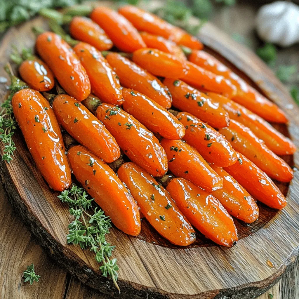 - 1 lb baby carrots, peeled - 3 tablespoons unsalted butter, melted - 2 tablespoons honey - 3 cloves garlic, minced - 1 teaspoon fresh thyme leaves (or ½ teaspoon dried thyme) - Salt and freshly ground black pepper to taste - Fresh parsley, chopped (for garnish) When it comes to making Honey Garlic Butter Roasted Carrots, the right ingredients make all the difference. I love using fresh baby carrots because they are sweet and tender. You will want to peel them for a clean look. Butter adds a rich flavor. It melts beautifully and helps the honey stick. Honey brings a natural sweetness that caramelizes in the oven. Garlic is key for depth. It gives the dish a nice savory edge. Thyme adds a fresh herbal note. You can use fresh or dried thyme, but fresh is always best if you can find it. Don't forget salt and pepper! They bring out the other flavors. Adjust them to your taste for the perfect balance. For a finishing touch, sprinkle with fresh parsley. It looks great and adds a pop of color. This blend of ingredients creates a side dish that is not just delicious but also visually appealing. - Preheat the oven to 400°F (200°C). - Prepare a large bowl for mixing ingredients. - Combine melted butter, honey, minced garlic, thyme, salt, and pepper. - Mix well until all ingredients are thoroughly combined. - Toss peeled baby carrots in the honey garlic mixture. - Spread carrots in a single layer on a parchment-lined baking sheet. - Roast in the oven for 25-30 minutes, stirring halfway through. These steps create a sweet and savory dish. As the carrots roast, they turn tender and caramelized. The honey garlic mixture coats the carrots well, bringing out their natural sweetness. Enjoy the aroma that fills your kitchen as they cook! - To get nice, even roasting, avoid overcrowding the baking sheet. - If you like softer carrots, adjust the roasting time. Cook a bit longer for extra tenderness. - Want some heat? Add a pinch of cayenne pepper to the mix. - If you're feeling adventurous, swap honey for maple syrup. This gives a sweet, unique twist. - Make your dish pop! Serve the carrots on a colorful platter, arranged in a fan shape. - For that extra touch, sprinkle some fresh thyme leaves on top. It looks great and adds flavor. {{image_2}} You can swap the baby carrots for parsnips. Parsnips have a sweet, nutty taste that offers a different flavor. If you want to get creative, combine baby carrots with baby potatoes. This mix gives you a colorful and tasty roast that everyone will love. If you want a vegan option, use agave syrup instead of honey. It will still give you that sweet touch. You can also try brown sugar. This will change the flavor and make it deeper and richer. For a different taste, use rosemary or oregano instead of thyme. This can change the whole vibe of the dish. You might also consider adding a squeeze of lemon juice. The lemon adds brightness that can really lift the flavors. Store leftovers in an airtight container in the fridge. This keeps them fresh. Consume within 3-4 days for optimal freshness. The flavors will stay strong, and the texture will remain nice. To reheat, use the oven for best results. It makes the carrots warm and crisp again. You can also use a microwave if you are in a hurry. Consider adding a pat of butter when reheating for extra flavor. This little touch can make a big difference in taste. You can freeze cooked carrots for up to 3 months. This is a great way to save extras. Thaw and reheat thoroughly to enjoy later. Just remember, the texture may change a bit after freezing, but the taste will still be sweet and delicious. Yes, you can use regular carrots; just slice them into uniform pieces. This helps them cook evenly. The size matters for the best taste and texture. Substitute butter with vegan margarine and honey with maple syrup. This keeps the dish tasty while meeting vegan needs. You still get that sweet and savory flavor. These carrots pair well with grilled meats, seafood, or as a side for vegetarian dishes. They add color and flavor to any meal. Try them with chicken or fish for a great match. Refer to our full recipe for detailed cooking instructions and ingredient quantities. Follow it closely for the best results. You’ll want to enjoy these carrots! To sum up, you can make delicious Honey Garlic Butter Roasted Carrots with just a few ingredients. Start with baby carrots, mix them with honey, garlic, and thyme, then roast to perfection. Remember to adjust cooking time for the right tenderness. You can also try variations with other veggies or sweeteners to suit your tastes. This dish is simple, versatile, and perfect for any meal. Enjoy this tasty side with your favorite main dish, and don't forget to share the recipe!