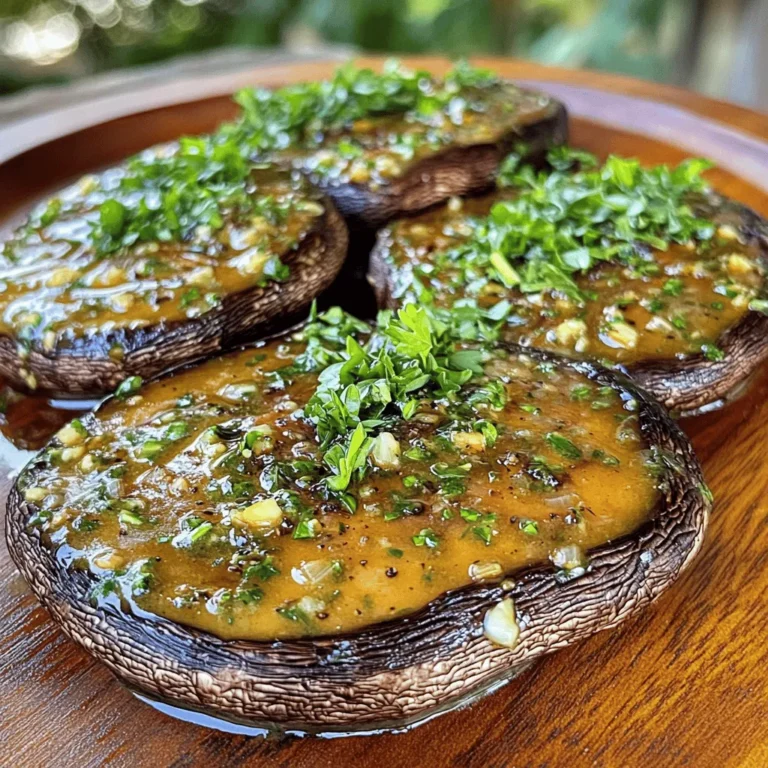 To create these tasty garlic butter mushroom steaks, you need: - 4 portobello mushrooms - 4 tablespoons unsalted butter - 4 cloves garlic, minced - 1 teaspoon fresh thyme leaves (or ½ teaspoon dried thyme) - 1 teaspoon fresh rosemary, chopped (or ½ teaspoon dried rosemary) - Salt and pepper to taste - 2 tablespoons olive oil These ingredients give you the rich, savory flavor you crave. The portobello mushrooms act as the main star, soaking up all that garlic goodness. You can add a few ingredients to boost the flavor even more: - A splash of balsamic vinegar - A pinch of red pepper flakes - A squeeze of fresh lemon juice These extras can enhance the depth of flavor. They give you a hint of brightness and a little heat. Garnishes make your dish look and taste better. Here are great options: - Fresh parsley, chopped - Grated Parmesan cheese - A drizzle of extra garlic butter Adding these garnishes makes your dish pop. They provide a fresh look and extra flavor. To start, you need to prepare the portobello mushrooms. Clean them gently with a damp cloth. This step helps remove dirt without damaging the mushrooms. Next, remove the stems. If you want a cleaner look, use a spoon to scrape out the gills. This makes the mushrooms look better and will help with cooking. Now, let’s make the delicious garlic butter sauce. In a small saucepan, melt the unsalted butter over medium heat. Once it melts, add the minced garlic, fresh thyme, and rosemary. Stir this mix for about 2-3 minutes. The garlic should smell great but not brown. This step brings out the best flavors. Next, heat olive oil in a large skillet over medium-high heat. Place the mushrooms cap side down in the skillet. Season them with salt and pepper for taste. Cook the mushrooms for about 5-7 minutes until they are browned. Then, flip them over to the gill side. Brush the garlic butter sauce generously on top. Cook for another 5-7 minutes while basting with more garlic butter. This keeps them moist and tasty. - Serving Suggestions: Once the mushrooms are tender and soaked in the garlic butter, remove them from the skillet. Let them rest for a minute. Plate the garlic butter mushroom steaks and drizzle any leftover sauce over them. Top with freshly chopped parsley for a pop of color. Enjoy! To cook your portobello mushrooms well, start with a hot skillet. Heat olive oil until it shimmers. Place the mushrooms cap-side down for even browning. Let them cook without moving for 5-7 minutes. Then, flip them over and add the garlic butter. This gives a nice sear and rich flavor. You can boost the taste of your mushrooms by using fresh herbs. Thyme and rosemary work great. Adding garlic gives a tasty kick. Don't forget to season with salt and pepper. Drizzle extra garlic butter on top before serving. This adds depth to each bite. One common mistake is not cleaning the mushrooms properly. Always wipe them with a damp cloth. Avoid soaking them in water. This makes them soggy. Also, don’t rush the cooking time. Let them brown well for a better texture. Lastly, don’t skip resting them after cooking. This helps the flavors settle. {{image_2}} You can switch up the mushrooms in this recipe. While portobello is great, try other varieties. Cremini mushrooms add a nice depth of flavor. Shiitake mushrooms bring a unique, earthy taste. You can even use button mushrooms for a milder flavor. Just remember to adjust cooking times if the size differs. Herbs and spices can elevate the flavor of your dish. Besides thyme and rosemary, consider using fresh basil or parsley. A pinch of red pepper flakes can add a kick. For a smoky touch, try a bit of smoked paprika. Mix and match based on your taste preferences. This is where you can get creative! Pair your garlic butter mushroom steaks with tasty sides. Roasted vegetables bring color and health. A crisp salad with lemon vinaigrette adds freshness. Consider serving with creamy mashed potatoes for comfort. You could also choose quinoa for a nutty flavor. These sides balance the rich flavors of the mushrooms perfectly. After you enjoy your garlic butter mushroom steaks, store any leftovers. Place them in an airtight container. This keeps them fresh and tasty. Make sure to cool the mushrooms before sealing the container. Store them in the fridge for up to three days. To reheat the mushrooms, use a skillet for the best results. Heat the skillet on medium-low. Add a little olive oil or butter. This helps get the mushrooms warmed up without drying them out. Cook for about five minutes, flipping them halfway through. You can also use the microwave if you are in a hurry. Just heat them for 30 seconds at a time until warm. But, this method might not keep them as tasty. If you want to keep the mushrooms longer, freezing is a great option. First, let them cool completely. Then, place them in a freezer-safe bag. Try to push out as much air as you can. This helps prevent freezer burn. They last up to three months in the freezer. When you are ready to eat them, thaw in the fridge overnight before reheating. Yes, you can use other mushrooms. Cremini and shiitake work well. They have great flavor and texture. If you prefer, you can also use button mushrooms. Each type gives a unique taste. Just adjust cooking times as needed for each kind. You can tell mushrooms are cooked when they turn a nice brown color. They should feel tender when you poke them with a fork. If they are still firm, give them a few more minutes. The garlic butter will add flavor as they cook. You can prepare the garlic butter in advance. Store it in the fridge for up to three days. Clean and prepare the mushrooms but cook them fresh. This helps keep their texture and flavor. Cooking just before serving makes them taste best. This blog post covered how to make garlic butter mushroom steaks. We discussed key ingredients, simple steps, and cooking tips. I shared common mistakes to avoid and creative variations to try. Remember, cooking should be fun, so don’t stress! Experiment with flavors and make it your own. Enjoy the process and serve your dish proudly. Happy cooking!