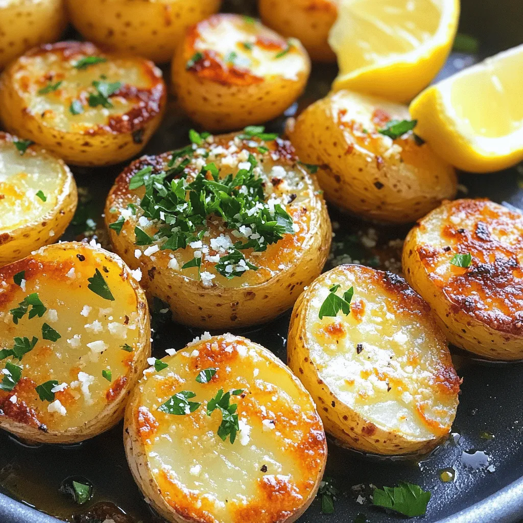- 1.5 pounds baby potatoes, halved - 4 tablespoons olive oil - 6 cloves garlic, minced - 1 teaspoon dried thyme - 1 teaspoon smoked paprika - 1 cup grated Parmesan cheese - Salt and pepper to taste - Fresh parsley, chopped (for garnish) - Lemon wedges (for serving) The main ingredients set the stage for great flavor. Start with 1.5 pounds of baby potatoes, halved. These are perfect for roasting. Their small size helps them cook evenly. Next, add 4 tablespoons of olive oil. This oil helps the potatoes crisp up nicely. Then, use 6 cloves of minced garlic. Garlic adds a bold flavor that you will love. For seasonings, you need 1 teaspoon of dried thyme. This herb brings a warm taste. Also, include 1 teaspoon of smoked paprika. It adds a slight smokiness that pairs well with the potatoes. The star of the show is 1 cup of grated Parmesan cheese. It melts into a delicious crust. Don’t forget salt and pepper to taste. These basic seasonings enhance all the flavors. For finishing touches, chop some fresh parsley for garnish. It adds a pop of color and freshness. Finally, serve with lemon wedges. A squeeze of lemon brightens the dish and balances the rich flavors. 1. First, preheat your oven to 425°F (220°C). This step is key for crispy potatoes. 2. Next, line your baking sheet with parchment paper. This helps with easy cleanup. 3. In a large bowl, combine the halved baby potatoes and olive oil. 4. Add in the minced garlic, dried thyme, smoked paprika, salt, and pepper. 5. Toss everything together until the potatoes are well-coated. 1. Now, spread the potatoes evenly on the lined baking sheet. 2. Make sure they are not overcrowded. This allows them to roast nicely. 3. Roast the potatoes in the preheated oven for 25-30 minutes. 4. Be sure to turn them halfway through. This helps them get golden and crispy. 1. Once the potatoes are roasted, take them out of the oven. 2. Immediately sprinkle grated Parmesan cheese over the hot potatoes. 3. Toss gently to help the cheese melt and coat the potatoes well. 4. Return the baking sheet to the oven for 3-5 more minutes. 5. This final step makes the cheese melty and slightly crispy. Enjoy your delicious Garlic Parmesan Roasted Potatoes! To get crispy potatoes, space them out evenly on the baking sheet. If they touch, they steam instead of roast. This means they won’t get that nice crunch. I suggest roasting at 425°F for 25 to 30 minutes. Check them halfway through and give them a turn. This helps them brown evenly. Fresh herbs can boost the flavor of your roasted potatoes. Try adding rosemary or parsley for a fresh taste. If you want to mix things up, consider using garlic powder or onion powder. You can also add red pepper flakes for a spicy kick. Experiment with flavors to find what you like best. Garlic Parmesan Roasted Potatoes pair well with many dishes. They go great with grilled chicken or fish. You can also serve them alongside a fresh salad. For garnishes, sprinkle more parsley on top or add a squeeze of lemon. Lemon brings out the flavors and adds a nice brightness to the dish. Enjoy your meal! {{image_2}} For those who follow a vegan or plant-based diet, you can easily swap ingredients. Instead of Parmesan cheese, try using nutritional yeast. It adds a cheesy flavor without dairy. Use a plant-based oil, like avocado oil, for roasting. This keeps the dish vegan-friendly while still tasting great. If you need a gluten-free option, you’re in luck! The recipe is naturally gluten-free. Just make sure that any seasonings you use are certified gluten-free. Most spices and herbs are safe, but always check the labels. Want to spice things up? Add red pepper flakes to the mix. Just a pinch can give your potatoes a nice kick. You can adjust the heat to your taste. This makes the dish more exciting and adds depth. You can also play with different cheese types. If you want a stronger flavor, consider using aged cheddar or Gruyère. Both will melt nicely and offer a unique taste. Mixing cheeses can also create a fun flavor profile. Get creative and find what you love! To keep your Garlic Parmesan Roasted Potatoes fresh, store them in the fridge. Use an airtight container to lock in flavor and moisture. This helps keep the potatoes from drying out. Make sure they cool down before sealing them in the container. They taste best when eaten within three days. When you are ready to enjoy the leftovers, reheating correctly is key to keeping them crispy. Preheat your oven to 400°F (200°C). Spread the potatoes on a baking sheet in a single layer. This helps them heat evenly. Bake for about 10-15 minutes, checking often. You want them hot and crispy again. Avoid using the microwave, as it can make the potatoes soggy. To make your Garlic Parmesan Roasted Potatoes crispy, follow these tips: - Use enough oil. Four tablespoons of olive oil work well for 1.5 pounds of potatoes. This helps them brown and crisp. - Spread the potatoes out. When laying them on the baking sheet, give them space. If they touch, they will steam instead of roast. - Flip them halfway. Turning the potatoes halfway through cooking ensures even crisping. Yes, you can prep these potatoes ahead of time. Here are some storage tips: - Cut the potatoes and toss them with oil and seasonings. - Place them in an airtight container. Store them in the fridge for up to 24 hours. - When you are ready to cook, just spread them on a baking sheet and roast. If you need a substitute for Parmesan cheese, consider these options: - Nutritional yeast offers a cheesy flavor and is dairy-free. - Grated Pecorino Romano cheese works well if you want a similar taste. - For a nutty flavor, try using ground cashews. They add a unique twist to the dish. In this article, I covered how to make Garlic Parmesan Roasted Potatoes. We explored the main ingredients, step-by-step instructions, and helpful tips for crispiness. I also shared variations for dietary needs and storage tips for leftovers. This dish is simple yet flavorful and can fit many diets. You can enjoy these potatoes as a side or a main dish. With these steps, you can create a tasty and satisfying meal. Try it out soon!