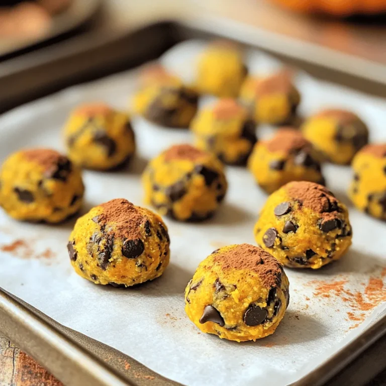 To make these tasty energy bites, gather these key ingredients: - 1 cup pumpkin puree - 1 cup rolled oats - 1/2 cup chocolate chips (dark or semi-sweet) - 1/2 cup almond butter (or any nut butter) - 1/4 cup honey or maple syrup - 1 tsp vanilla extract - 1 tsp ground cinnamon - 1/2 tsp pumpkin pie spice - Pinch of salt These ingredients work together to create a sweet, chewy, and satisfying snack. The pumpkin puree adds moisture and flavor. The rolled oats give chewiness and fiber. Chocolate chips bring sweetness. Almond butter adds creaminess and healthy fats. You can easily swap some ingredients if you need to. Here are some options: - Pumpkin puree: Use sweet potato puree or applesauce for a different flavor. - Almond butter: Peanut butter, cashew butter, or sunflower seed butter work well too. - Honey or maple syrup: You can replace these with agave syrup or brown rice syrup. - Rolled oats: Quick oats can be used, but the texture will change slightly. These substitutions keep the recipe flexible and fun. Each ingredient offers health benefits: - Pumpkin puree: High in vitamins A and C, it supports eye health and boosts immunity. - Rolled oats: Great for heart health, they provide fiber that aids digestion. - Chocolate chips: Dark chocolate has antioxidants and can improve mood. - Almond butter: Packed with protein and healthy fats, it helps keep you full. - Honey or maple syrup: Natural sweeteners that provide quick energy and minerals. These bites are not just tasty; they are also nourishing. You get a sweet treat with health benefits, making them perfect for a snack or pre-workout boost. First, gather all your ingredients. You need pumpkin puree, rolled oats, chocolate chips, almond butter, honey or maple syrup, vanilla extract, ground cinnamon, pumpkin pie spice, and a pinch of salt. Make sure everything is measured out and ready to go. This makes the process smooth and fun. In a large bowl, combine the pumpkin puree, almond butter, honey, and vanilla extract. Mix these well until they blend smoothly. Next, add the rolled oats, ground cinnamon, pumpkin pie spice, and a pinch of salt. Stir this mixture until everything is fully combined. It's important to get a nice uniform mix. Finally, fold in the chocolate chips gently. You want to make sure they are spread evenly throughout the mixture. After mixing, cover the bowl with plastic wrap or a lid. Place it in the fridge for about 30 minutes. This chill time helps the mixture firm up, making it easier to shape. Once chilled, scoop about 1 tablespoon of the mixture. Roll it into a ball using your hands. Repeat this until all the mixture is shaped into bites. Place the bites on a baking sheet lined with parchment paper. Return them to the fridge for another 15 to 30 minutes. This extra chill helps them set well. Store your energy bites in an airtight container in the fridge for up to a week. You can also freeze them for longer storage. Enjoy these tasty snacks anytime you need a boost! To get the right texture, start with cold ingredients. Keep your almond butter and pumpkin puree in the fridge before mixing. After mixing, chill the mixture for 30 minutes. This helps it firm up. If your mix feels too wet, add more oats. You want a dough that holds its shape when rolled. Not too sticky, not too dry—just right! One common mistake is not measuring ingredients. Accurate measurements lead to better bites. Also, skip the chilling time at your own risk. If you don’t chill the mix, your bites may fall apart. Lastly, don’t overmix when adding the chocolate chips. You want them evenly spread, not crushed. For a richer flavor, try adding a dash of nutmeg or ginger. These spices pair well with pumpkin. You can also swap honey for maple syrup for a different sweetness. To add crunch, toss in some chopped nuts or seeds. This will give your bites a nice texture contrast. {{image_2}} You can easily make these energy bites gluten-free. Just swap the rolled oats for certified gluten-free oats. This way, you still enjoy the same great taste without the gluten. Be sure to check ingredient labels. Some products may contain gluten even if they look safe. Get creative with your energy bites! You can add nuts, seeds, or dried fruit. Chopped walnuts or pecans give a nice crunch. For a fruity twist, add raisins or cranberries. Try using different types of chocolate chips too. Milk chocolate, white chocolate, or even butterscotch can change the flavor. During fall, add nutmeg or ginger for extra spice. For a winter treat, mix in peppermint extract. You can also shape the bites into festive shapes using cookie cutters! During holidays, roll them in shredded coconut or crushed candy canes for a fun touch. To keep your Pumpkin Chocolate Chip Energy Bites fresh, store them in an airtight container. Place them in the fridge right after you make them. This helps maintain their texture and flavor. Avoid leaving them out at room temperature for too long, as they can become too soft or dry. These energy bites can last in the fridge for about a week. If you want them to stay fresh longer, consider freezing them. Just remember to keep them in a sealed container to prevent freezer burn. This way, you can enjoy them anytime! Freezing is a great way to store energy bites for longer. To freeze, place the bites on a baking sheet in a single layer. Freeze them for about an hour until firm. Then, transfer them to a freezer-safe bag or container. They can last for up to three months in the freezer. When you're ready to eat, let them thaw in the fridge for a few hours or enjoy them straight from the freezer! Yes, you can make these bites vegan. Just replace honey with maple syrup. Use a plant-based nut butter, like peanut or sunflower seed butter. This way, you keep it tasty and vegan-friendly. You can choose any nut butter you like. Peanut butter works great here. Sunflower seed butter is a good choice too. Each option adds its own flavor, so try what you enjoy. You can eat them after they chill for 30 minutes. They should feel firm to the touch. If they hold their shape when rolled, they are ready. Enjoy them cold or at room temperature! Pumpkin chocolate chip energy bites are a nutritious and tasty snack. We covered key ingredients, how to prepare them, and tips for the best results. I shared ways to adapt recipes to meet dietary needs and enhance flavors. Storing them properly keeps them fresh longer, and I answered common questions. Try these bites for a quick energy boost! Enjoy experimenting with different flavors and ingredients. Your snack game will reach new heights.