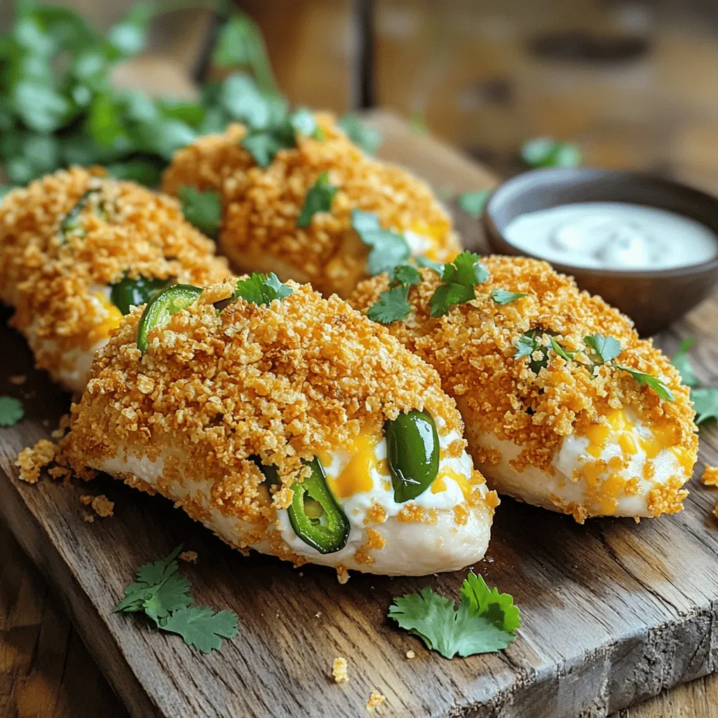 - 2 boneless, skinless chicken breasts - 4 oz cream cheese, softened - 1 cup shredded sharp cheddar cheese - 1/4 cup diced jalapeños (fresh or pickled, adjust to taste) - 1/2 teaspoon garlic powder - 1/2 teaspoon onion powder - Salt and pepper to taste - 1/2 cup crushed cornflakes (for coating) - Cooking spray These ingredients create a tasty blend. The cream cheese and cheddar give a rich flavor. The jalapeños add a nice kick. You can adjust the heat by using fresh or pickled jalapeños. - Bacon bits for extra crunch - Green onions for a fresh taste - Different types of cheese, like pepper jack or mozzarella Adding bacon bits gives a smoky flavor. Green onions bring a fresh crunch. Feel free to mix in your favorite cheeses for more variety. - Greek yogurt instead of cream cheese for a lighter option - Panko breadcrumbs instead of cornflakes for a different texture - Chicken thighs instead of breasts for juiciness Greek yogurt cuts calories but keeps creaminess. Panko breadcrumbs can give a lighter crunch. Chicken thighs often stay juicier and add flavor. Use these substitutes to fit your taste and dietary needs. Start by preheating your air fryer to 375°F (190°C). This step is key for even cooking. While it heats, take two boneless, skinless chicken breasts. Butterfly them by cutting horizontally but not all the way through. This creates pockets for your filling. In a mixing bowl, combine 4 oz of softened cream cheese with 1 cup of shredded sharp cheddar cheese. Next, add 1/4 cup of diced jalapeños. You can use fresh or pickled jalapeños, depending on your taste. Add 1/2 teaspoon of garlic powder and 1/2 teaspoon of onion powder. Season with salt and pepper. Mix everything until well blended. Open the butterflied chicken breasts. Divide the cheese mixture evenly between them. Carefully fold the chicken back over the filling and press gently to keep it in place. Now, prepare to coat the chicken. Place crushed cornflakes in a shallow dish. Spray the stuffed chicken with cooking spray. Then, press each side into the cornflakes to create a crunchy layer. Place the coated chicken breasts in the air fryer basket. Make sure to arrange them in a single layer. This helps them cook evenly. Cook for about 15-18 minutes. The chicken should be fully cooked and the coating should be golden brown and crispy. Check that the internal temperature reaches 165°F (75°C). After cooking, carefully remove the chicken from the air fryer. Let it rest for about 5 minutes. This step helps the juices redistribute, making the chicken juicy. Slice the chicken or serve it whole. For a nice touch, serve on a rustic wooden board. Garnish with fresh cilantro or parsley and add a side of ranch dipping sauce. Enjoy! To make the best crunchy coating, start with crushed cornflakes. They create a great texture. After you coat the chicken with cooking spray, press it firmly into the cornflakes. This step helps the coating stick well. Remember to coat all sides for even crunchiness. If you want an extra crunch, you can double coat the chicken. Just spray, dip, and repeat! You can control how spicy your dish is. If you like it mild, use fewer jalapeños. You can also remove the seeds. For more heat, add extra jalapeños or try spicy cheese. Mixing in pepper jack cheese can add a nice kick. Always taste your cheese mixture before stuffing the chicken. This way, you can adjust the heat to your liking. Cooking chicken to the right temperature is key. Use a meat thermometer to check. The chicken should reach 165°F (75°C) inside. This ensures it is safe to eat. Air frying usually takes about 15-18 minutes, but all air fryers vary. If your chicken is thick, it may need extra time. Always let the chicken rest for 5 minutes after cooking. This helps keep the juices inside, making the chicken juicy and tender. {{image_2}} You can mix the cheese in many fun ways. Instead of sharp cheddar, try pepper jack for a spicy twist. You can also use mozzarella for a gooey texture. Cream cheese is a must for that smooth filling, but feel free to add a little feta for a tangy kick. Each cheese brings its own flavor, so experiment to find your favorite blend! You don’t have to stick with chicken. Turkey breast works well for a leaner option. If you want a heartier meal, try pork chops. Fish like salmon can add a unique taste. Just remember to adjust your cooking time based on the protein you choose. Your air fryer will still make it crispy and delicious! Want a meat-free option? Stuff bell peppers with the cheese mix instead. You can also use large mushrooms, like portobellos, for a hearty bite. Eggplant slices can be another great base, giving you that savory flavor. Each of these options will let you enjoy the same spicy, cheesy filling without meat. To store leftovers, let the chicken cool first. Place it in an airtight container. You can keep it in the fridge for up to 3 days. Make sure to seal it well to avoid drying out. To reheat, you can use the air fryer again. Preheat it to 350°F (175°C). Place the chicken in the basket and heat for 6-8 minutes. This will keep the coating crispy and warm the filling. If you want to freeze, wrap each piece tightly in plastic wrap. Then, place them in a freezer bag. They will stay fresh for up to 2 months. To cook from frozen, add a few extra minutes to the air fryer time. Yes, you can use frozen chicken breasts. Just remember, they will take longer to cook. It’s best to thaw them first for even cooking. You can use the fridge or microwave to thaw. If you cook them frozen, check the chicken’s internal temperature. It should reach 165°F (75°C) for safe eating. You can serve this dish with many sides. Here are a few ideas: - Rice: White or brown rice pairs well. - Salad: A fresh salad adds a nice crunch. - Vegetables: Roasted or steamed veggies work great. - Dipping Sauce: Ranch or blue cheese dressing adds flavor. These options will make your meal more filling and fun! To check if the chicken is done, use a meat thermometer. Insert it into the thickest part of the chicken. The temperature should be 165°F (75°C). If you don’t have a thermometer, cut into the chicken. The meat should be white, not pink, and juices should run clear. Yes, you can skip the cornflake coating. If you prefer a lighter dish, just stuff the chicken and cook. You can also use breadcrumbs or crushed nuts for a different texture. These options provide a tasty crunch without cornflakes. You learned about the tasty Air Fryer Jalapeño Popper Chicken. We covered the key ingredients, cooking steps, and smart tips for the best results. You can even explore fun variations and safe storage methods. Remember, making this dish is easy and can fit anyone's taste. Enjoy your cooking and impress friends with your new skills. Happy cooking!