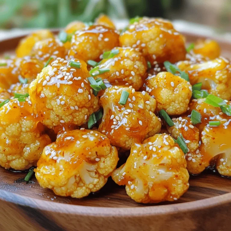 To make Spicy Honey Garlic Cauliflower, you will need: - 1 medium head of cauliflower, cut into florets - 2 tablespoons olive oil - 4 cloves garlic, minced - 1 tablespoon sriracha (adjust for spice preference) - 3 tablespoons honey - 1 tablespoon soy sauce - 1 teaspoon smoked paprika - Salt and pepper to taste - 2 green onions, thinly sliced (for garnish) - Sesame seeds (for garnish) Each ingredient plays a key role in flavor. The cauliflower gives texture. Olive oil adds richness. Garlic brings a strong taste. Sriracha gives heat, but you can use less if you want. Honey adds sweetness to balance the spice. Soy sauce adds umami flavor. Smoked paprika provides a warm, smoky note. Adjust salt and pepper to your taste. Green onions and sesame seeds add a nice touch on top. You can switch ingredients if needed. For a different heat, use chili paste instead of sriracha. Maple syrup can replace honey for a vegan option. Tamari works instead of soy sauce for gluten-free needs. You can also add other spices, like cumin or chili powder, for more flavor. If you want more veggies, add bell peppers or broccoli. Get creative and enjoy your dish! 1. Start by preheating your oven to 425°F (220°C). 2. Cut the cauliflower into small florets. This helps them cook evenly. 3. In a large bowl, mix the cauliflower florets with olive oil. 4. Add minced garlic, sriracha, honey, soy sauce, smoked paprika, salt, and pepper. 5. Toss everything well, so each floret is coated. 1. Line a baking sheet with parchment paper. This keeps the cauliflower from sticking. 2. Spread the cauliflower mixture on the sheet in a single layer. 3. Roast it in the oven for about 25-30 minutes. Halfway through, stir it for even cooking. 4. When the cauliflower is tender and golden, take it out. 5. Let it cool for a few minutes before serving. 1. Transfer the roasted cauliflower to a serving dish. 2. Sprinkle with thinly sliced green onions for a fresh touch. 3. Add sesame seeds for a nice crunch. 4. Serve it as a main dish or a tasty side. Enjoy this bold and sweet flavor! To get the best spicy honey garlic cauliflower, use fresh cauliflower. Cut it into even-sized florets. This helps them cook evenly. Toss the florets well with the sauce. Make sure every piece gets coated in that tasty mix. Roasting at 425°F gives a nice crisp. Stir halfway through cooking for even browning. If you run out of honey, maple syrup works great too. It adds sweetness without losing flavor. For a vegetarian option, use tamari instead of soy sauce. Want more heat? Add more sriracha or try chili paste. If you have other veggies, like broccoli or Brussels sprouts, feel free to swap them in. To boost flavor, add some lime juice before serving. It brightens every bite! You can also sprinkle some crushed red pepper flakes for an extra kick. Mixing in some ginger with the garlic adds a lovely warmth. If you love sesame, use toasted sesame oil in place of olive oil. These small changes can really elevate your dish! {{image_2}} You can add other vegetables to your spicy honey garlic cauliflower. Broccoli, bell peppers, or carrots work well. Just cut them into small pieces like the cauliflower. Mix them with the same spicy sauce for great flavor. This adds color and nutrition to your meal. You can enjoy a veggie medley while keeping the same taste. To make this dish vegan, swap honey for maple syrup or agave nectar. Both will give that sweet touch without using animal products. For a gluten-free version, use tamari instead of soy sauce. This way, you can enjoy the same great taste, no matter your diet. These simple swaps keep everyone happy at the table. You can serve spicy honey garlic cauliflower with different sauces. Try it with a tangy yogurt sauce or a creamy tahini dressing. If you love heat, drizzle extra sriracha on top. Each sauce brings a new taste to the dish. Mixing it up keeps your meals exciting and full of flavor. After you enjoy your Spicy Honey Garlic Cauliflower, let it cool. Then, place the leftovers in an airtight container. Store it in the fridge. It will last for about three days. Make sure to keep it sealed to avoid drying out. To reheat, you can use an oven or a microwave. If using the oven, preheat it to 350°F (175°C). Spread the cauliflower on a baking sheet. Heat for about 10-15 minutes until warm. For the microwave, place the cauliflower in a bowl. Heat it for 1-2 minutes, stirring halfway through. You can freeze Spicy Honey Garlic Cauliflower. First, let it cool completely. Then, place it in a freezer-safe bag. Squeeze out the air before sealing. It can stay frozen for up to three months. To thaw, place it in the fridge overnight. Reheat as mentioned above. Yes, you can prepare Spicy Honey Garlic Cauliflower in advance. Just follow the recipe until the roasting step. After tossing the cauliflower with all the ingredients, store it in an airtight container. Keep it in the fridge for up to two days. When you're ready to eat, simply roast it in the oven as directed. This saves time and lets the flavors blend well. To adjust the spice level, focus on the sriracha. If you want it milder, use less sriracha. You can start with half a tablespoon. If you like it spicier, feel free to add more. Taste the mixture before roasting. This lets you find the perfect heat for your palate. You can also add red pepper flakes for an extra kick. Spicy Honey Garlic Cauliflower pairs well with many sides. Here are some ideas: - Steamed rice or quinoa - A fresh green salad - Roasted vegetables - Grilled chicken or shrimp - Noodles tossed in soy sauce These options complement the dish's flavors and make for a balanced meal. Enjoy exploring different pairings! In this post, we explored the tasty Spicy Honey Garlic Cauliflower recipe. You learned about the key ingredients and their measurements. I shared easy steps from preparation to cooking and serving. Plus, we covered useful tips, variations, and storage methods. Use these insights to create a delicious dish. Feel free to try different ingredients and flavors. Enjoy experimenting and making this recipe your own! Happy cooking!