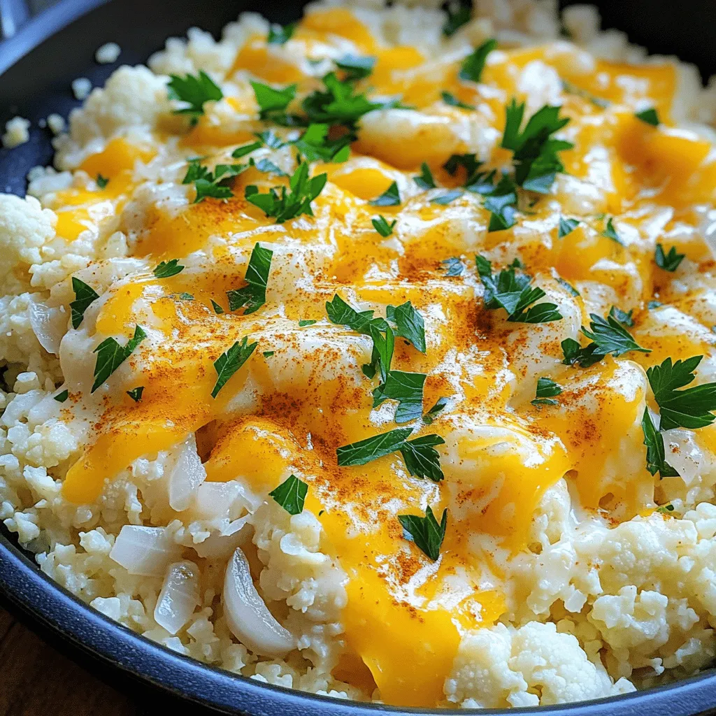 To make cheesy cauliflower rice, gather these items: - 1 medium head of cauliflower, riced (about 4 cups) - 1 cup shredded sharp cheddar cheese - 1/2 cup cream cheese, softened - 1/4 cup grated Parmesan cheese - 1 tablespoon olive oil - 1/2 cup onion, finely chopped - 2 cloves garlic, minced - 1/4 teaspoon paprika - Salt and pepper to taste - Fresh parsley, chopped for garnish This dish is both tasty and nutritious. Each serving contains: - Calories: 230 - Protein: 10g - Carbs: 7g - Fiber: 3g - Fat: 20g - Calcium: 20% of your daily value You can swap some ingredients to fit your needs: - Use low-fat cream cheese for fewer calories. - Try different cheeses like mozzarella or gouda for unique flavors. - If you dislike onions, leave them out. - Garlic powder works if you don’t have fresh garlic. - Fresh herbs can replace parsley for extra flavor. These swaps help you enjoy the dish while meeting your dietary goals. To start, cut the cauliflower into florets. This helps it blend well. Next, pulse the florets in a food processor until they look like rice. You want about four cups of riced cauliflower. Once done, set it aside. This simple step makes your dish light and fluffy. Heat a large skillet over medium heat and add one tablespoon of olive oil. Once hot, toss in half a cup of finely chopped onion. Sauté it for about five minutes until the onion is soft and clear. Then, add two minced garlic cloves and cook for one more minute. The smell will be amazing! Now, add the riced cauliflower to your skillet. Season it with a quarter teaspoon of paprika, along with salt and pepper to taste. Cook everything for five to seven minutes. Stir occasionally, making sure the cauliflower gets tender. Next, lower the heat. Mix in half a cup of softened cream cheese. Stir until it melts into the cauliflower. Gradually add one cup of shredded sharp cheddar cheese and a quarter cup of grated Parmesan cheese. Let each cheese melt before adding more. Keep stirring until everything is creamy. Once your cheese is melted and mixed in, taste it. Adjust the salt and pepper if needed. When it’s just right, remove the skillet from the heat. For a fresh touch, sprinkle chopped parsley on top. This adds color and flavor. Your cheesy cauliflower rice is now ready to serve! Enjoy this warm, delicious dish. To make great cauliflower rice, start with a fresh head of cauliflower. Cut it into small florets. This helps the food processor chop it evenly. Pulse the florets in a food processor until they look like rice. Do not over-process, or it will turn mushy. If you don't have a food processor, you can use a box grater. Just be careful with your fingers! To get that creamy texture, use both cream cheese and sharp cheddar cheese. Start by adding the cream cheese first. Stir it in on low heat until it melts. Then, add the cheddar cheese a little at a time. This helps it melt better. If you want even more creaminess, consider stirring in a splash of milk or cream. You can also mix in a bit of sour cream for extra richness. Serve cheesy cauliflower rice as a side dish or a base for your meals. It pairs well with grilled chicken or fish. You can also top it with sautéed veggies or beans for a hearty meal. For a fun twist, add some cooked bacon bits or crispy shallots on top for crunch. Don't forget to sprinkle fresh parsley for color and flavor! {{image_2}} You can switch up the cheese for more flavor. Try using gouda, fontina, or mozzarella. Each cheese brings its own taste. For a sharper flavor, use aged cheddar. Mix and match cheeses for a fun twist. You can even add a bit of blue cheese for a unique kick. Just remember to adjust the amount based on your taste. Adding veggies and proteins makes your dish more filling. You can toss in spinach, peas, or bell peppers for color and nutrition. Sauté them with the onions and garlic for best results. If you want protein, cooked chicken or ground turkey works well. You can also use beans or lentils for a vegetarian option. This way, your cheesy cauliflower rice becomes a complete meal. If you like spice, try adding some heat! A dash of cayenne pepper or red pepper flakes gives a nice kick. You can also mix in diced jalapeños or hot sauce to spice it up. Adjust the heat to your liking, but start small. You can always add more later. This spicy version pairs well with creamy cheese. To store your cheesy cauliflower rice, let it cool first. Transfer it to an airtight container. It will keep in the fridge for up to three days. Make sure to seal the container tightly to keep it fresh. Reheat your cheesy cauliflower rice on the stove for the best taste. Place it in a skillet over low heat. Add a splash of milk or broth to help it warm evenly. Stir gently until heated through. You can also use the microwave. Heat in short bursts, stirring in between, until warm. You can freeze cheesy cauliflower rice for later use. Cool it completely before packing. Use a freezer-safe container or bag. It can last up to three months in the freezer. When ready to eat, thaw it overnight in the fridge. Reheat it as mentioned above for the best flavor. Yes, Cheesy Cauliflower Rice is keto-friendly. Cauliflower has low carbs and high fiber. It makes a great substitute for traditional rice. You can enjoy this dish without breaking your diet. Plus, the cheese adds flavor and fat, perfect for keto meals. To make Cheesy Cauliflower Rice dairy-free, use plant-based cheese. Look for brands that melt well. You can replace cream cheese with cashew cream or coconut cream. Nutritional yeast can add a cheesy flavor without dairy. This way, you still get a creamy texture and good taste. Cheesy Cauliflower Rice pairs well with many foods. You can serve it with grilled chicken or roasted veggies. It also goes well with shrimp or beef stir-fry. Try it as a side for tacos or a main dish with salad. The options are endless! In this article, we explored how to make cheesy cauliflower rice. We covered the essential ingredients, including substitutes, and detailed step-by-step instructions for preparation and cooking. I shared tips for achieving the best texture and flavor. We also looked at fun variations to customize your dish and provided storage advice. Cheesy cauliflower rice is easy, tasty, and versatile. Enjoy it again and again in different ways!