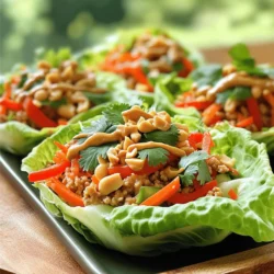- 1 lb ground chicken - 1 cup red bell pepper, finely diced - 1 cup carrots, grated - 1/4 cup green onions, finely sliced - 1 tablespoon fresh ginger, minced - 2 cloves garlic, minced - 1/4 cup creamy peanut butter - 2 tablespoons soy sauce (low sodium) - 1 tablespoon lime juice - 1 tablespoon honey or maple syrup - 1 teaspoon sriracha (adjust to taste) - 1 head of butter or iceberg lettuce, leaves separated The main ingredients create a hearty and flavorful filling. Ground chicken gives a rich taste and protein. Red bell peppers add color and crunch. Grated carrots bring sweetness and texture. Green onions give a subtle bite. Fresh ginger and garlic add depth. The creamy peanut butter is the star, binding all flavors. Soy sauce and lime juice balance the richness. Honey or maple syrup adds sweetness. Sriracha gives a kick, but you can adjust it to your liking. - Chopped cilantro - Crushed peanuts - Butter or iceberg lettuce leaves Garnishes elevate the dish. Chopped cilantro offers freshness and brightness. Crushed peanuts add crunch and nutty flavor. The lettuce leaves serve as a crunchy cup, holding all the delicious filling. You can use butter or iceberg lettuce based on your preference. These simple touches make the dish look inviting and appetizing. 1. Sauté garlic and ginger: In a large skillet, heat some oil over medium heat. Add minced garlic and ginger. Cook for about one minute until it smells great. 2. Brown the ground chicken: Add 1 pound of ground chicken to the skillet. Use a spatula to break it apart. Cook for 5 to 7 minutes until it turns brown and is fully cooked. - Add red bell pepper and carrots: Stir in 1 cup of finely diced red bell pepper and 1 cup of grated carrots. Cook for 2 to 3 minutes. The vegetables should be soft but still bright. - Whisk peanut butter, soy sauce, lime juice, honey/maple syrup, and sriracha: In a bowl, mix 1/4 cup of creamy peanut butter, 2 tablespoons of low-sodium soy sauce, 1 tablespoon of lime juice, 1 tablespoon of honey or maple syrup, and 1 teaspoon of sriracha. Whisk until smooth and creamy. - Mix peanut sauce with chicken and veggies: Pour the peanut sauce over the chicken and vegetable mix. Stir well to coat everything evenly. Let it simmer for about 2 minutes. This helps the flavors mix nicely. - Stir in green onions: Remove the skillet from heat. Add 1/4 cup of finely sliced green onions. Mix well to combine. - Assemble in lettuce cups and garnish: Take the leaves from a head of butter or iceberg lettuce. Spoon the spicy chicken mixture into each leaf. Top with chopped cilantro and crushed peanuts for extra crunch. Enjoy! To brown the chicken evenly, start by heating your skillet over medium heat. Add a drizzle of oil to the hot pan. When the oil is hot, add minced garlic and ginger. Cook them for about a minute until they smell good. Then, add the ground chicken. Break it apart as it cooks. Stir often to ensure all pieces get that nice brown color. For sautéing vegetables, keep the heat at medium-high. Add the diced red bell pepper and grated carrots after the chicken is browned. Stir them in for about 2-3 minutes. This helps them soften but still keeps some crunch. To modify the sriracha for your taste, start with one teaspoon. Add more if you want it spicier. Mix it into the sauce well. Taste it before adding more. This way, you control the heat level. If you like it milder, try using less sriracha or substituting it with sweet chili sauce. You can prep ingredients in advance to save time. Chop the veggies a day ahead and store them in the fridge. This keeps them fresh and ready to use. You can also mix the peanut sauce ahead of time. Just keep it in a sealed container. When you’re ready to cook, just combine everything. This makes weeknight dinners super easy and quick! {{image_2}} You can easily switch out ground chicken for turkey or tofu. Turkey has a similar taste and texture. It cooks just as quickly and absorbs flavors well. Tofu is a great choice for a plant-based meal. Use firm tofu for the best results. Just crumble it before cooking. This gives you a tasty and healthy option for everyone. To make this dish vegan, swap the ground chicken for crumbled tofu. Use the same amount as the chicken. For the peanut sauce, make sure your peanut butter is vegan. You can also use maple syrup instead of honey. This keeps the sweet flavor while staying plant-based. With these changes, you still get a delicious meal. Feel free to mix up the sauce to find your favorite taste. You can try using almond butter instead of peanut butter. This gives a different flavor that many enjoy. Adding hoisin sauce can also add a nice sweetness. If you love heat, try adding more sriracha or chili paste. You can even mix in some lime zest for extra freshness. Experimenting will help you discover fun new flavors! After you enjoy your Spicy Thai Peanut Chicken Lettuce Cups, store any leftovers right away. Place them in an airtight container. By doing this, you keep the flavors fresh. Leftovers will last for 3 to 4 days in the fridge. Make sure to separate the chicken mixture from the lettuce leaves. This will help the lettuce stay crisp. If you want to save some for later, freezing is a great option. First, cool the chicken mixture completely. Then, transfer it to a freezer-safe container. Label it with the date. You can freeze it for up to 2 months. Just remember, the lettuce does not freeze well. Store it fresh when you're ready to eat. When you're ready to enjoy your frozen chicken, take it out of the freezer. Let it thaw in the fridge overnight. To reheat, use a skillet over medium heat. Stir the chicken mixture until it is hot. This keeps the flavors intact. You can also use a microwave. Heat it in short bursts, stirring in between. Enjoy it in fresh lettuce cups, topped with cilantro and peanuts. Yes, you can use different types of lettuce. Butter lettuce is great, but you can also try iceberg or romaine. Each type adds a unique crunch. If you want something sturdier, use romaine. If you like a softer bite, butter lettuce works well. Iceberg is crisp and refreshing, perfect for holding your spicy filling. To make this dish gluten-free, swap regular soy sauce for tamari. Tamari tastes similar but has no wheat. You can also use coconut aminos as a tasty alternative. Both options keep the flavor strong while ensuring the dish is safe for gluten-sensitive eaters. If you don't have peanut butter, try using sunbutter or almond butter. Sunbutter works well for nut allergies. Almond butter adds a different nutty flavor but still pairs nicely with the other ingredients. You can also use tahini, which gives a creamy texture and a unique taste. Yes, you can double this recipe easily. Just make sure you have a larger skillet for cooking. Keep the cooking time the same, but watch the chicken to ensure it's cooked through. You can also prepare extra lettuce cups to serve everyone. Enjoy sharing these delicious cups with friends and family! In this blog post, we explored how to create tasty ground chicken lettuce cups. We covered key ingredients, including colorful vegetables and rich peanut sauce. I shared step-by-step instructions to ensure your cooking success. You learned helpful tips, ways to customize the dish, and proper storage methods. This recipe is versatile, allowing for many variations. Remember, cooking is all about trying new things. Enjoy your delicious cups and share them with friends!