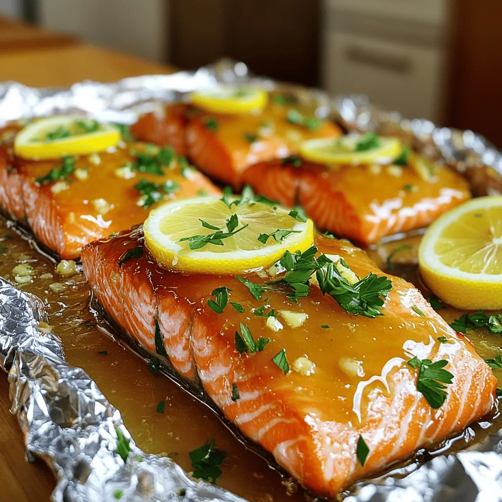 - 4 salmon fillets - 1/4 cup unsalted butter, melted - 1/4 cup honey The main stars of this dish are the salmon fillets. I like to use fresh salmon, about 6 ounces each. The butter and honey are key too, as they create a rich, sweet sauce. The melted butter adds a creamy texture, and the honey brings a nice sweetness to the dish. - 3 cloves garlic, minced - 2 tablespoons soy sauce (low sodium) - 1 tablespoon fresh lemon juice Garlic is a must for flavor. I add three cloves, minced, for that perfect punch. The soy sauce gives it a salty touch, while lemon juice brightens the dish. It cuts through the richness of the butter and honey, balancing the flavors nicely. - Salt and pepper to taste - Lemon slices - Fresh parsley, chopped - Aluminum foil To finish, I season with salt and pepper. Lemon slices add a pop of color and freshness on top. Chopped parsley not only looks great, but it also adds a fresh taste. Finally, we need aluminum foil to create those cozy salmon packets that lock in all the juices and flavors. - Preheat your oven to 375°F (190°C). - Cut four large pieces of aluminum foil. Each piece should be big enough to wrap around a salmon fillet. - In a mixing bowl, whisk together the melted butter, honey, minced garlic, soy sauce, and lemon juice. Mix until everything blends well. - Place each salmon fillet on a piece of foil. - Season each fillet with salt and pepper on both sides. - Pour the honey garlic butter mixture over each fillet. Make sure to coat them well. - Fold up the sides of the foil to create sealed packets. Check for any leaks. - Place the foil packets on a baking sheet. - Bake the packets in the oven for 15-20 minutes. The salmon should cook through and flake easily with a fork. To cook your salmon perfectly, timing is key. The cooking time will depend on the thickness of your salmon fillets. For fillets around 6 ounces, bake them for 15-20 minutes at 375°F (190°C). Thicker fillets may need an extra few minutes, while thinner ones will cook faster. To check if your salmon is done, look for flakiness. Gently poke the fish with a fork. If it flakes easily, it’s ready! If not, give it a few more minutes. The salmon should look opaque and moist. Pair your honey garlic butter salmon with tasty side dishes. Steamed vegetables like broccoli or green beans work well. You can also serve it with fluffy rice or quinoa to soak up the sauce. For a beautiful presentation, think about how you serve it. You can keep the salmon in its foil packet for a rustic look. Or, transfer it to a plate and drizzle the rich sauce over the fish. Garnish with fresh lemon slices and parsley for a pop of color. Salmon is packed with healthy nutrients. It is rich in omega-3 fatty acids, which are good for your heart and brain. Salmon is also a great source of protein, helping you feel full and satisfied. Honey adds a touch of sweetness and has natural antioxidants. Garlic not only adds flavor but also supports your immune system. Mixing these three ingredients makes a dish that is not just tasty but good for you too! {{image_2}} You can boost the flavor of your honey garlic butter salmon in foil. Adding spices makes a big difference. I love using paprika for a mild kick. If you enjoy heat, sprinkle in some chili flakes. Both add depth without overpowering the salmon. You can also include vegetables in the foil packets. Sliced bell peppers, zucchini, or asparagus work well. They soak up the sauce and add a nice crunch. Just chop them small and layer them under the salmon. This way, you create a full meal in one packet. If salmon isn’t your favorite, you can swap it out for other proteins. White fish like cod or tilapia can take on that sweet and savory sauce well. Chicken also works, but ensure it cooks through fully. Adjust the cooking time to suit the new protein. Using different proteins opens up new tastes and textures. Each option can give the dish a unique spin while keeping the same delicious sauce. This recipe can fit many dietary needs. If you want it gluten-free, simply use gluten-free soy sauce. It tastes just as good and keeps the flavor intact. For those watching carbs, you can skip the honey. Use a low-carb sweetener instead. This keeps your dish tasty without the extra sugars. These simple changes let more people enjoy honey garlic butter salmon. The dish remains flavorful and satisfying, no matter your diet. To keep your honey garlic butter salmon fresh, let it cool first. Place the leftovers in an airtight container. Make sure to cover it well. Store it in the refrigerator for up to three days. This way, you can enjoy it again without losing flavor. When you reheat salmon, you want to keep it moist. The best way is to use the oven. Preheat your oven to 275°F (135°C). Place the salmon on a baking dish and cover it with foil. Heat for about 15 minutes. This method helps keep the salmon tender. If you want to save your honey garlic butter salmon for later, freezing is a great option. Wrap each fillet tightly in plastic wrap. Then, place the wrapped salmon in a freezer bag. Remove as much air as you can. It will last up to three months in the freezer. When you’re ready to eat, thaw it in the fridge overnight before reheating. Yes, you can use frozen salmon. Thaw it properly first. To thaw, place it in the fridge overnight. For a quick thaw, seal it in a plastic bag and submerge in cold water for about an hour. Once thawed, pat the salmon dry before seasoning. This helps the flavors stick. If you lack soy sauce, use tamari or coconut aminos as a substitute. Both options give a similar flavor without gluten. You can also mix Worcestershire sauce with a little water for a different taste. Adjust the amount to fit your preference. Look for a few signs to know when salmon is ready. It should turn opaque and flake easily with a fork. The internal temperature should reach 145°F (63°C). If you have a digital thermometer, this is the best way to check doneness. Yes, this recipe is great for meal prep. You can cook the salmon ahead of time and store it in the fridge for up to three days. To reheat, place it in the oven at a low temperature. This keeps the salmon moist and tasty. This blog post covers an easy honey garlic salmon recipe. You learned about the key ingredients, step-by-step cooking instructions, and helpful tips. I shared how to enhance flavors and offer substitutes. You also got storage advice and answers to common questions. In the end, this dish is simple yet full of flavor. It’s great for meals or special occasions. Enjoy cooking and savoring your tasty salmon!