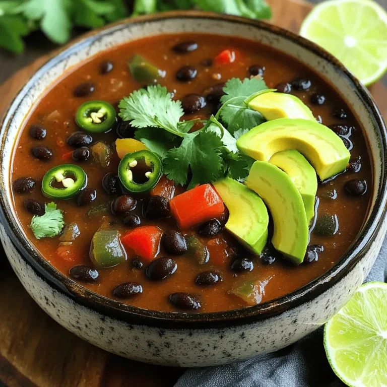 To make Slow Cooker Spicy Black Bean Soup, gather these simple ingredients: - 2 cups dried black beans, rinsed and sorted - 1 medium onion, diced - 3 cloves garlic, minced - 1 red bell pepper, chopped - 1 green bell pepper, chopped - 2 jalapeño peppers, minced (seeds removed for less heat) - 4 cups vegetable broth - 1 can (14 oz) diced tomatoes with green chilies - 2 tablespoons tomato paste - 1 tablespoon ground cumin - 1 tablespoon chili powder - 1 teaspoon smoked paprika - Salt and pepper to taste - Fresh cilantro for garnish - Avocado slices for serving - Lime wedges for serving Each ingredient plays a key role. The black beans are the star, providing protein and fiber. The vegetables add fresh flavor and texture. Broth and tomatoes create a rich base. Spices infuse warmth and depth. The garnishes bring brightness and creaminess to each bowl. Using fresh ingredients makes a big difference. I always recommend choosing ripe tomatoes and fresh herbs. They enhance the soup's flavor and make it more vibrant. This soup not only warms you up but also fills you with wholesome goodness. Each bite is a flavor explosion that delights the senses. - Start with 2 cups of dried black beans. Rinse them well in cold water. Remove any debris or damaged beans. This step is key for a clean soup. - Next, dice 1 medium onion and mince 3 cloves of garlic. Chop 1 red bell pepper and 1 green bell pepper. For heat, mince 2 jalapeño peppers. Remove the seeds for less spice. - In a slow cooker, combine the black beans, onion, garlic, bell peppers, and jalapeños. - Pour in 4 cups of vegetable broth. Add 1 can of diced tomatoes with green chilies and 2 tablespoons of tomato paste. - Stir in 1 tablespoon of ground cumin, 1 tablespoon of chili powder, 1 teaspoon of smoked paprika, and salt and pepper to taste. Mix everything well. - Cover the slow cooker. Cook on low for 8 hours or high for 4 hours. The beans should become tender. - After cooking, use an immersion blender to blend the soup slightly. This gives it a creamier texture. Leave some beans whole for heartiness if you like that. - Taste the soup. Adjust the seasoning as needed. Add more salt, pepper, or spices to match your flavor preference. - Ensuring bean tenderness: Start with good quality dried black beans. Rinse and sort them well. Soaking beans overnight helps them cook faster. However, you can skip soaking if you use a slow cooker. Cook them on low for about eight hours or on high for four hours. Check them for tenderness before you blend. - Blending techniques for texture: For the best texture, use an immersion blender. Blend just enough to create a creamy soup while keeping some beans whole. This adds heartiness and depth. If you don’t have an immersion blender, transfer a portion to a regular blender. Just be careful with hot liquids. - Recommended spices and herbs: This soup shines with cumin, chili powder, and smoked paprika. These spices bring warmth and depth. For a fresh kick, add chopped cilantro before serving. You can also experiment with a pinch of cayenne if you want more heat. - Suggestions for serving accompaniments: Serve the soup with creamy avocado slices and lime wedges. These toppings add richness and brightness. Warm tortilla chips are great for dipping, too! - What to do if soup is too thick/thin: If your soup is too thick, add a bit of vegetable broth or water. Stir well and heat until blended. If it’s too thin, let it cook longer uncovered to thicken up. You can also mash some beans against the side of the slow cooker for a thicker texture. {{image_2}} You can change beans based on what you have. Canned beans save time. Just rinse and drain them before adding to the pot. Dried beans need more care. You must soak them overnight and rinse well. For veggies, feel free to swap. Use corn for sweetness. Carrots add crunch. Spinach or kale boosts color and nutrition. Get creative with what you like! This soup fits many diets. It’s vegan by nature, as it only uses plant-based ingredients. For gluten-free, check the broth label. Most brands are safe, but it's best to be sure. Want low-sodium? Use low-sodium broth and skip added salt at first. You can always adjust the flavor later! Spice level is key for enjoyment. If you want less heat, take out the seeds from jalapeños. You can also reduce the number of peppers. For more heat, add a dash of cayenne pepper or a splash of hot sauce. Always taste as you go! Store leftover spicy black bean soup in an airtight container. Let it cool for about 30 minutes before sealing. This helps keep the flavor fresh. You can keep it in the fridge for up to five days. For freezing, use a freezer-safe container or freezer bag. Leave some space at the top for expansion. The soup can stay good in the freezer for up to three months. When you are ready to enjoy it, thaw it overnight in the fridge. To reheat the soup, use the stove for best results. Pour the soup into a pot and heat it on low. Stir often to keep it from sticking. You can also use a microwave. Place the soup in a microwave-safe bowl and cover it loosely. Heat in short bursts, stirring in between. This keeps the flavor strong and the texture nice. Can I use canned black beans instead of dried? Yes, you can use canned black beans. Drain and rinse them before adding. Use 3 cans instead of dried beans. This saves cooking time and makes the soup quicker to prepare. How to make this soup more or less spicy? To increase spice, add more jalapeños or use spicy chili powder. For less heat, remove the seeds from jalapeños. You can also use fewer jalapeños or replace them with sweet bell peppers. What can I serve with spicy black bean soup? This soup pairs well with rice or cornbread. You can also enjoy it with tortilla chips. A simple salad or avocado slices on top adds freshness. Each serving has about 250 calories. It contains 12 grams of protein, 40 grams of carbs, and 5 grams of fat. The soup is rich in fiber, thanks to the black beans and vegetables. The soup lasts in the fridge for about 5 days. Make sure to store it in an airtight container. If you want to keep it longer, freeze it for up to 3 months. Always reheat it until hot before eating. This blog post covered making a delicious black bean soup. We explored the key ingredients, from dried black beans to fresh veggies and spices. The step-by-step instructions made cooking easy, ensuring great results. I shared useful tips for flavor and texture, plus storage and variation ideas. With these details, you can now create a tasty soup that fits your needs. Enjoy your cooking and the wonderful flavors in every bowl!