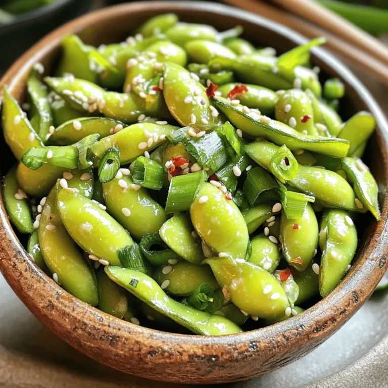 - 2 cups edamame in pods - 3 tablespoons sesame oil - 4 cloves garlic, minced - 1-2 teaspoons red pepper flakes - 1 tablespoon soy sauce - 1 tablespoon rice vinegar - Salt to taste - 2 green onions, thinly sliced - Sesame seeds for garnish To make this tasty snack, start with fresh or frozen edamame. Both work well, but fresh pods give a nice crunch. I love using sesame oil for its rich flavor. Minced garlic adds a strong taste that pairs great with the heat from red pepper flakes. Adjust the flakes based on how spicy you want it. Soy sauce and rice vinegar bring a savory tang. Don’t forget salt to enhance all the flavors! Top it with green onions and sesame seeds for a pop of color and taste. For a gluten-free version, swap soy sauce with tamari. You can also use coconut aminos for a sweeter touch. If you want a vegan option, all the ingredients listed are already vegan-friendly. Edamame are young soybeans. They are packed with protein and fiber, which help you feel full. They also provide vitamins like K and C. Garlic is great for your heart and helps boost your immune system. Sesame oil is full of healthy fats, which are good for your skin and hair. Together, these ingredients create a tasty snack that’s also good for you! To start, you need to decide if you want to use frozen or fresh edamame. If you choose frozen, cook them as the package says until they are tender. This usually takes about 5-7 minutes. Make sure to drain them well after cooking. Draining is key because it helps avoid a soggy dish. If you pick fresh edamame, steam them for about the same time until they are bright green and tender. Next, let’s get cooking. Heat 3 tablespoons of sesame oil in a large skillet over medium heat. This oil gives a rich flavor. Now, add 4 cloves of minced garlic to the skillet. Sauté the garlic for about 1-2 minutes until it smells good but does not brown. Burning garlic can ruin the dish. Then, toss in 1-2 teaspoons of red pepper flakes. Sauté for another 30 seconds. This helps release the heat and flavor of the spices. Now, add the cooked edamame to the skillet. Toss them well to coat in the garlic and oil. Drizzle 1 tablespoon of soy sauce and 1 tablespoon of rice vinegar over the edamame. Stir everything to mix well and ensure the edamame is seasoned right. Cook for another 2-3 minutes to let the flavors blend. Taste and add salt if you need it. Time for the final touches! Remove the skillet from heat. For a pop of color and flavor, garnish your dish with sliced green onions and a sprinkle of sesame seeds. These add a nice crunch and visual appeal. Serve your Spicy Garlic Edamame warm. It makes a great snack or side dish! Enjoy the bold flavors and the vibrant look of your creation. - Best oil for sautéing: I love using sesame oil for this dish. It gives a nice nutty flavor. It also has a high smoke point, which makes it great for sautéing. You can use other oils, but sesame oil truly shines here. - Preventing overcooking edamame: To avoid mushy edamame, keep a close eye on the cooking time. If using frozen edamame, follow the package instructions. For fresh, steam them for just 5-7 minutes. Bright green and tender is what you want! - Adjusting heat and seasoning: The red pepper flakes add spice, but you control the heat. Start with one teaspoon and taste. You can always add more if you like it spicier. - Adding additional toppings: Try adding a squeeze of lime juice or a splash of soy sauce. You can also sprinkle some chopped cilantro or peanuts for a fun twist. - Ideal accompaniments: Spicy garlic edamame pairs well with rice dishes or as a side to grilled meats. It also works great as a snack with drinks or while watching a movie. - Pairing with drinks: For drinks, consider pairing with iced tea or a light beer. The flavors in the edamame match well with these drinks. {{image_2}} You can mix up the flavors of Spicy Garlic Edamame in many ways. For a sweet and spicy twist, add a touch of honey or maple syrup. This blend gives a nice balance to the heat. You can also try adding a splash of lime juice for a zesty kick. For an Asian-inspired twist, sprinkle in some five-spice powder or soy sauce. This gives your edamame a deeper flavor that is rich and satisfying. This recipe is easy to adapt for different diets. To make it vegan, ensure you use tamari instead of regular soy sauce. It is gluten-free and safe for those with gluten sensitivities. If you want a low-sodium version, use low-sodium soy sauce and skip the extra salt. These adjustments keep your snack tasty while fitting your dietary needs. Spicy Garlic Edamame is a great side dish. You can pair it with rice, noodles, or grilled meats. It also works well in salads. Toss edamame into a fresh green salad for added protein. You can even add it to grain bowls with quinoa or farro. The bright green color and crunch make any dish pop. To keep your spicy garlic edamame fresh, store it in an airtight container. Place it in the fridge. This way, it will stay tasty for up to three days. If you want to keep it longer, you can freeze it. Make sure to cool it first, then pack it in a freezer bag. It will last for about two months in the freezer. Reheating is simple. For the best flavor and texture, use a skillet. Heat it on medium-low. Add the edamame and cook for about five minutes. Stir often to warm it evenly. If you're in a hurry, you can microwave it. Place the edamame in a microwave-safe bowl and cover it. Heat for one to two minutes, stirring halfway through. In the fridge, spicy garlic edamame lasts up to three days. Look for signs of spoilage. If it smells off or has a slimy texture, it’s time to toss it. If you freeze it, it can last for two months. Just remember to label the bag with the date. Yes, you can use frozen edamame. Just cook it according to the package instructions. Frozen edamame is a great time saver. It still tastes fresh and delicious when cooked properly. The spice level depends on how many red pepper flakes you add. Start with one teaspoon if you prefer less heat. You can always add more if you want it spicier. Adjust it to suit your taste. Edamame is packed with protein, fiber, and vitamins. It is low in calories and high in antioxidants. Eating edamame can help you feel full and satisfied. It also supports heart health and aids digestion. You can prep the edamame and garlic in advance. Cook them and store them in the fridge for up to two days. Just reheat them in a skillet before serving. This makes it easy for quick snacks or meals. Spicy Garlic Edamame pairs well with rice or noodles. You can also serve it as a side dish with grilled meats. It makes a great appetizer for parties too. Enjoy it with a cold drink for a fun snack! This article covered how to make Spicy Garlic Edamame. We explored the main ingredients and their benefits. I shared step-by-step instructions for preparation and cooking. You also learned tips for enhancing flavors and serving ideas. Remember, edamame is not only tasty but also packed with nutrition. Enjoy making this dish and customize it to fit your taste. With practice, you’ll perfect this simple, healthy snack.