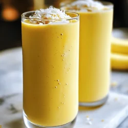 - 2 ripe bananas, frozen - 1 cup canned coconut milk - 1/2 cup Greek yogurt (or dairy-free alternative) - 1 tablespoon honey or maple syrup (optional) - 1/4 teaspoon vanilla extract - A pinch of sea salt - 1/2 cup ice cubes (optional) - 1 tablespoon shredded coconut (for garnish) To make a creamy coconut banana smoothie, gather your ingredients first. Start with two ripe bananas. Make sure they are frozen. Frozen bananas add great creaminess to the smoothie. Next, grab a cup of canned coconut milk. This will add rich flavor and texture. If you want a thicker smoothie, use half a cup of Greek yogurt. You can swap this for a dairy-free yogurt if needed. If you like things sweet, add a tablespoon of honey or maple syrup. This part is optional. You can decide based on your taste. You will need a quarter teaspoon of vanilla extract for extra flavor. A pinch of sea salt balances the sweetness. If you want a colder drink, include half a cup of ice cubes. Lastly, prepare a tablespoon of shredded coconut for garnish. This adds a nice touch and makes it look pretty. Now, you are all set to blend! - Combine the frozen bananas, coconut milk, Greek yogurt, honey or maple syrup, vanilla extract, and a pinch of sea salt in a blender. - Blend on high speed until the mixture is smooth and creamy. If you want a thicker texture, add ice cubes and blend again. - Taste the smoothie and adjust the sweetness if needed. You can add more honey or maple syrup to suit your taste. - Pour the creamy smoothie into tall glasses. - Sprinkle shredded coconut on top for a nice finish before serving. - Use frozen bananas for creaminess: When you freeze ripe bananas, they become soft and blend easily. This gives your smoothie a thick and creamy texture. - Adjust sweetness based on personal preference: Taste your smoothie after blending. If you want it sweeter, add more honey or maple syrup. You control how sweet you want it! - Incorporate different types of yogurt: You can use Greek yogurt for protein or a dairy-free yogurt for a lighter option. Each type adds a unique flavor and texture. - Use high-speed blending for best results: A strong blender makes a smooth and creamy drink. Blend on high speed until everything is well mixed. - Adding ice for thickness: If you like your smoothie colder and thicker, toss in half a cup of ice cubes. Blend again until the ice is fully crushed. {{image_2}} You can add tropical flavors to your smoothie. Try mango or pineapple for a fun twist. These fruits blend well with the coconut and banana. They add a sweet and zesty taste. You can also add a handful of spinach. This gives your drink a green boost without losing flavor. It’s a great way to sneak in some veggies! If you want a dairy-free option, use coconut yogurt instead of Greek yogurt. It keeps the creaminess and adds more coconut taste. For sweetener alternatives, try agave syrup or maple syrup. You can control how sweet your smoothie is. This makes it perfect for anyone’s taste! To keep your creamy coconut banana smoothie fresh, store it in an airtight container. This helps prevent any strange smells from the fridge. For the best taste and texture, drink it within 24 hours. Smoothies can separate over time, so give it a quick stir before enjoying. You can freeze leftover smoothies for later use. Pour the smoothie into ice cube trays or freezer bags. When you’re ready to enjoy it, blend the frozen cubes with a splash of coconut milk. This makes a quick, cold treat! Just remember, smoothies are best if consumed within one month of freezing. You can use almond milk, oat milk, or soy milk instead of coconut milk. Each option gives a different taste. For a creamier texture, try cashew milk. You may also blend in silken tofu for added creaminess. Yes, this smoothie can be made vegan. Use a dairy-free yogurt, like coconut yogurt. Replace honey with maple syrup or agave syrup. This keeps the sweetness while ensuring it stays plant-based. To lower the calories, use less yogurt or switch to a low-fat version. You can skip the honey or maple syrup if the bananas are sweet enough. Also, use water or a low-calorie milk to replace coconut milk. Yes, this smoothie is healthy. Bananas provide potassium and fiber. Coconut milk offers healthy fats, while yogurt adds protein. This drink fuels your body well. Just watch the added sweeteners if you aim for low sugar. This smoothie recipe is easy and fun to make. You blend ripe bananas, coconut milk, and yogurt for a creamy treat. Adjust sweetness by adding honey or maple syrup. You can add your favorite fruits or greens for variety. Store any leftovers in the fridge for one day or freeze them for later. Remember, you control the flavors and nutrients. Enjoy your smoothie adventure, and feel free to get creative!