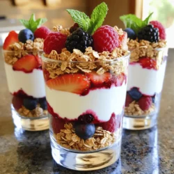 - 2 cups Greek yogurt (plain or vanilla) - 1 cup mixed berries (strawberries, blueberries, raspberries, blackberries) - 1/4 cup honey or maple syrup - 1 cup granola (your favorite type) - 1 teaspoon vanilla extract (optional) - Fresh mint leaves for garnish (optional) Greek yogurt is the star of this parfait. It gives a creamy texture and a tangy taste. You can choose plain or vanilla yogurt based on your preference. Next, we have mixed berries. Fresh strawberries, blueberries, raspberries, and blackberries add color and flavor. They are juicy and sweet, making the parfait exciting. To sweeten the mix, you can use honey or maple syrup. This adds a lovely touch of sweetness. If you want some crunch, add granola. It gives the parfait a nice texture. For a hint of extra flavor, you can use vanilla extract. Fresh mint leaves serve as a fancy garnish. They also add a fresh taste to your parfait. This simple list of ingredients makes for a quick and tasty treat. To start, you need to prep your berries. If you choose strawberries, hull them by removing the green tops. Then slice them into small pieces. For mixed berries like blueberries, raspberries, and blackberries, rinse them under cold water. This washes off any dirt. After rinsing, set all the berries aside to drain. Next, let’s sweeten the yogurt. In a medium bowl, add 2 cups of Greek yogurt. You can use plain or vanilla yogurt. Then add 1/4 cup of honey or maple syrup for sweetness. If you want, add 1 teaspoon of vanilla extract to boost the flavor. Mix everything well until the yogurt is smooth and creamy. Now it’s time to layer your parfaits. Grab serving glasses or bowls. Start with about 1/4 cup of the yogurt mixture at the bottom. Then, add a layer of berries, about 1/4 cup. After that, sprinkle 2 tablespoons of granola over the berries. Repeat these layers until the glasses are full. Finish with a layer of berries and a sprinkle of granola on top for a pretty look. To make your parfaits look great, use even layers. Start with about 1/4 cup of yogurt. Then, add 1/4 cup of berries on top. Follow this with 2 tablespoons of granola. Repeat these layers until your glass is full. This keeps each bite tasty and balanced. To keep your granola crunchy, add it last. If you mix granola with yogurt too soon, it will get soggy. You want the texture to be just right. Using flavored Greek yogurt can add extra taste. You can find options like honey or vanilla. These flavors mix well with berries. If you want to switch up your sweetener, try mashed banana or agave syrup. These give a different twist to your parfait. For serving, use clear glasses. This lets the colors of your layers shine through. You can also use small cups for a fun touch. To make it pop, add fresh mint leaves on top. They add color and a fresh taste. You can also sprinkle a few whole berries on top as a garnish. It makes your parfait look special and inviting. {{image_2}} You can easily modify this parfait to fit your needs. If you want a dairy-free option, try using plant-based yogurt. Almond or coconut yogurt works well. These alternatives keep your parfait tasty and creamy. For a gluten-free option, choose gluten-free granola. There are many brands available. Check the label to ensure it fits your diet. Feel free to get creative with fruits. Bananas and peaches add a sweet twist. You can also mix in other berries for variety. The choice is yours! Spices can elevate the flavor too. A sprinkle of cinnamon or nutmeg adds warmth. Just a little bit goes a long way. Experiment and find your favorite blend. Greek yogurt berry parfaits make a great breakfast or dessert. They are light and refreshing. Serve them for brunch with friends or as a sweet treat after dinner. Portion sizes can vary. For breakfast, aim for a larger serving. For dessert, smaller portions work best. Enjoy them in pretty glasses or bowls for added fun! To keep your Greek yogurt berry parfaits fresh, use airtight containers. Glass jars or plastic containers work well. Store your parfaits in the fridge. They stay good for about 2-3 days. If you see any liquid on top, just stir it back in before eating. You can freeze the yogurt, berries, and granola separately. Use freezer-safe bags or containers for each item. For yogurt, portion it into single servings. Berries can be frozen whole. Granola can stay crunchy when frozen if stored in an airtight bag. When you're ready to eat, thaw the yogurt and berries in the fridge overnight. For granola, you can use it straight from the freezer. To layer your parfaits again, start with yogurt. Add a layer of thawed berries next. Top with granola. If the yogurt is too thick, stir in a bit of milk. This helps it spread better. To keep the granola crunchy, do not add it until just before serving. Enjoy your fresh-tasting parfait again! Yes, you can make Greek Yogurt Berry Parfaits ahead of time. I suggest preparing the yogurt mixture and washing the berries a few hours in advance. You can layer the parfaits in the morning for a quick breakfast. Just keep the granola separate until you serve. This keeps it crunchy and fresh. If you want to switch things up, try using nuts, seeds, or coconut flakes. Chopped almonds or walnuts add a nice crunch. For a sweet touch, you can use crushed cookies or cereal. These options give different textures and flavors to your parfait. Greek Yogurt Berry Parfaits are quite healthy! Greek yogurt gives you protein and calcium. Mixed berries are full of vitamins and antioxidants. Honey or maple syrup adds natural sweetness without refined sugar. Overall, this treat is nutritious and satisfying. Enjoy it for breakfast or a snack! Greek Yogurt Berry Parfaits are easy and fun to make. You learned how to prepare fresh berries, sweeten yogurt, and layer your parfaits. I shared tips on flavoring and presentation. Variations fit any diet and occasion. Do not forget how to store and freeze leftovers for later enjoyment. These parfaits are not just a tasty treat; they're also a nutritious choice. Enjoy them as breakfast or dessert. Now, grab your ingredients and start creating your delicious parfaits!