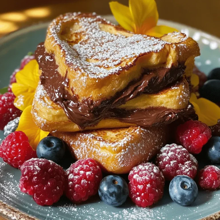 To make delicious chocolate hazelnut stuffed French toast, you will need the following: - 8 slices of thick bread (brioche or challah works best) - 1 cup chocolate hazelnut spread (such as Nutella) - 2 eggs - 1 cup milk - 1 teaspoon vanilla extract - 1 teaspoon ground cinnamon - 2 tablespoons sugar - 1 tablespoon butter (for greasing the pan) - Powdered sugar (for dusting) - Fresh berries (for garnish) You can swap some ingredients for other tasty options. Use whole-grain bread for a healthier choice. Almond or cashew milk works well if you are dairy-free. For a vegan version, use flax eggs instead of real eggs. You can also try maple syrup instead of sugar. This adds a nice flavor twist. Using high-quality ingredients makes a big difference. Fresh bread gives a soft texture and great taste. The chocolate hazelnut spread should be smooth and rich. Fresh eggs and milk boost flavor and creaminess. When you choose good ingredients, your dish shines. Quality matters for taste, texture, and presentation. Always aim for the best! Start by spreading a thick layer of chocolate hazelnut spread on one side of 4 slices of thick bread. Use your favorite bread like brioche or challah for the best taste. Top these with the other 4 slices to make 4 sandwiches. In a mixing bowl, whisk together 2 eggs, 1 cup of milk, 1 teaspoon of vanilla extract, 1 teaspoon of ground cinnamon, and 2 tablespoons of sugar. Mix until smooth and well combined. Next, preheat a large skillet or griddle over medium heat. Add 1 tablespoon of butter to grease the pan. Let it melt and coat the surface. Carefully dip each sandwich into the egg mixture. Make sure to coat both sides but do not soak them too long. Place the coated sandwiches on the hot skillet. Cook each sandwich for about 3 to 4 minutes on each side. Look for a golden brown color and a slight crispiness. You may need to cook in batches, depending on the size of your skillet. Once cooked, remove the French toast from the skillet and let them cool for a minute. A few key techniques make this French toast shine. First, use thick bread to hold the filling well. Thin bread may break apart. Mix the egg mixture thoroughly to get a smooth batter. This helps the flavors blend better. Do not let the bread soak too long, as it can make the toast soggy. Cooking on medium heat is crucial. This ensures the outside gets crispy while the inside warms through. Flip the toast gently to keep the filling intact. While I can't provide photos, I can guide you. When spreading the chocolate hazelnut spread, aim for an even layer to avoid overflow while cooking. When dipping the sandwiches, look for an even coating without drips. A quick visual check will help you see if they are golden brown before flipping. If you follow these steps, your chocolate hazelnut stuffed French toast will look and taste amazing! When making chocolate hazelnut stuffed French toast, a few mistakes can pop up. First, don’t over-soak the bread. If you soak it too much, the bread will become soggy. Just dip it quickly into the egg mix. Second, make sure your skillet is hot enough. If not, the toast won't get that nice golden brown color. Lastly, avoid using too much filling. If you overstuff, the filling can ooze out while cooking. To boost flavor, add a pinch of salt to the egg mixture. This small change brings out sweetness and depth. You can also try adding a splash of orange juice or zest. It pairs well with chocolate hazelnut spread. For texture, use day-old bread. Stale bread soaks up the egg mixture better and holds its shape. A sprinkle of sea salt on top after cooking can also enhance the taste. Serve your French toast warm with fresh berries on the side. Raspberries and strawberries add a nice tartness. You can drizzle some extra chocolate hazelnut spread on top for a rich finish. A dusting of powdered sugar makes it look pretty. For a fun twist, add whipped cream or a scoop of vanilla ice cream. Enjoy with a cup of coffee or a glass of milk for a perfect breakfast! {{image_2}} You can change the flavor of your chocolate hazelnut stuffed French toast easily. Try using almond butter instead of chocolate hazelnut spread. This gives a nutty taste that blends well with the bread. Another fun option is to mix in some banana slices with the spread. The sweetness of bananas pairs nicely with chocolate. You can also use different jams or fruit spreads for a fruity twist. Raspberry or strawberry spreads work wonders. Each choice adds a unique flavor to your breakfast. If you need a gluten-free option, use gluten-free bread. Many brands offer tasty choices that work well for French toast. For a vegan version, replace eggs with a mix of flaxseed meal and water. Use almond or oat milk instead of regular milk. You can also find plant-based chocolate hazelnut spreads that fit perfectly. These adjustments keep the dish delicious while meeting dietary needs. Seasonal ingredients can make your French toast even better. In fall, add apple slices or pumpkin spice to the batter. This creates a warm, cozy flavor. In summer, fresh berries like strawberries or blueberries add brightness. You can also sprinkle cinnamon on top for added warmth. During winter, consider using peppermint extract for a festive touch. Seasonal ingredients bring fresh tastes to your dish while celebrating the time of year. To keep your chocolate hazelnut stuffed French toast fresh, store leftovers in an airtight container. Make sure to let them cool down first. Place a piece of parchment paper between layers to prevent sticking. Store in the fridge for up to three days. This keeps the taste and texture nice. When you want to enjoy your leftovers, reheat them in a skillet. Heat the skillet over medium heat and add a small amount of butter. Place the French toast in the skillet and cook for about 2-3 minutes on each side. This method makes the toast warm and crisp again. You can also use a toaster oven for similar results. If you want to make this dish ahead of time, freezing is a great option. After cooking, cool the French toast completely. Wrap each piece tightly in plastic wrap, then place them in a freezer bag. They can last up to two months in the freezer. When you're ready to eat, thaw in the fridge overnight, then reheat as mentioned above. The best bread for stuffed French toast is thick bread. I recommend using brioche or challah. They have a soft texture and soak up the egg mix well. This gives you a creamy inside and crispy outside. You can also use Texas toast if you want something thicker. Just avoid thin breads, as they can fall apart. Yes, you can use different spreads. Peanut butter, almond butter, or even fruit jams work well. If you want a healthier option, try a nut butter. You can also mix a spread with cocoa powder for a chocolate twist. This recipe is flexible, so feel free to get creative with your flavors. To prevent sogginess, do not soak the bread too long. Dip each sandwich quickly in the egg mix. Make sure both sides are coated but not dripping. Use thick bread for better structure. Also, cook on medium heat. This helps the outside get crispy while the inside stays soft. To make stuffed French toast, we covered key ingredients, cooking steps, and tips. Choosing the right ingredients matters for taste and texture. We explored ways to avoid mistakes and how to serve this dish best. Variations let you enjoy new flavors and meet dietary needs. Lastly, proper storage keeps your leftovers fresh. With these insights, you’re ready to impress anyone with your cooking. Enjoy your delicious creations!