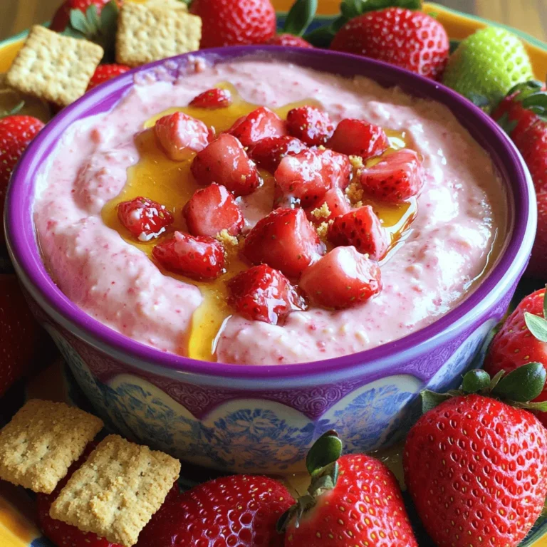To make this creamy dip, you need just a few key items: - 1 cup cream cheese, softened - 1/2 cup powdered sugar - 1/2 teaspoon vanilla extract - 1/4 cup sour cream - 1 cup fresh strawberries, hulled and diced - 1 tablespoon lemon juice - 1/4 cup graham cracker crumbs - Fresh strawberries and graham crackers for serving These ingredients create a rich and tasty dip that feels like cheesecake. The cream cheese gives it a smooth texture, while the strawberries add a bright flavor. Want to spice things up? Try these fun add-ins: - A splash of almond extract for a nutty flavor - Chopped nuts for a crunchy bite - Chocolate chips for sweetness These add-ins can change the flavor and texture. Feel free to mix and match based on what you like! Using quality ingredients makes a difference. Here are some brands I trust: - Philadelphia for cream cheese - Domino for powdered sugar - Daisy for sour cream These brands offer great taste and quality. They help ensure your dip turns out perfect every time! Making Strawberry Cheesecake Dip is simple and quick. You only need about 10 minutes. Gather your ingredients before starting. This dip is perfect for parties or snacks. 1. Mix cream cheese: In a large bowl, beat 1 cup of softened cream cheese. Use an electric mixer. Mix until the cream cheese is smooth and creamy. 2. Add powdered sugar: Gradually add in 1/2 cup of powdered sugar. Keep mixing until it's fully blended. 3. Incorporate flavors: Stir in 1/2 teaspoon of vanilla extract and 1/4 cup of sour cream. Blend until light and fluffy. 4. Fold in strawberries: Gently fold in 1 cup of diced fresh strawberries and 1 tablespoon of lemon juice. Make sure they are evenly mixed. 5. Transfer and finish: Move the dip to a serving bowl. Sprinkle 1/4 cup of graham cracker crumbs on top. This adds a nice crunch. 6. Serve or chill: You can serve it right away. If you want the flavors to meld, cover and chill for up to an hour. - Softened cream cheese: Make sure your cream cheese is at room temperature. This helps with mixing. - Don’t overmix: When adding strawberries, mix gently. You want to keep the strawberries intact. - Fresh strawberries: Use fresh strawberries for the best taste. Frozen ones can make the dip watery. - Taste as you go: Always taste your dip. Adjust sweetness by adding more powdered sugar if needed. This dip shines at parties and gatherings. Serve it with fresh strawberries and graham crackers for dipping. You can also add pretzels for a salty twist. For a fun touch, use mini waffle cones as dippers. Kids especially love this! You can make this dip a few hours in advance. Just prepare it and store it in the fridge. Cover it tightly to keep it fresh. When you're ready to serve, add the graham cracker crumbs on top. This keeps them crunchy. To impress your guests, use a colorful bowl for the dip. Place it in the center of a platter. Arrange sliced strawberries and graham crackers around it. For a special touch, drizzle honey over the dip. This adds sweetness and looks great! {{image_2}} You can change the flavor of your dip with ease. For a chocolate twist, add cocoa powder. Mix in about 2 tablespoons of cocoa for a rich taste. You can also use chocolate chips for extra texture. If you love vanilla, increase the vanilla extract to 1 teaspoon. This will add a lovely depth to your dip. If you want to make a low-fat version, swap the cream cheese for low-fat cream cheese. You can also use Greek yogurt instead of sour cream. This keeps it creamy while cutting calories. Using stevia or a sugar substitute can help lower sugar content, too. For a dairy-free dip, use vegan cream cheese. There are many brands available now. You can also try coconut cream for a rich, creamy base. Just whip it up until fluffy. Use maple syrup instead of powdered sugar for sweetness. This keeps the dip both tasty and dairy-free. To store any leftover strawberry cheesecake dip, place it in an airtight container. Make sure to cover it tightly. It will stay fresh in the fridge for up to three days. Keep it cold and away from strong-smelling foods. This helps maintain its creamy taste. You can freeze this dip, but it may change in texture. To freeze, scoop it into a freezer-safe container. Leave some space at the top, as it will expand. Seal it well, and it can last for up to two months. When you want to eat it, thaw it in the fridge overnight before serving. Reheating strawberry cheesecake dip is simple. If it feels too thick after freezing, add a splash of milk to loosen it. Gently stir and warm it in the microwave. Start with short bursts of about 10 seconds. Stir well in between so it heats evenly. Enjoy the dip warm, or serve it cold. Yes, you can use frozen strawberries. Just thaw them first and drain excess water. This helps keep the dip creamy. Frozen strawberries may change the dip's texture but still taste great. Your Strawberry Cheesecake Dip will last about three days in the fridge. Store it in an airtight container. If the dip gets too thick, stir in a little cream or milk to loosen it up. I love serving this dip with fresh strawberries and graham crackers. You can also use pretzels or apple slices for a fun twist. Try adding some chocolate chips or mini cookies for extra sweetness. In this blog post, we explored how to make a delicious Strawberry Cheesecake Dip. We covered the essential ingredients, including options for add-ins and some trusted brands. I shared detailed steps for preparation and tips to avoid mistakes. You also learned ways to serve and present the dip, plus variations for different tastes. To wrap it up, remember that this dip is fun and flexible. It’s a great treat for sharing. Enjoy making it your own!