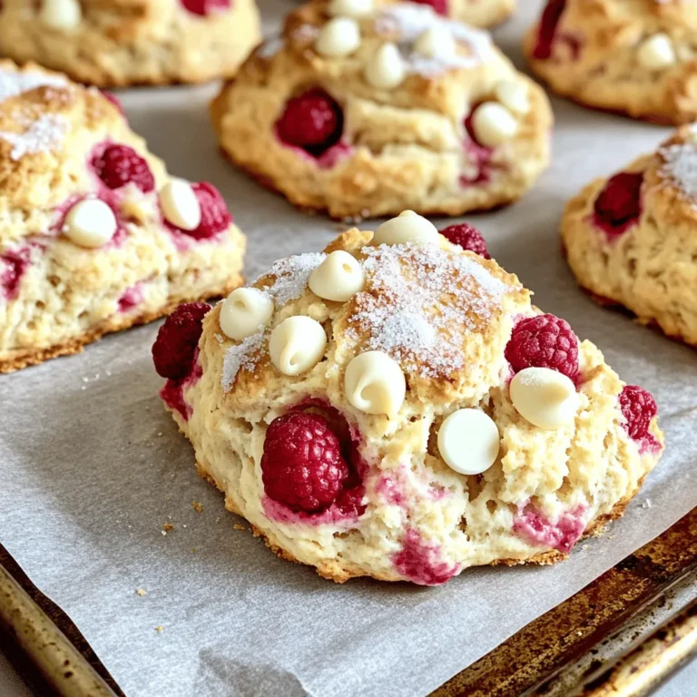 - 2 cups all-purpose flour - 1/3 cup granulated sugar - 1 tablespoon baking powder - 1/2 teaspoon salt - 1/2 cup cold unsalted butter, cubed - 1/2 cup heavy cream - 1 large egg - 1 teaspoon vanilla extract - 1 cup fresh raspberries - 1/2 cup white chocolate chips - Extra cream for brushing - Additional sugar for sprinkling To make these scones, you need key ingredients. Start with all-purpose flour for the base. Granulated sugar gives sweetness, while baking powder helps them rise. Salt enhances flavor and balances the sweetness. Use cold unsalted butter. This keeps the scones flaky. Heavy cream adds richness, and the large egg binds everything together. Vanilla extract brings a lovely aroma. Fresh raspberries add tartness, and white chocolate chips offer creamy sweetness. You will also need extra cream to brush on top. This helps the sugar stick, creating a delightful crunch. Sprinkle a little sugar before baking for added sweetness. Each ingredient plays a role in making your scones perfect. Preheat your oven to 400°F (200°C). This hot temperature helps scones rise well. Line a baking sheet with parchment paper or a silicone mat. This step makes cleaning easier. In a large mixing bowl, whisk together the following dry ingredients: - 2 cups all-purpose flour - 1/3 cup granulated sugar - 1 tablespoon baking powder - 1/2 teaspoon salt Mix these ingredients well. This ensures an even taste in your scones. Add the cold, cubed butter (1/2 cup) into the flour mixture. Use a pastry cutter or your fingers. Work the butter into the flour until it looks like coarse crumbs. You want small chunks of butter, like peas. This keeps your scones flaky. In a separate bowl, whisk together the wet ingredients: - 1/2 cup heavy cream - 1 large egg - 1 teaspoon vanilla extract Pour this mixture into the flour mixture. Stir gently until just combined. Do not over-mix, or your scones may turn tough. Carefully fold in the fresh raspberries (1 cup) and white chocolate chips (1/2 cup). Use a spatula to be gentle. You want to keep the raspberries whole for bursts of flavor. Lightly flour a clean surface. Turn the dough out onto it. Knead the dough gently until it comes together. Pat or roll it into a circle about 1 inch thick. This shape helps the scones bake evenly. Use a sharp knife or a pizza cutter to cut the dough into 8 equal wedges. Place the scones on the prepared baking sheet, leaving a couple of inches between them. This space helps them rise without sticking together. Brush the tops of the scones with a little heavy cream. Then, sprinkle with extra sugar. This gives a nice crunch and adds sweetness. Bake in the preheated oven for 15-20 minutes. Look for golden brown tops. A toothpick inserted into the center should come out clean. This indicates they are ready to enjoy. Allow the scones to cool for a few minutes on the baking sheet. Then, transfer them to a wire rack. Serve them warm or at room temperature for the best taste. - Importance of butter temperature: Use cold unsalted butter. Cold butter creates flaky layers. It keeps its shape while baking, leading to light scones. If the butter is warm, the scones may become dense. - Kneading techniques: Knead the dough gently. Over-kneading makes the scones tough. Just fold and turn the dough until it holds together. Aim for a soft but slightly sticky dough. - Issues with dough consistency: If the dough feels too dry, add a splash of cream. If it’s too wet, sprinkle in a little flour. Adjusting in small amounts helps you find the right balance. - How to avoid dry scones: Don't overbake the scones. Keep an eye on them in the oven. The edges should be golden brown, but the centers should remain soft. - Oven positioning tips: Place your baking sheet in the center of the oven. This helps with even heat distribution. If you bake too close to the heating element, the bottoms may burn. - How to avoid over-baking: Set a timer for 15 minutes. Check for doneness by inserting a toothpick. If it comes out clean, they are ready. Always err on the side of caution; you can always bake a bit longer if needed. {{image_2}} You can swap raspberries for other fruits. Blueberries and strawberries work well. Blueberries give a burst of sweetness. Strawberries add a nice touch of freshness. You can even mix fruits. Try a blend of blueberries and strawberries for a colorful scone. If you prefer dark chocolate, use that instead of white chocolate. Dark chocolate adds a rich flavor. It balances well with the fruit's tartness. You can also mix dark and white chocolate for a fun twist. Feel free to add extra flavors. A splash of almond extract can enhance the scone's taste. You can also try a pinch of cinnamon for warmth. Experimenting with different spices can lead to exciting results. Store your scones at room temperature. Place them in an airtight container. This keeps them fresh for about two days. If you want to keep them longer, you can wrap them in plastic wrap. This helps prevent them from drying out. For long-term storage, freeze the scones. First, let them cool completely. Then, place them in a freezer-safe bag. Remove as much air as possible before sealing. You can freeze them for up to three months. When you need them, just take out what you want. Reheat your scones in the oven for the best taste. Preheat your oven to 350°F (175°C). Place the scones on a baking sheet. Heat them for about 10-15 minutes. You can also use a microwave, but they may become soft. If you prefer a crisp outer layer, stick with the oven. Enjoy your warm scones! Yes, you can use frozen raspberries. They work well in scones. However, frozen raspberries may release more juice. This can make the dough a bit wetter. To reduce this, add them straight from the freezer. This way, they won't break down too much during mixing. If you need a substitute for heavy cream, use whole milk or half-and-half. They will change the texture slightly, but they still work. If you want a thicker substitute, try plain yogurt. This will make your scones moist and tasty. To increase the sweetness, add more sugar to the dough. You can also sprinkle sugar on top before baking. Another option is to add a drizzle of sweet icing after baking. This will give your scones a nice sweet touch without changing the texture. Yes, you can leave out the white chocolate. However, it adds a nice creaminess and sweetness. If you skip it, consider adding more raspberries or a different type of chocolate. This will help keep the flavor interesting without the white chocolate. You learned how to make scrumptious raspberry white chocolate scones. We covered ingredients, step-by-step baking, and valuable tips. Remember, perfect butter temperature and gentle kneading are key. Try different fruits or chocolates for fun variations. Store extras at room temp or freeze for later. Enjoy fresh scones warm and with your favorite drink. Baking is simple and rewarding, so keep practicing! You’ll impress everyone with your scone skills.