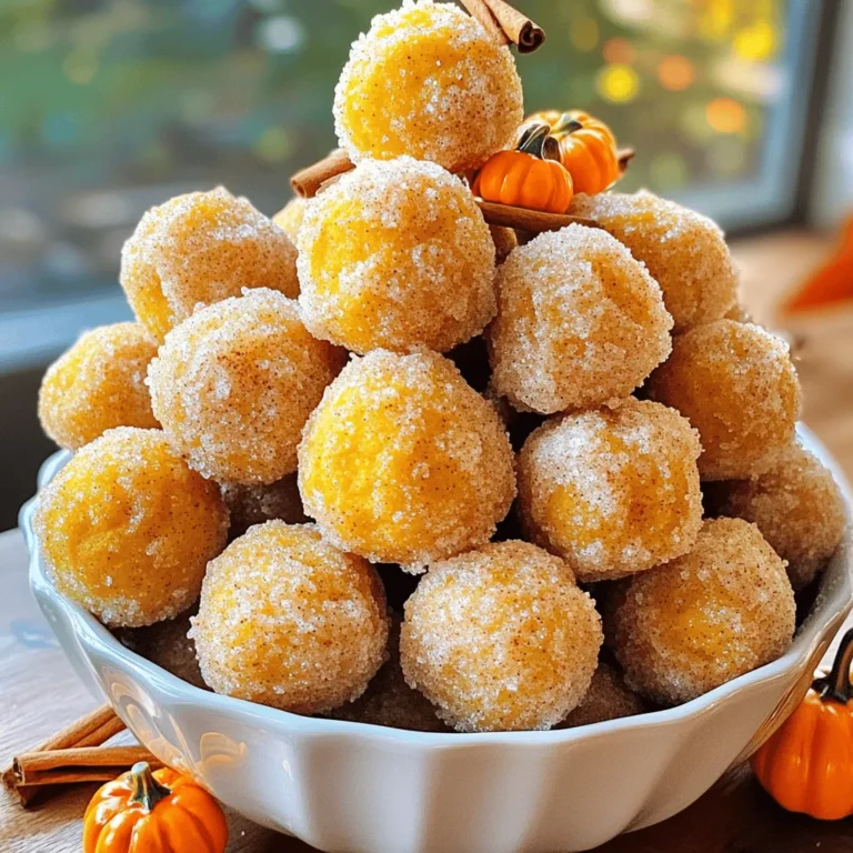 - 1 cup all-purpose flour - 1/2 cup granulated sugar - 1/4 cup brown sugar - 1 tsp baking powder - 1/2 tsp baking soda - 1 tsp ground cinnamon - 1/2 tsp ground nutmeg - 1/4 tsp ground ginger - 1/4 tsp salt - 1/2 cup pumpkin puree - 1/2 tsp vanilla extract - 1/4 cup buttermilk (or milk with a splash of vinegar) - 1 large egg - 1/4 cup unsalted butter, melted - 1/2 cup granulated sugar (for rolling) - 1 tbsp ground cinnamon (for rolling) To make these donut holes, start with your dry ingredients. Mix flour, both sugars, baking powder, baking soda, cinnamon, nutmeg, ginger, and salt in a bowl. This blend gives your donut holes a warm, cozy flavor. Next, move to your wet ingredients. In a separate bowl, combine pumpkin puree, vanilla extract, buttermilk, egg, and melted butter. The pumpkin puree adds moisture and that signature fall taste. For the coating, you only need sugar and cinnamon. This will give your donut holes a sweet, spiced finish. These ingredients come together to create a delightful treat, perfect for any occasion. The blend of spices and pumpkin makes each bite a joy. 1. Preheat your oven to 350°F (175°C) and grease a mini muffin pan or donut hole maker. 2. In a large bowl, whisk together: - 1 cup all-purpose flour - 1/2 cup granulated sugar - 1/4 cup brown sugar - 1 tsp baking powder - 1/2 tsp baking soda - 1 tsp ground cinnamon - 1/2 tsp ground nutmeg - 1/4 tsp ground ginger - 1/4 tsp salt 3. In another bowl, mix: - 1/2 cup pumpkin puree - 1/2 tsp vanilla extract - 1/4 cup buttermilk (or milk with a splash of vinegar) - 1 large egg - 1/4 cup unsalted butter, melted 1. Gradually add the wet ingredients to the dry ingredients. 2. Fold until just combined. It's fine if there are a few lumps. 3. Using a small cookie scoop or spoon, fill each cavity of the mini muffin pan about 2/3 full with the batter. 1. Bake the donut holes for 10-12 minutes. Check with a toothpick; it should come out clean. 2. While they bake, prepare the coating by mixing together: - 1/2 cup granulated sugar - 1 tbsp ground cinnamon 3. Once baked, let the donut holes cool for about 5 minutes. Then gently roll them in the cinnamon-sugar mixture to coat. 4. Transfer the coated donut holes to a serving platter. These steps will help you make warm, fluffy donut holes with a lovely pumpkin spice flavor. Enjoy the cozy aroma as they bake! To get soft donut holes, avoid overmixing the batter. Mix until just combined. Some lumps are okay. If you mix too much, the donut holes will be dense. The baking time is also key. Bake them for 10-12 minutes. Check with a toothpick; it should come out clean. Want more flavor? Add other spices like cloves or allspice. These spices will boost the taste. If you use fresh pumpkin puree, the flavor shines through. Fresh puree gives a richer taste than canned. Serve your donut holes warm for the best experience. You can arrange them in a bowl. Add a sprinkle of cinnamon on top for a nice touch. For a festive look, place mini decorative pumpkins around the bowl. {{image_2}} For a tasty twist, try maple pumpkin spice donut holes. Substitute half the sugar with maple syrup. This gives a rich and sweet flavor. You can add maple extract for extra depth. Another fun option is chocolate chip pumpkin spice donut holes. Fold in half a cup of mini chocolate chips before baking. The chocolate pairs well with the warm spices. Both flavors offer a new take on this fall favorite. Want a gluten-free option? Use a mix of almond flour and coconut flour. This gives a light texture while keeping them delicious. For a vegan version, replace the egg with a flax egg. Mix one tablespoon of ground flaxseed with three tablespoons of water. Let it sit for five minutes to thicken. Swap the butter for coconut oil or vegan butter. These changes keep the taste amazing while catering to different diets. Present your donut holes in fun, holiday-themed ways. Use a festive bowl and add mini pumpkins for a cheerful touch. Arrange the donuts in a circle, and sprinkle extra cinnamon for flair. Pair them with seasonal beverages like hot cider or pumpkin spice lattes. This combination allows for a cozy fall experience. You can even offer a dipping sauce, like maple syrup, for extra fun! To keep your donut holes fresh, store them in an airtight container. This helps prevent them from drying out. Place a paper towel in the container to absorb moisture. This keeps the donut holes soft and tasty. If you plan to eat them within two days, you can leave them at room temperature. For longer storage, refrigerate them. You can freeze these donut holes for up to three months. First, let them cool completely. Then, place them in a single layer on a baking sheet. Freeze them for about an hour until firm. After that, transfer the donut holes to a freezer bag or container. Remove as much air as possible to prevent freezer burn. To thaw, take them out of the freezer and leave them in the fridge overnight. You can also microwave them for about 15 seconds for a quick thaw. To reheat your donut holes, the oven works best. Preheat your oven to 350°F (175°C). Place the donut holes on a baking sheet and warm for about 5 minutes. This keeps the outside crispy and the inside soft. You can also use the microwave, but use low power to avoid sogginess. Heat them for 10-15 seconds at a time until warm. Enjoy your delicious treats! To help your donut holes rise, use fresh baking powder and baking soda. These ingredients give your batter lift. Make sure to mix the dry ingredients well before adding the wet ones. Don’t overmix the batter; a few lumps are okay. This keeps your donut holes light and fluffy. Yes, you can use canned pumpkin. It saves time and still gives great flavor. Just make sure it’s pure pumpkin puree, not pumpkin pie filling. This ensures you get the right taste and texture in your donut holes. You can customize these donut holes in many ways. Try adding chocolate chips for a sweet twist. You can also mix in nuts or dried fruit for extra texture. For a spicier flavor, add more cinnamon or a pinch of cloves. Get creative and make them your own! Homemade donut holes taste best fresh. However, you can store them in an airtight container for up to three days. If you want to keep them longer, freeze them. They can last up to two months in the freezer. Just make sure to thaw them at room temperature before serving. Absolutely! You can use a mini muffin pan or a donut hole maker. If you have fun shapes, go ahead and use them. Just adjust the baking time as needed. Keep an eye on them to ensure they bake evenly and come out perfect! You now have a complete guide to making delicious pumpkin spice donut holes. We covered the key ingredients, simple steps, and helpful tips throughout the baking process. You can explore various flavors and adapt the recipe to fit dietary needs. Finally, you learned how to store and reheat them for maximum freshness. Enjoy creating these tasty treats during any season. Trust me, they will be a hit!