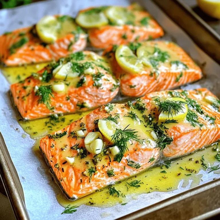 To make this Garlic Butter Herb Salmon, you need: - 4 salmon fillets (6 ounces each) - 4 tablespoons unsalted butter - 4 cloves garlic, minced - 1 tablespoon fresh parsley, chopped - 1 tablespoon fresh dill, chopped - 1 tablespoon fresh lemon juice - Salt and pepper to taste - Lemon slices (for garnish) You can swap out some ingredients if needed. For instance, use olive oil instead of butter for a lighter dish. If you lack fresh herbs, dried ones work too. Just use less, about one-third of the amount. You can also use garlic powder in place of fresh garlic. Use about half a teaspoon for each clove. If you want a different flavor, try lime juice instead of lemon juice. Fresh herbs bring bright flavors and vibrant color. They are great for this dish. Use them if you can. Dried herbs are handy too. They have a more concentrated taste. If using dried herbs, remember they are stronger. Use about one-third of the fresh herb amount. For example, if a recipe calls for one tablespoon of fresh parsley, use one teaspoon of dried parsley. 1. Preheat your oven to 400°F (200°C). This step is key for even cooking. 2. Take a small saucepan and set it over medium heat. 3. Add 4 tablespoons of unsalted butter to the pan. Let it melt slowly. 4. Once the butter is melted, add 4 cloves of minced garlic. 5. Sauté the garlic for about 1 minute. It should smell great but not brown. 6. Stir in 1 tablespoon of chopped parsley and 1 tablespoon of chopped dill. 7. Add 1 tablespoon of fresh lemon juice for brightness. Mix well. 8. Remove the pan from heat and set your garlic butter aside. 1. Line a baking sheet with parchment paper. This helps with easy cleanup. 2. Place 4 salmon fillets, skin-side down, on the lined sheet. 3. Season each fillet with salt and pepper to taste. 4. Pour the garlic butter herb mixture over the salmon. Make sure each fillet is well-coated. 5. Bake the salmon in the preheated oven for 12-15 minutes. 6. Check for doneness by using a fork to see if it flakes easily. - The internal temperature should reach 145°F (63°C) to be safe to eat. - If you don’t have a thermometer, check the salmon with a fork. - It should flake easily and look opaque. If it’s still translucent, give it more time. - Let the salmon rest for a couple of minutes before serving. This helps the juices settle. I love baking salmon because it keeps the fish moist. The oven cooks evenly and lets the flavors shine. You can also grill salmon for a nice char and smoky taste. Pan-searing gives a crispy skin, which many enjoy. Each method works great for this garlic butter herb salmon. Salmon cooks fast, so keep an eye on it. Bake for 12-15 minutes at 400°F. Use a fork to check if it flakes easily. The internal temperature should be 145°F. If you go over, the fish can become dry. Setting a timer helps prevent mistakes. To make this dish even tastier, try adding other herbs. Thyme and basil pair well with garlic and butter. A splash of white wine in the butter mix adds depth. You can also use a bit of honey for a sweet touch. Experimenting with flavors makes cooking fun and unique! {{image_2}} You can switch up the herbs in this dish. Fresh basil or thyme adds great flavor. Try using oregano for a Mediterranean twist. If you like heat, a pinch of red pepper flakes works well too. Each herb brings its own taste, making your meal unique every time. Salmon is tasty, but you can use other fish too. Cod or trout works well with garlic butter. If you prefer seafood, shrimp is a great option. For a meat choice, chicken breasts can soak up those rich flavors. Just adjust cooking times for different proteins. Grilling salmon adds a smoky flavor. Preheat your grill and use a fish basket for easy handling. Cook each side for about 4-5 minutes. If you prefer pan-seared, heat a skillet with some oil. Sear each side for 3-4 minutes until golden. Both methods keep your fish juicy and full of flavor. To keep your Garlic Butter Herb Salmon fresh, store it in an airtight container. Place the salmon in the fridge right after it cools. If you have leftovers, try to eat them within three days for the best taste. Make sure to cover them well to avoid any odors from the fridge. When it’s time to enjoy your leftover salmon, reheat it gently. Preheat your oven to 300°F (150°C). Place the salmon on a baking sheet and cover it with foil. Heat for about 10-15 minutes, or until warm. You can also use a microwave. Just cover the salmon and heat for 30 seconds at a time, checking often. This keeps it moist and tasty. If you want to store your salmon for longer, freezing works great. Wrap each salmon fillet tightly in plastic wrap. Then, place them in a freezer-safe bag or container. You can freeze it for up to three months. When you’re ready to eat, thaw it in the fridge overnight before reheating. This keeps the flavors fresh and delicious. Garlic Butter Herb Salmon stays fresh in the fridge for 3 to 4 days. Store it in an airtight container. Make sure it cools down before sealing. This way, it keeps its flavor and texture. Yes, you can use frozen salmon. Just thaw it first before cooking. Thaw it in the fridge overnight for best results. This helps keep the fish juicy and tender. I love serving Garlic Butter Herb Salmon with simple sides. Here are some great options: - Steamed broccoli - Roasted asparagus - Rice or quinoa - A fresh green salad - Mashed potatoes These sides complement the salmon well and make a complete meal. To sum up, this post covered the ingredients for Garlic Butter Herb Salmon, along with tips and tricks for making it. I also shared variations and storage info to help you get the most from your meal. In my final thoughts, remember that cooking offers endless ways to enjoy salmon. Each method lets you explore new flavors. Keep experimenting and have fun in the kitchen. Enjoy your delicious creations!