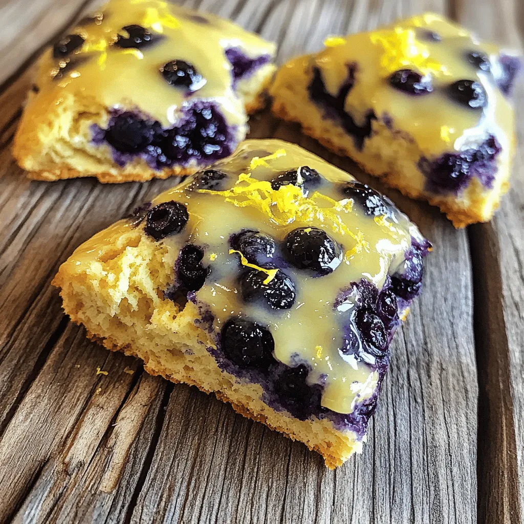 To make delicious blueberry lemon scones with glaze, you need simple ingredients. Here’s the list: - 2 cups all-purpose flour - 1/2 cup granulated sugar - 1 tablespoon baking powder - 1/2 teaspoon salt - 1/2 cup unsalted butter, cold and cubed - 1 cup fresh blueberries - Zest of 1 lemon - 1/2 cup heavy cream - 1 large egg - 1 teaspoon vanilla extract - 1 cup powdered sugar - 2-3 tablespoons lemon juice (for glaze) Each ingredient plays a key role in the flavor and texture of the scones. The flour gives structure, while sugar adds sweetness. Baking powder helps them rise, and salt enhances flavor. Cold butter creates a flaky texture, and blueberries bring juicy bursts. Lemon zest brightens the taste, while heavy cream and egg bind everything. Finally, powdered sugar and lemon juice make the sweet glaze that tops the scones. Gather these items, and you are ready to bake! Start by preheating your oven to 400°F (200°C). This helps the scones bake evenly. Line a baking sheet with parchment paper. This step keeps your scones from sticking. In a large bowl, whisk together the dry ingredients. Combine 2 cups of all-purpose flour, 1/2 cup of granulated sugar, 1 tablespoon of baking powder, and 1/2 teaspoon of salt. Whisking helps mix everything well. Next, add 1/2 cup of cold, cubed unsalted butter to the dry mix. Use a pastry cutter or your fingers to mix. You want the mixture to look like coarse crumbs. This step adds richness to the scones. Gently fold in 1 cup of fresh blueberries and the zest from 1 lemon. Be careful not to break the berries. This adds flavor and color to your scones. In another bowl, whisk together 1/2 cup of heavy cream, 1 large egg, and 1 teaspoon of vanilla extract. Mix well until everything is combined. This step binds your ingredients together. Pour the wet mix into the dry mix. Stir gently until just combined. The dough should come together but not be over-mixed. Turn the dough onto a floured surface. Pat it into a circle about 1 inch thick. Cut the scones into wedges or use a round cutter for shapes. Transfer your scone shapes to the prepared baking sheet. Bake for 15-20 minutes. They should turn a light golden color on top. This means they are done. While the scones bake, mix 1 cup of powdered sugar with 2-3 tablespoons of lemon juice in a bowl. Stir until smooth. Adjust the lemon juice to get the right thickness for your glaze. Once the scones cool on a wire rack for about 10 minutes, drizzle the lemon glaze over them. This sweet touch adds a nice finish. Enjoy your warm blueberry lemon scones! To make great scones, keep a few tips in mind: - Use cold butter. It helps create flaky layers. - Use fresh blueberries. They add burst and flavor. - Measure your flour correctly. Too much can make them dry. - Add lemon zest for a bright flavor. It lifts the scone. Mixing too much can ruin your scones. When you combine the wet and dry ingredients, stir gently. The goal is to just combine them. Look for a dough that holds together but is not smooth. This helps keep your scones light and fluffy. Preheat your oven to 400°F (200°C). A hot oven helps scones rise well. Place them on the middle rack. This allows even heat. If your scones are not browning, check your oven's temperature with a thermometer. Let the scones cool on a wire rack for about 10 minutes after baking. This keeps them from getting soggy. For the glaze, mix powdered sugar with lemon juice until smooth. Drizzle it on the scones while they are still warm. This helps the glaze stick better. Enjoy the sweet and tangy flavor! {{image_2}} You can switch out blueberries for other berries. Raspberries, blackberries, or strawberries work great. Each berry brings a unique taste. For instance, strawberries add sweetness, while raspberries give a tart flavor. Just remember to adjust the amount based on berry size. If using larger berries, cut them into smaller pieces. If you want a twist, try other citrus zests. Lime zest adds a bright, fresh taste. Orange zest offers sweetness and depth. You can even mix zests for a more complex flavor. Just use the same amount as you would for lemon. This keeps the balance of flavors in your scones. Incorporating nuts or spices can elevate your scones. Chopped walnuts or pecans add crunch and richness. For a warm flavor, consider adding cinnamon or nutmeg. Use about 1/4 cup of nuts or 1 teaspoon of spices. This way, you can create a scone that suits your taste. Enjoy experimenting with different combinations! To keep your blueberry lemon scones fresh, store them in an airtight container. This helps keep moisture in and prevents them from getting hard. Place wax paper between layers to avoid sticking. They stay fresh for about 2-3 days at room temperature. If you want to keep them longer, consider freezing. To enjoy warm scones again, preheat your oven to 350°F (175°C). Place the scones on a baking sheet. Heat for about 5-10 minutes. This warms them and helps restore some of their original texture. You can also microwave them for 15-20 seconds, but they won't be as crispy. To freeze scones, cool them completely first. Wrap each scone in plastic wrap or aluminum foil. Place wrapped scones in a freezer bag. They can last up to 3 months in the freezer. When ready to eat, let them thaw in the fridge overnight. Then, reheat as mentioned above. Enjoy your delicious scones anytime! Yes, you can use frozen blueberries. They work well in scones. Just add them straight from the freezer. Avoid thawing to keep them from bleeding. This keeps your scones bright and beautiful. To make gluten-free scones, replace regular flour with a gluten-free blend. Use a mix that has xanthan gum. This helps mimic the texture of all-purpose flour. Follow the same steps in the recipe for best results. If you need a substitute for heavy cream, use whole milk mixed with butter. Combine 1/2 cup of milk with 2 tablespoons of melted butter. This mixture will give you a similar fat content. The scones stay fresh for about 2-3 days at room temperature. Keep them in an airtight container. For longer storage, freeze them for up to 3 months. Just thaw and warm them before serving. Yes, you can make the dough ahead of time. Wrap it tightly in plastic wrap and refrigerate it for up to 24 hours. Just remember to let it sit at room temperature for a bit before shaping. The best way to glaze scones is to drizzle the glaze over them after they cool. Use a spoon for a light drizzle or a piping bag for more control. This adds a lovely finish to your scones. This blog post covered how to make delicious blueberry lemon scones. We discussed the ingredients, the step-by-step instructions, and useful tips for perfect results. Remember, mixing too much can ruin your scones. Explore variations by trying other fruits or adding nuts. Store your scones properly for freshness. Enjoy baking these treats. They will impress everyone and bring joy to your kitchen. Now grab your ingredients and start creating your own batch!