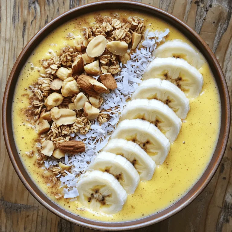 - 1 ripe banana, frozen - 1 cup unsweetened almond milk (or your preferred milk) - 2 tablespoons natural peanut butter - 1 scoop vanilla protein powder (plant-based or whey) - 1 tablespoon chia seeds - 1 tablespoon honey or maple syrup (optional) - Toppings: sliced banana, granola, chopped nuts, shredded coconut, and a sprinkle of cinnamon - Banana: This fruit gives you quick energy and potassium. It helps your muscles and heart. - Almond milk: Low in calories and rich in vitamins, it hydrates without added fat. - Peanut butter: A good source of protein and healthy fats, it keeps you full longer. - Protein powder: It boosts your protein intake, which helps build and repair muscles. - Chia seeds: These tiny seeds are packed with fiber and omega-3 fatty acids. They help digestion. - Honey or maple syrup: Both add natural sweetness and provide quick fuel. Use them sparingly! - Toppings: They add crunch, flavor, and nutrients. Each topping offers unique benefits, like healthy fats or fiber. - Instead of almond milk, try oat milk or coconut milk for a different taste. - Swap peanut butter for almond or cashew butter if you want a new flavor. - Use agave syrup or stevia instead of honey or maple syrup for a lower-calorie sweetener. - For a nut-free option, you can use sunflower seed butter. To make the smoothie base, gather your ingredients. You need a frozen banana, almond milk, peanut butter, protein powder, and chia seeds. If you like it sweet, add honey or maple syrup. 1. Place the frozen banana in a blender. 2. Pour in the cup of almond milk. 3. Add two tablespoons of peanut butter. 4. Scoop in the protein powder and chia seeds. 5. If you want extra sweetness, include honey or maple syrup. 6. Blend on high until smooth and creamy. If the mix is too thick, add more almond milk. Toppings make your smoothie bowl look great and add flavor. Start by pouring the smoothie mix into a bowl. Then, arrange your toppings on the surface. Here are some ideas: - Sliced banana - Granola - Chopped nuts - Shredded coconut Start with the banana slices. Next, sprinkle on granola and nuts. Finish with shredded coconut. A light sprinkle of cinnamon adds a nice touch. For the best smoothie bowl, focus on texture. If it’s too thick, add more almond milk. Blend again until smooth. If you like it thicker, use less milk. Frozen bananas help thicken the mix. For a creamier base, use more peanut butter. This balance makes your smoothie bowl delightful. Using frozen bananas makes your smoothie bowl creamy and thick. Choose ripe bananas for the best taste. Peel and slice them before freezing. Place slices in a single layer on a plate or tray. Once frozen, store them in a bag for easy use. This method helps keep them fresh and ready when you want to blend. You can adjust sweetness based on your taste. If you like it sweeter, add honey or maple syrup. Start with one tablespoon and taste. You can always add more, but you can’t take it out! For a less sweet option, skip the added sweetener. The banana and peanut butter will still give you a nice flavor. A good blender is key to a smooth consistency. I recommend a high-speed blender for best results. Look for a model with strong blades. If you have a personal blender, that works too! Just blend in smaller batches if needed. Make sure to scrape down the sides. This helps mix everything evenly. {{image_2}} You can change the protein powder to fit your taste. I like vanilla, but you can try chocolate or strawberry. Plant-based protein works great if you want a vegan option. Look for ones with no added sugar. You can also use regular whey protein if you prefer dairy. The toppings can make your smoothie bowl fun and tasty. Try adding berries for a fruity twist. Sliced kiwi gives a refreshing crunch. If you want something sweet, use chocolate chips or dried fruit. Nuts add a nice crunch if you like texture. You can even sprinkle some seeds for extra nutrition. To make this smoothie bowl vegan, skip honey and use maple syrup instead. For a low-carb diet, avoid fruits like bananas and use avocado instead. You can also add unsweetened cocoa powder for flavor. Almond milk is low in carbs, so stick with that. If you have leftover smoothie, pour it into an airtight container. This keeps it fresh. Store it in the fridge for up to 24 hours. When you’re ready to drink it, shake or stir well. The smoothie may separate, but that’s normal. If it looks too thick, add a splash of almond milk to thin it out. You can save time by prepping ingredients ahead. Peel and slice the banana, then freeze it. Measure out the almond milk, peanut butter, and protein powder. Store them in containers in the fridge. This way, you can whip up your smoothie bowl in just minutes! For meal prep, blend your smoothie base and pour it into ice cube trays. Once frozen, pop out the cubes and store them in a bag. When you want a smoothie bowl, blend a few cubes with your milk of choice. This method keeps your smoothie fresh and ready for any time! Yes, you can skip the protein powder. The smoothie will still taste great. The banana and peanut butter provide some protein. You can also add Greek yogurt for extra protein without the powder. To make this smoothie bowl dairy-free, use almond milk. You can also try coconut milk or oat milk. These options keep it creamy and delicious without dairy. Some tasty toppings include: - Sliced banana - Granola - Chopped nuts - Shredded coconut - A sprinkle of cinnamon Feel free to mix and match these for a fun look and taste. To thicken your smoothie bowl, add more frozen banana or ice. You can also use less almond milk. Blend well until it reaches your desired thickness. This blog post shared essential ingredients for tasty smoothie bowls. You now know their nutritional benefits and how to swap dairy or sweeteners. I provided step-by-step instructions to help you make the perfect base and add fun toppings. You can customize flavors and textures with protein powders and toppings. Lastly, I covered how to store and prep your smoothies. Try these tips and enjoy your healthy creations. Smoothie bowls can be simple, fun, and good for you!