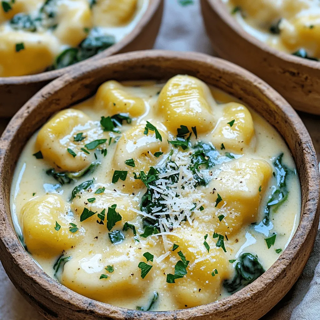 To make One-Pot Creamy Alfredo Gnocchi, gather these ingredients: - 1 package (16 oz) potato gnocchi - 2 cups heavy cream - 1 cup grated Parmesan cheese - 2 tablespoons unsalted butter - 3 cloves garlic, minced - 1 cup fresh spinach, roughly chopped - 1 teaspoon Italian seasoning - Salt and pepper to taste - Chopped parsley for garnish These simple ingredients come together for a rich and creamy dish. If you need to swap some ingredients, here are a few ideas: - Potato gnocchi: You can use any type of gnocchi, like cauliflower. - Heavy cream: Substitute with half-and-half for a lighter option. - Parmesan cheese: Grated Pecorino Romano works well too. - Fresh spinach: Kale or arugula can replace spinach for a different taste. - Unsalted butter: Olive oil can be used for a lighter flavor. These swaps can help you customize the dish to your taste. One serving of this creamy delight contains: - Calories: 570 - Fat: 42g - Carbohydrates: 40g - Protein: 12g - Fiber: 2g This meal is rich and filling, perfect for a cozy dinner. Enjoy this creamy dish while keeping an eye on your nutrition! Start by melting two tablespoons of unsalted butter in a large pot over medium heat. Once melted, add three cloves of minced garlic. Sauté the garlic for about one minute. You want it fragrant, not browned. The garlic gives the dish a nice flavor base. Next, pour in two cups of heavy cream. Bring it to a gentle simmer. Stir it occasionally to keep it from sticking. Now, add one package of potato gnocchi to the pot. Cook them for three to four minutes. You will know they are ready when they start to float. After the gnocchi floats, stir in one cup of grated Parmesan cheese. Add one teaspoon of Italian seasoning and one cup of roughly chopped spinach. Mix it all well until the cheese melts and the sauce turns creamy. Season with salt and pepper to taste. Let it simmer for two more minutes to soak in the flavors. This step makes the dish rich and tasty. To make a super creamy sauce, use full-fat heavy cream. It gives the best texture. Stir the sauce often while it simmers. This helps mix the flavors well. You can add more cheese too! Mixing in extra Parmesan makes it richer. If you want a hint of nutty flavor, try adding a little cream cheese. This trick boosts creaminess and adds depth. Cooking time can change based on the brand of gnocchi. Most brands take about 3-4 minutes to float. Always check the package for specific times. If your gnocchi floats quickly, taste one to check for doneness. If it’s chewy, cook for another minute. Remember, overcooking can make gnocchi too soft. So, keep an eye on them! Serve your creamy Alfredo gnocchi in shallow bowls. This makes it look nice and inviting. Top each bowl with chopped parsley for color. It adds a fresh taste too. For an extra touch, sprinkle some Parmesan shavings on top. This small step makes your dish look gourmet. A drizzle of olive oil can add shine and flavor, making it even more appealing. {{image_2}} You can easily add protein to your One-Pot Creamy Alfredo Gnocchi. Chicken and shrimp work great. For chicken, use cooked, diced pieces. Add them when you stir in the cheese. If you prefer shrimp, sauté them in the pot before adding the cream. Cook until they turn pink. This keeps the dish exciting and filling. If you want a vegetarian option, just skip the meat. You can keep the creamy sauce and spinach. For a vegan version, swap heavy cream for coconut milk. Use nutritional yeast instead of Parmesan for a cheesy flavor. This way, everyone can enjoy a tasty meal that fits their diet. To change up the flavor, try adding different herbs or spices. Fresh basil or thyme can brighten up the dish. For a kick, add red pepper flakes. You can also use garlic powder for more garlic flavor. These small tweaks can make a big difference, making your meal unique every time you cook it. To store your creamy Alfredo gnocchi, let it cool first. Then, place it in an airtight container. You can keep it in the fridge for up to three days. Make sure to label the container with the date. This helps you remember when you made it! When you are ready to eat your leftovers, reheat them gently. Place the gnocchi in a pot over medium heat. Add a splash of cream or water to keep it creamy. Stir often to prevent sticking. Heat until it's warm all the way through. This keeps the flavors fresh and delicious. You can freeze this dish, but it may change the texture. To freeze, let the gnocchi cool completely. Then, place it in a freezer-safe container. It can last for up to three months in the freezer. When ready to eat, thaw it in the fridge overnight. Reheat it on the stove with a little cream, just like before. Enjoy your tasty meal! Yes, you can use other cheeses. Mozzarella gives a nice stretch. Fontina adds a rich taste. You can mix cheeses for a unique flavor. Just remember, each cheese melts differently. This can change the sauce's texture. You can serve this dish with a simple salad. A side of garlic bread pairs well too. Roasted veggies add color and crunch. Grilled chicken or shrimp can boost protein. Choose what you enjoy most! The prep time is about 10 minutes. Cooking the gnocchi takes around 10 more minutes. So, you can have this meal ready in 20 minutes. It’s quick and perfect for busy nights! This blog post covered how to make One-Pot Creamy Alfredo Gnocchi. We talked about the ingredients, how to prepare them, and tips for making the meal even better. You learned about variations and how to store leftovers. Enjoy this dish with your favorite protein or vegetables. It’s quick, tasty, and sure to please. With these steps, you can create a creamy meal that everyone loves. Happy cooking!