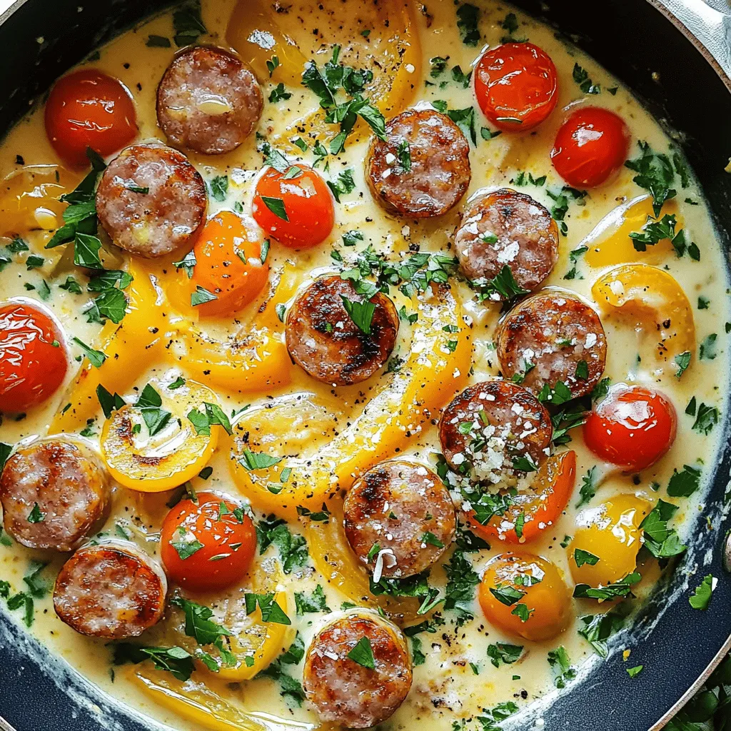 To make Minute Creamy Cajun Sausage Skillet, gather these ingredients: - 12 ounces smoked sausage, sliced (try chicken or turkey for a lighter dish) - 1 tablespoon olive oil - 1 medium onion, chopped - 3 cloves garlic, minced - 1 bell pepper, diced (any color) - 1 cup cherry tomatoes, halved - 1 cup heavy cream - 1 teaspoon Cajun seasoning - 1/2 teaspoon smoked paprika - Salt and pepper to taste - 3 cups cooked penne pasta - 1/4 cup fresh parsley, chopped (for garnish) - Grated Parmesan cheese (for serving) You can swap some ingredients if needed: - Sausage: Use any type of sausage. Chicken or turkey keeps it light. - Cream: For a lighter version, use half-and-half or coconut cream. - Pasta: Any pasta works. Try gluten-free or whole wheat for a healthier choice. - Vegetables: Add zucchini or spinach for extra color and nutrition. - Spices: If you like it spicy, add cayenne pepper or a dash of hot sauce. Fresh ingredients make a huge difference in flavor: - Sausage: Choose sausages with no fillers. Look for natural ingredients. - Vegetables: Pick fresh, firm vegetables. Avoid any that are soft or bruised. - Tomatoes: Look for bright, plump cherry tomatoes. They should smell sweet. - Cream: Use heavy cream for richness. Check the date for freshness. - Parsley: Fresh parsley should look vibrant and green. Avoid wilted leaves. Using quality ingredients leads to a tastier dish. Your Cajun skillet will shine with fresh, flavorful components! Start by gathering all your ingredients. This makes cooking smoother and fun. You will need: - 12 ounces smoked sausage, sliced - 1 tablespoon olive oil - 1 medium onion, chopped - 3 cloves garlic, minced - 1 bell pepper, diced - 1 cup cherry tomatoes, halved - 1 cup heavy cream - 1 teaspoon Cajun seasoning - 1/2 teaspoon smoked paprika - Salt and pepper to taste - 3 cups cooked penne pasta - 1/4 cup fresh parsley, chopped - Grated Parmesan cheese Chop the onion, garlic, and bell pepper. Slice the sausage and halve the cherry tomatoes. Set them aside. This prep helps the dish come together fast. Heat your large skillet over medium heat. Pour in the olive oil. Once hot, add the sliced sausage. Cook it until it turns brown, about 4-5 minutes. Stir often to get even color. Next, toss in the chopped onion, minced garlic, and bell pepper. Sauté these for 3-4 minutes. You want the veggies soft but not mushy. Then, add the cherry tomatoes. Cook for another 2-3 minutes until they start to burst. This adds a sweet touch to your dish. Now it’s time to make it creamy! Pour in the heavy cream. Add the Cajun seasoning, smoked paprika, salt, and pepper. Mix everything well. Bring it to a gentle simmer. The sauce should thicken just a bit. This creamy base is what makes the dish special. It’s almost done! Take your cooked penne pasta and add it to the skillet. Stir to coat the pasta evenly in the sauce. Heat everything through for about 2 minutes. This helps the pasta soak up all the flavors. Once heated, remove the skillet from the heat. Sprinkle fresh parsley on top and adjust the seasoning if needed. Serve hot with grated Parmesan cheese. Enjoy your Cajun goodness! To get the best flavor from your sausage, slice it into even pieces. This helps it cook evenly. Heat your skillet before adding the sausage. Cooking it for about 4-5 minutes gives it a nice brown color. This adds great taste to your dish. You can use chicken or turkey sausage for a lighter meal. A creamy sauce should be smooth and rich. To prevent it from becoming grainy, avoid boiling the heavy cream too rapidly. Always stir gently while adding the cream. This keeps the sauce silky. Mixing in the Cajun seasoning slowly also helps blend the flavors. Serve your Cajun sausage skillet hot for the best taste. Sprinkle fresh parsley on top for color and flavor. Grated Parmesan cheese adds a nice touch, too. For a complete meal, pair it with a fresh salad or crusty bread. This makes each bite more enjoyable! {{image_2}} You can switch out the smoked sausage for chicken or turkey sausage. This change cuts down on fat and calories while keeping flavor. You can also use light cream instead of heavy cream. It makes the dish lighter but still creamy. Fresh veggies are a great addition, too. Think spinach or zucchini for extra nutrients. If you like it spicy, add more Cajun seasoning. You can also try crushed red pepper flakes for a kick. For a milder dish, use less seasoning at first. You can always add more as you go. This way, you control the heat to fit your taste. Penne pasta works great, but feel free to try other options. Fusilli or farfalle can add fun shapes and textures. If you want a grain, quinoa or brown rice can work too. Both give a nutty flavor and can make this dish gluten-free. To keep your creamy Cajun sausage dish fresh, store leftovers in a sealed container. Place it in the fridge within two hours of cooking. It will stay good for up to three days. If you want to enjoy it later, let it cool completely before sealing. This helps keep the dish from getting soggy. When it's time to enjoy your leftovers, reheating is simple. Heat a skillet over medium heat. Add the leftover dish and a splash of water or cream to help it stay creamy. Stir often until it's hot throughout. You can also use a microwave. Place it in a microwave-safe bowl, cover it with a lid, and heat in short bursts. Stir in between to ensure even heating. If you want to store the dish for longer, freezing is a great option. First, let the dish cool completely. Then, place it in a freezer-safe container or bag. Make sure to remove as much air as possible. Label it with the date. You can freeze it for up to three months. When ready to eat, thaw it overnight in the fridge. Reheat it on the stove or in the microwave as mentioned. Yes, you can use different types of sausage. I often use smoked sausage, but chicken or turkey sausage works well too. These options are healthier and still give great flavor. Feel free to experiment with spicy sausage for an extra kick. Each type of sausage adds its own taste to the dish. Try to choose one that you enjoy! To make this dish dairy-free, swap heavy cream for a dairy-free alternative. Coconut cream or cashew cream are good choices. These options keep the dish creamy without using dairy. Make sure to check the labels for added sugars or preservatives. This way, you can enjoy the creamy texture without dairy! You can serve Cajun sausage skillet with various sides. A simple green salad pairs nicely. Rice is another great option to soak up the creamy sauce. You could also serve it with crusty bread for dipping. If you want more veggies, try steamed broccoli or green beans. Each option adds a nice balance to the meal! This blog post covered all you need for a great Cajun sausage skillet. I shared key ingredients and their swaps, plus tips for picking fresh ones. You learned step-by-step how to prep, cook, and pair flavors for a creamy sauce. I also included tips to avoid common mistakes and variations for a personal touch. Remember, you can customize your dish to fit your tastes. Now go ahead and try this recipe. You’ll impress your family or friends with your cooking skills!