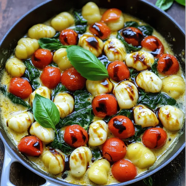 - 1 lb potato gnocchi - 2 tablespoons olive oil - 3 cloves garlic, minced - 1 cup cherry tomatoes, halved - 1 cup fresh mozzarella balls, halved - 2 cups fresh spinach - 1 cup heavy cream - 1/2 teaspoon Italian seasoning - Salt and pepper to taste - Fresh basil leaves for garnish - Balsamic glaze for drizzling To make this dish, you will need: - A large skillet - A wooden spoon or spatula - A measuring cup and spoons - A knife and cutting board These tools help you cook and serve the dish easily. A good skillet gives even heat. A sharp knife makes cutting veggies quick. If you don’t have gnocchi, use pasta like fusilli or penne. For a lighter option, try cauliflower gnocchi. You can swap cherry tomatoes with diced tomatoes or sun-dried tomatoes. If you need a dairy-free option, use coconut cream or almond milk instead of heavy cream. For a fresh twist, add arugula instead of spinach. 1. Start by heating 2 tablespoons of olive oil in a large skillet over medium heat. 2. Mince 3 cloves of garlic and add them to the hot oil. Sauté for about 1 minute, until you smell the garlic. 3. Cut 1 cup of cherry tomatoes in half. Add the tomatoes to the skillet and cook them for 5-7 minutes. Stir them now and then until they get soft and blister. 4. Now, add 1 pound of potato gnocchi to the skillet. Cook them as the package says, usually about 3-5 minutes. They are done when they float to the top. 5. Add 2 cups of fresh spinach. Stir it in until it wilts, which takes about 2-3 minutes. 6. Pour in 1 cup of heavy cream. Mix it well with the other ingredients. Add 1/2 teaspoon of Italian seasoning, and season it with salt and pepper. Cook for another 2-3 minutes. This will help the sauce thicken a bit. 7. Gently fold in 1 cup of halved fresh mozzarella balls. Remove the skillet from heat as soon as the cheese starts to melt. 8. Plate the creamy gnocchi and garnish it with fresh basil leaves. Drizzle some balsamic glaze on top for a nice finish. I recommend taking pictures at each step. This way, you can see how the dish changes as you cook. You can also find videos online that show similar recipes. Watching someone else can help you feel more confident. - Prep Time: 10 minutes - Cooking Time: 15 minutes - Total Time: 25 minutes - Servings: 4 By breaking down the time, you can plan your meal better. Each step flows into the next, making this dish fun and quick to prepare. To cook gnocchi well, start with a large pot of salted water. Boil the water before adding the gnocchi. This step helps the gnocchi float when they are ready. Cook them until they float to the top, usually about 3-5 minutes. Don’t overcrowd the pot, as it can make the gnocchi stick together. After cooking, drain them gently. You can also sauté them in olive oil for a nice texture. To boost flavor, use fresh ingredients. Fresh basil and ripe cherry tomatoes make a big difference. Adding garlic at the start gives a great base flavor. Don't skip the balsamic glaze; it adds a sweet touch. You can also sprinkle some grated Parmesan cheese on top for extra taste. A pinch of red pepper flakes can give a spicy kick. One common mistake is overcooking the gnocchi. This can make them mushy. Always keep an eye on them once they float. Another mistake is not seasoning enough. Taste your dish while cooking and adjust salt and pepper as needed. Lastly, avoid adding too much cream at once. Gradually stir it in to achieve the perfect creamy texture. {{image_2}} You can make this dish even better with some fresh vegetables. Try adding zucchini or bell peppers. These add color and crunch. You might also like to toss in some artichoke hearts for a fun twist. These additions keep it light and tasty while staying vegetarian. If you want some extra protein, consider adding chicken or shrimp. Cook the chicken in the skillet before the garlic. Use bite-sized pieces for quick cooking. For shrimp, add them after the tomatoes. They only need a few minutes until they turn pink. Both options elevate the dish and make it more filling. Switching the sauce can change the whole meal. Pesto adds a fresh, herby flavor that brightens the dish. For a richer taste, use Alfredo sauce instead of heavy cream. You can even mix both for a creamy and zesty blend. Each sauce brings out unique flavors, so feel free to experiment! To store leftovers, let the dish cool down first. Place the creamy caprese gnocchi in an airtight container. This keeps the flavors fresh. Store it in the refrigerator for up to three days. If you want to keep it longer, freezing is a good option. When you're ready to eat, it’s time to reheat. You can use a skillet or microwave. For a skillet, warm it over low heat. Stir occasionally until it's hot. In the microwave, use a microwave-safe bowl. Heat in short bursts, stirring in between, until warm. Adding a splash of cream can help keep it creamy. Freezing gnocchi can be easy. If you have extra uncooked gnocchi, you can freeze them. Place them on a baking sheet in one layer. Freeze until solid, then transfer to a bag. For cooked gnocchi, freeze them in a single layer first. Then, put them in a bag. Use them within three months for the best taste. Gnocchi is a small pasta made from potatoes. It can also include flour and eggs. This soft pasta is light and fluffy. The best gnocchi has a tender bite. You can find it in many stores. Yes, you can prepare parts of this dish ahead of time. Cook the gnocchi and store it in the fridge. You can also mix the sauce without adding the cheese. Just reheat it when you are ready to eat. Gnocchi cooks quickly. It usually takes about 3-5 minutes. They are done when they float to the top. If they sink, give them a bit more time. Test one to be sure! This dish pairs well with a fresh salad. A simple green salad with vinaigrette is great. You can also serve it with garlic bread. For a special touch, add a glass of white wine. You now have a complete guide to making gnocchi. We covered the ingredients and tools you need, along with step-by-step cooking instructions. I included tips to improve your dish and variations to try. Plus, I shared smart ways to store or reheat leftovers. Remember, cooking is fun! Don't be afraid to make this dish your own. Enjoy your delicious homemade gnocchi!