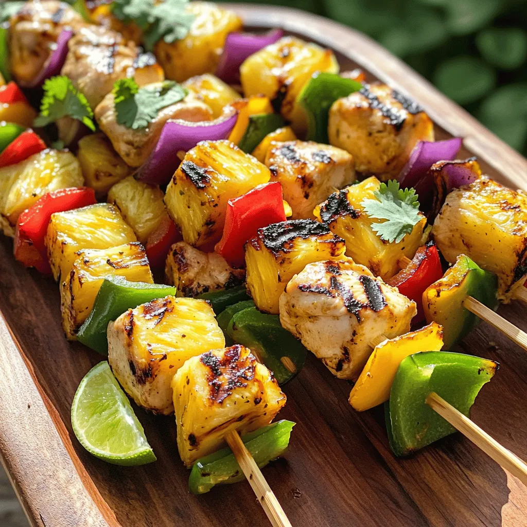 For these tasty kabobs, you need a few key items. Grab these: - 1 lb boneless, skinless chicken breast, cut into 1-inch cubes - 1 medium fresh pineapple, peeled and cut into chunks - 1 red bell pepper, cut into squares - 1 green bell pepper, cut into squares - 1 small red onion, cut into wedges These ingredients bring bright colors and great flavors to your meal. The marinade makes the chicken juicy and full of taste. Use these: - 1/4 cup soy sauce - 2 tablespoons honey - 2 tablespoons olive oil - 2 cloves garlic, minced - 1 teaspoon ground ginger - Salt and pepper to taste Mix these items to create a sweet and savory blend. You can add more veggies and fruits for extra flavor. Consider: - Zucchini, sliced - Cherry tomatoes - Mushrooms, whole - Other fruits like mango or bell peppers Feel free to experiment with what you love! This mix can make each kabob unique and fun. Start by making your marinade. In a mixing bowl, whisk together the soy sauce, honey, and olive oil. Then, add the minced garlic and ground ginger. Finish by seasoning with salt and pepper to taste. This blend gives a sweet and savory flavor to the chicken. Next, add the cubed chicken to the marinade. Make sure each piece is well coated. Cover the bowl with plastic wrap and let it sit in the refrigerator. For the best flavor, marinate the chicken for at least 30 minutes. You can even let it sit for up to 2 hours if you have the time. Once the chicken is marinated, it’s time to assemble the kabobs. Preheat your grill to medium-high heat. Take your soaked skewers and start threading the ingredients. Alternate the marinated chicken, pineapple chunks, red and green bell pepper squares, and red onion wedges. This not only looks great but also adds a burst of flavor. Now, place the assembled kabobs on the hot grill. Cook them for about 10 to 12 minutes. Turn them occasionally to ensure even cooking. The chicken is ready when it is cooked through and the juices run clear. Once done, take them off the grill and let them rest for a few minutes. This helps keep them juicy and tender. Marinate your chicken for at least 30 minutes. This gives it great flavor. For a richer taste, marinate for up to 2 hours. The longer time helps the chicken soak up all the yummy sauce. When skewering, start with chicken. Then add pineapple, peppers, and onion. Make sure to alternate colors for a fun look. If using wooden skewers, soak them in water for 30 minutes first. This prevents them from burning on the grill. To check if the chicken is done, cut a piece in half. The meat should be white and juices should run clear. Another way is to use a meat thermometer. The chicken should reach 165°F for safe eating. {{image_2}} You can switch the chicken for other meats. Try shrimp, beef, or pork. Each option brings its own taste. Shrimp cooks fast and adds a nice texture. Beef gives a hearty flavor. Pork is juicy and sweet, making it a great choice too. Feel free to mix up the veggies and fruits. Zucchini, cherry tomatoes, and mushrooms work very well. You can also add mango or peaches for a sweet twist. Just remember to cut them into even pieces. This ensures they cook properly and look great on the grill. For a vegetarian or vegan option, replace chicken with tofu or tempeh. Marinate them just like the chicken. You can also load up on veggies like bell peppers, onions, and squash. For a fruity touch, add pineapple or apricots. These options taste great and are colorful on the skewer. To keep leftover kabobs fresh, place them in an airtight container. This helps prevent them from drying out. Make sure to refrigerate them within two hours after cooking. These kabobs will stay fresh for up to three days in the fridge. If you want to enjoy them later, consider freezing instead. When it’s time to eat your leftover kabobs, reheating is easy. You can use the microwave for quick warmth. Just warm them for 1-2 minutes on medium heat. For a crispier texture, reheat them on the grill or in the oven. Set the oven to 350°F and heat for about 10 minutes. This ensures they taste great, just like fresh. If you want to save kabobs for later, freezing is a smart choice. First, let them cool completely. Then, wrap each kabob in plastic wrap, followed by aluminum foil. This extra layer helps keep them safe from freezer burn. You can store them in the freezer for up to three months. When you’re ready to enjoy, just thaw in the fridge overnight before reheating. Yes, you can use different types of chicken. Thighs are juicier than breasts. They add more flavor. You can also use chicken tenders or cubed rotisserie chicken. Just adjust cooking time based on the type you choose. You can marinate chicken for at least 30 minutes. For deeper flavor, try up to 2 hours. Marinating too long can change the texture. Aim for a balance between flavor and tenderness. Many side dishes work well with these kabobs. Here are some ideas: - Rice pilaf - Grilled corn on the cob - Fresh garden salad - Quinoa salad - Sweet potato fries These sides complement the sweet and savory flavors of the kabobs. You can easily bake these kabobs in your oven. Start by preheating your oven to 400°F. Place the kabobs on a baking sheet lined with foil. Bake for about 20-25 minutes, turning halfway. Check the chicken for doneness. It should be juicy and cooked through. Pineapple chicken kabobs offer a tasty blend of flavors. We explored key ingredients, steps, and tips to make them perfect. You learned how to marinate, assemble, and cook kabobs, plus ways to store leftovers. Feel free to experiment with different proteins and veggies. Enjoy your kabob journey, and don’t hesitate to share your creations!