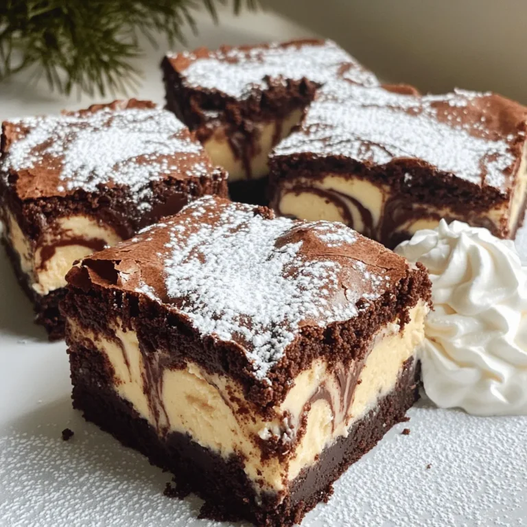 For the brownie base, you need these key ingredients: - 1 cup unsalted butter, melted - 2 cups granulated sugar - 1 teaspoon vanilla extract - 4 large eggs - 1 cup all-purpose flour - 1 cup unsweetened cocoa powder - 1/2 teaspoon baking powder - 1/4 teaspoon salt These ingredients create a rich, fudgy brownie. The melted butter adds moisture. Sugar gives it sweetness, while cocoa powder brings that deep chocolate flavor. To make the cheesecake layer, gather these ingredients: - 8 ounces cream cheese, softened - 1/2 cup powdered sugar - 1 egg yolk - 1 teaspoon vanilla extract (for cheesecake layer) The cream cheese adds a creamy and tangy taste. The powdered sugar sweetens it just right. Mixing these creates a smooth, luscious layer that contrasts with the brownie base. You can make your brownies even better with these optional toppings: - Whipped cream - Powdered sugar for dusting - Chocolate sauce or caramel drizzle - Fresh berries for color and flavor These toppings add flair and extra flavor. Whipped cream gives a light touch, while chocolate sauce adds richness. Fresh berries brighten the dish with color and taste. Enjoy experimenting with these options! First, turn on your oven and set it to 350°F (175°C). This temperature helps the brownies bake evenly. Next, take a 9x13 inch baking pan and line it with parchment paper. Make sure to leave some paper hanging over the edges. This makes it easy to lift out the brownies later. In a large bowl, mix 1 cup of melted unsalted butter and 2 cups of granulated sugar. Stir until the mix is smooth. Next, add 1 teaspoon of vanilla extract. Then, crack in 4 large eggs, one at a time. Beat well after each egg to make it fluffy. In another bowl, whisk together 1 cup of all-purpose flour, 1 cup of unsweetened cocoa powder, 1/2 teaspoon of baking powder, and 1/4 teaspoon of salt. Slowly add this dry mix into the wet mix. Stir just until combined. Be careful not to overmix, or the brownies will be tough. For the cheesecake layer, take 8 ounces of softened cream cheese and beat it with 1/2 cup of powdered sugar. Mix until it is creamy. Then, add 1 egg yolk and 1 teaspoon of vanilla extract. Mix until just combined. You want a smooth texture but don’t overdo it. Pour half of the brownie batter into your prepared pan. Spread it out evenly. Next, drop spoonfuls of the cheesecake mix on top of the brownie layer. Use a knife or spatula to create a swirl effect. Pour the rest of the brownie batter on top and swirl again. This creates a beautiful marbled look. Bake in the preheated oven for 30-35 minutes. Check with a toothpick; it should come out with a few moist crumbs, not wet batter. Once baked, let the brownies cool for about 15 minutes in the pan. Then, lift them out using the parchment paper. Cool completely on a wire rack before slicing into squares. To get the best swirl, start with the right tools. Use a knife or a small spatula. After you drop the cheesecake mixture onto the brownie layer, gently drag the knife through both layers. Make sure to swirl, not mix. This way, you keep the layers separate yet blended. Aim for a marbled look that is both pretty and tasty. A few common mistakes can ruin your brownies. First, do not overmix the brownie batter. Overmixing can make the brownies tough. Second, do not skip the cooling time. Letting them cool helps the flavors set. Lastly, be careful not to bake too long. A toothpick should come out with a few moist crumbs, not wet batter. For serving, presentation is key. Place the brownies on a nice plate. Dust them lightly with powdered sugar for a sweet touch. Pair with a dollop of whipped cream for added flair. You can also add fresh berries for color. This makes your dessert look fancy and inviting, perfect for sharing. {{image_2}} You can change the flavors of your brownies easily. Try adding mint for a fresh twist. Just mix in a few drops of mint extract into the brownie batter. You can also use peanut butter. Swirl in some creamy peanut butter into the cheesecake layer for a nutty taste. For a fruity touch, add crushed raspberries to the cheesecake mix. This adds a tart flavor that pairs well with the chocolate. Want to make these brownies gluten-free? Swap out the all-purpose flour with a gluten-free blend. Make sure it has a 1:1 ratio for best results. You can also use almond flour for a nutty flavor. If you need dairy-free options, use vegan butter and a dairy-free cream cheese. These swaps keep the brownies delicious while catering to dietary needs. Serve your brownies warm with ice cream on top for a special treat. A scoop of vanilla or mint chocolate chip ice cream tastes great with warm brownies. You can also add fresh fruit like strawberries or raspberries for a nice contrast. Drizzle with chocolate sauce or caramel for extra sweetness. For a fancy touch, dust with powdered sugar before serving. This makes the presentation pop! To keep your chocolate swirl cheesecake brownies fresh, store them in an airtight container. This helps maintain their taste and texture. You can keep them at room temperature for up to three days. If your kitchen is warm, consider refrigerating them. Just remember, cold can dull the flavor a bit. Freezing is a great option if you want to save some brownies for later. First, cut them into squares. Wrap each square tightly in plastic wrap. Then, place the wrapped brownies in a freezer-safe bag or container. They can last for about three months in the freezer. When you’re ready to enjoy, let them thaw in the fridge or at room temperature. These brownies have a shelf life of about one week in the fridge. Before serving, you can reheat them in the microwave for about 10-15 seconds. This will make them warm and gooey again. Just be careful not to overheat, as they can get tough. Enjoy every bite! Yes, you can use dark chocolate. Just melt it down and use it in place of cocoa powder. Use about 3/4 cup of dark chocolate for one cup of cocoa powder. This change will give your brownies a richer flavor. Just make sure to adjust the sugar slightly, as dark chocolate can be less sweet than cocoa powder. To cut brownies cleanly, use a sharp knife. First, cool the brownies completely. Dip the knife in hot water, then wipe it dry. This helps create a clean cut. You can also use a plastic knife for an easier cut. Slice the brownies into squares for neat pieces. You can make these brownies a day in advance. Just bake and cool them, then store them in an airtight container. Keep them at room temperature for best taste. You can also freeze them for longer storage. Just wrap them well in plastic wrap and foil. When ready to eat, let them thaw before serving. In this post, we explored how to make rich brownies with a creamy cheesecake layer. We discussed key ingredients, step-by-step methods, and tips for the best results. You also learned about fun flavor variations and how to store leftovers. Brownies are a delightful treat that anyone can make. Try out the tips and enjoy your own sweet creation!