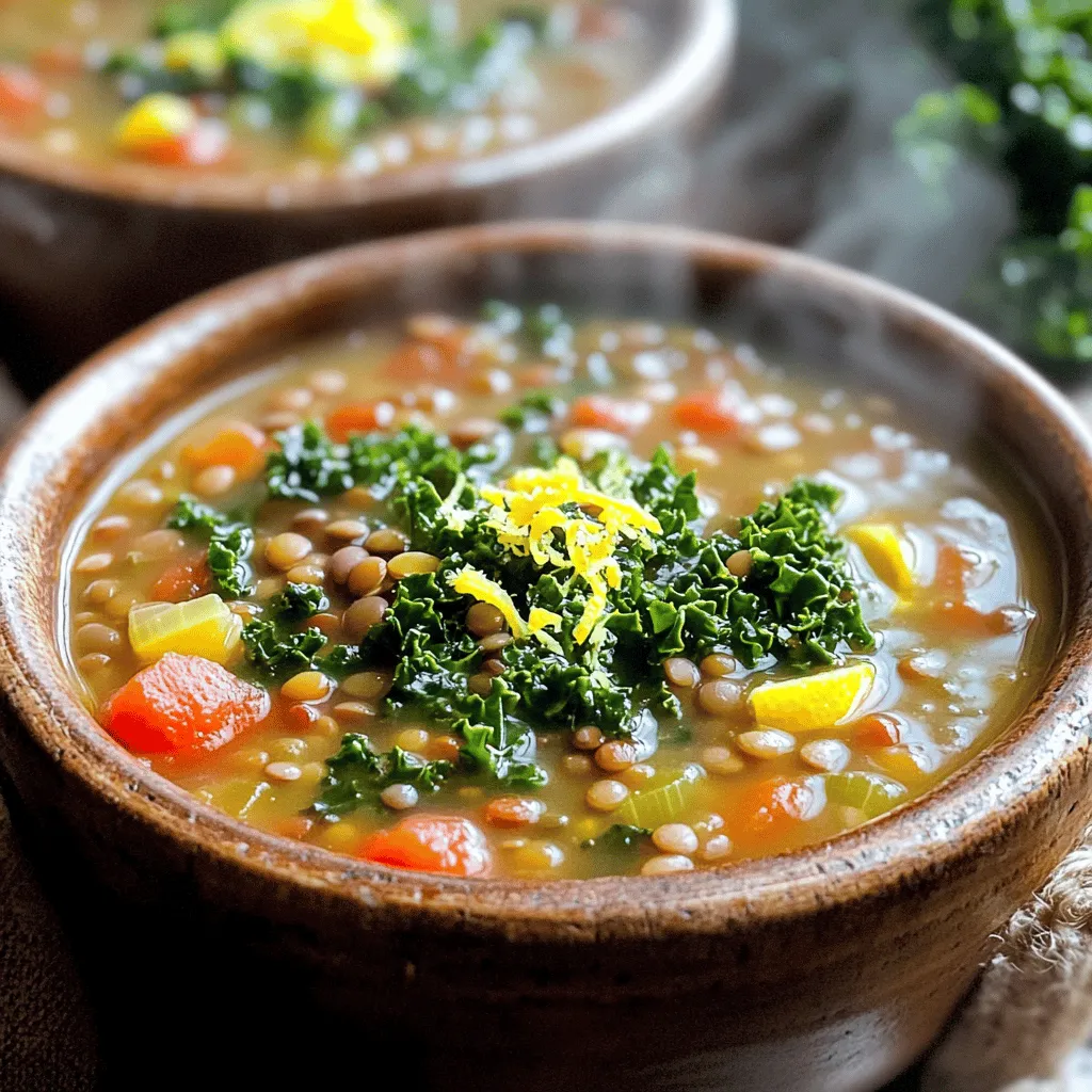 - 1 cup dried green or brown lentils, rinsed - 1 medium onion, diced - 3 cloves garlic, minced - 2 carrots, diced - 2 celery stalks, diced - 1 can (14 oz) diced tomatoes, with juices - 4 cups vegetable broth - 1 teaspoon dried oregano - 1 teaspoon dried basil - 1 teaspoon thyme - 2 cups kale, chopped - Salt and pepper to taste - 2 tablespoons olive oil - Zest of 1 lemon - Juice of 1 lemon I love using dried lentils in this soup. They cook beautifully and pack in protein and fiber. Fresh vegetables, like onions, carrots, and celery, add flavor and texture. I always use diced tomatoes for a rich base. Vegetable broth brings everything together. The herbs, like oregano and basil, create a warm, inviting taste. Kale adds a healthy crunch. Lastly, lemon zest and juice brighten the soup. - Additional vegetables - Protein options You can customize this soup with extra vegetables. Try adding bell peppers, zucchini, or sweet potatoes for more color and taste. If you want to add protein, consider diced chicken, sausage, or even tofu for a vegetarian option. These additions can make your soup even heartier. Start by sautéing the onion, carrots, and celery. Take a skillet and heat up two tablespoons of olive oil over medium heat. Add the diced onion, carrots, and celery. Sauté these for about five to seven minutes. You want them to soften and become fragrant. Then, add three minced garlic cloves. Cook for one more minute. This step builds a strong flavor base for your soup. Next, it’s time to layer your lentils and veggies in the slow cooker. Add one cup of rinsed lentils to the pot. Then, pour in the sautéed vegetables, along with one can of diced tomatoes, including their juices. Now, add four cups of vegetable broth. Season the mix with one teaspoon each of dried oregano, basil, and thyme. Don't forget to add salt and pepper to taste. Stir everything well so the flavors blend. Cover the slow cooker and set it on low for six to eight hours. If you’re in a hurry, you can set it on high for three to four hours. Your goal is tender lentils. The longer you cook, the better the flavors meld together. About thirty minutes before serving, stir in two cups of chopped kale. Cover the pot again and let it cook until the kale wilts and softens. Right before serving, add the zest and juice of one lemon. This adds a fresh brightness to your soup. Taste and adjust the seasoning with salt and pepper as needed. Ladle the soup into bowls and enjoy it warm. It pairs wonderfully with crusty bread. For a nice touch, garnish with extra lemon zest or fresh herbs like parsley or basil. This adds color and enhances the flavor. Rinsing and checking the lentils Always rinse your lentils before cooking. This step helps remove dust and debris. Look for any small stones, as they can hide in the mix. Clean lentils cook more evenly and taste better. Avoiding mushiness To prevent mushy lentils, keep an eye on cooking time. If you overcook, they turn to mush. For slow cooking, 6-8 hours on low is great. Check the lentils near the end to ensure they stay firm. Additional herbs and spices to consider You can add more herbs for extra flavor. Try adding rosemary for a woodsy touch. A pinch of red pepper flakes brings a nice kick. Experiment with spices to find what you love best. Suggestions for making it creamier For a creamier soup, blend a small portion of it before serving. This method adds a nice texture. You can also stir in a splash of coconut milk or cream for richness. How to keep your slow cooker in top shape To keep your slow cooker clean, wash the pot after each use. Avoid using metal utensils, as they can scratch the surface. Store it in a dry place to prevent any mold or odors. Common troubleshooting tips If your soup is not cooking evenly, check the power cord. Ensure it is well plugged in. Sometimes, slow cookers need a few cycles to work their best. If your soup is too watery, remove the lid and cook on high for a while. {{image_2}} You can switch up the lentils in this soup. While I love green or brown lentils, you might try red lentils. They cook faster and create a thicker soup. Feel free to experiment with other types, too, like black lentils, for a unique twist. If you want to make this dish vegetarian or vegan, you have options. The recipe is already vegan since it uses vegetable broth. You can add plant-based protein, like chickpeas or tofu, for extra nutrition. This makes it hearty and filling. Want to add some spice? Try adding red pepper flakes or a pinch of cayenne pepper. This kick can wake up the soup’s flavors. For a different taste, think about adding spices like cumin or coriander. These spices give a warm, earthy profile that pairs well with lentils. You can also mix in flavors from other cuisines. For an Italian touch, add some parmesan cheese before serving. If you want a Middle Eastern flair, toss in some lemon zest and fresh herbs like cilantro or mint. Using seasonal vegetables can make this soup even better. In winter, root vegetables like parsnips or turnips work well. In summer, think about adding zucchini or bell peppers. These will keep the soup fresh and vibrant. You can also make a lighter version for summer. Reduce the amount of broth and add more fresh veggies. This creates a refreshing soup that’s great for hot days. Try serving it chilled for a different experience. After enjoying your soup, let it cool. Store leftovers in the fridge. Use airtight containers for the best results. The soup stays fresh for about five days. You can also use glass jars. They help you see what’s inside. You can heat the soup on the stove or in the microwave. For the stovetop, pour into a pot. Heat it over medium heat until warm. Stir often to keep it smooth. In the microwave, place the soup in a bowl. Cover it with a paper towel. Heat for one to two minutes, stirring halfway. This keeps the flavor and texture just right. To freeze the soup, let it cool completely. Use freezer-safe containers or bags. Leave some space at the top for expansion. Label with the date. The soup lasts up to three months in the freezer. To thaw, place it in the fridge overnight. You can also use the microwave for quick thawing. Reheat as mentioned above before serving. Yes, you can use canned lentils. They save time and cook faster. Drain and rinse them before adding to the slow cooker. If you use canned lentils, reduce the cooking time. Cook the soup for 2-3 hours on low. This helps the flavors combine without overcooking the lentils. If your soup is too thin, you have a few options. You can mash some lentils with a fork or blend a portion of the soup. This adds creaminess without extra ingredients. Another way is to add a tablespoon of cornstarch mixed with water. Stir it in and let it cook for a few minutes. Yes, you can easily make this soup on the stovetop. Start by sautéing the vegetables in a large pot. Then, add all the other ingredients. Bring it to a boil, then reduce to a simmer. Cook for about 30-40 minutes, or until the lentils are tender. Stir often to avoid sticking. This soup pairs well with crusty bread. A side salad can add freshness too. You might enjoy serving it with a scoop of pesto. It adds a nice herbal touch. You can also try a sprinkle of grated cheese for richness. The soup lasts about 4-5 days in the fridge. Store it in an airtight container. To keep it fresh, let it cool before sealing. Always check for any signs of spoilage before eating. If you want to keep it longer, consider freezing it. This blog post covered how to create a delicious slow cooker Tuscan lentil soup. We explored the main ingredients, including dried lentils, fresh vegetables, and the right herbs. I provided step-by-step instructions to help you prepare and cook the soup perfectly. We also shared useful tips and variations, plus ways to store leftovers. Overall, this soup is versatile and easy to make. You can customize it to suit your taste. Enjoy experimenting as you create your own tasty versions!