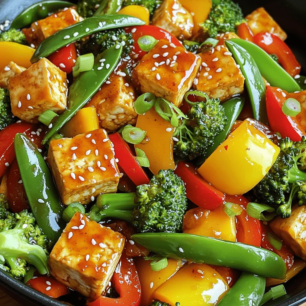 - 1 block (14 oz) firm tofu - Vegetable oil and sesame oil - Fresh vegetables: - 1 red bell pepper, sliced - 1 yellow bell pepper, sliced - 1 cup broccoli florets - 1 cup snow peas - 4 cloves garlic, minced - 1 inch ginger, grated - 3 tablespoons soy sauce - 1 tablespoon chili paste (adjust for spice preference) - 2 tablespoons cornstarch - Garnishing ingredients: - 2 green onions, sliced - Sesame seeds To start, drain the tofu. Place it between two plates with a weight on top. This presses out the extra moisture. Let it sit for about 15 minutes. Next, cut the pressed tofu into 1-inch cubes. This size helps the tofu cook evenly and get crispy. Now, it’s time to coat the tofu. In a large bowl, add cornstarch. Toss the tofu cubes in the cornstarch until they are all covered. This gives the tofu a crispy outer layer when cooked. Heat a large skillet or wok over medium-high heat. Add 1 tablespoon of vegetable oil. Once the oil is hot, add the tofu cubes in a single layer. Cook them for about 3-4 minutes on each side. You want them to be golden brown and crispy. Make sure to turn the tofu gently so it browns evenly. Once done, remove the crispy tofu from the pan and set it aside. In the same skillet, add the remaining tablespoon of vegetable oil. When the oil is hot, add 4 cloves of minced garlic and 1 inch of grated ginger. Sauté for about 30 seconds. You want to smell the fragrant garlic and ginger. Next, add the sliced red bell pepper, yellow bell pepper, broccoli florets, and snow peas. Stir-fry these vegetables for about 4-5 minutes. They should be tender but still crisp for the best texture. Now, lower the heat. Add 3 tablespoons of soy sauce, 1 tablespoon of chili paste, and 1 tablespoon of sesame oil. Mix these ingredients well to combine the flavors. Add the crispy tofu back into the skillet. Gently toss everything together for 1-2 minutes. Ensure the tofu gets coated in the sauce and heated through. This step is key for mixing the flavors well. Enjoy the delicious aroma filling your kitchen! To get crispy tofu, start by pressing it well. Remove excess water by wrapping the tofu block in a clean towel and placing a heavy object on top. Let it sit for at least 15 minutes. This step ensures the tofu absorbs flavors and gets crispy. After pressing, cut the tofu into 1-inch cubes. Coat the cubed tofu in cornstarch. This creates a crust when you fry it. Heat vegetable oil in a skillet over medium-high heat. Add the tofu in a single layer. Cook for 3-4 minutes on each side. Look for a golden brown color. If you want to avoid frying, you can air fry or bake the tofu. For air frying, set it to 400°F and cook for about 15 minutes. Toss halfway for even crispness. If baking, preheat the oven to 425°F and bake for 25-30 minutes. To adjust the spice, modify the chili paste used in the dish. Start with one tablespoon, then taste. If you want more heat, you can add more. You can also mix in some red pepper flakes for extra kick. Balancing flavors is key. Pair spicy elements with sweet or savory notes. If it’s too spicy, add a splash of soy sauce or a bit of sugar. This helps tone down the heat while keeping the taste great. For fresh-tasting vegetables, use quick stir-frying techniques. Cut your vegetables into uniform sizes. This ensures they cook evenly. Start with garlic and ginger first, then add your veggies. Add the denser vegetables, like broccoli, before softer ones, like bell peppers. This timing keeps them tender-crisp. Stir-fry for about 4-5 minutes and watch closely. You want bright colors and a slight crunch. This way, your dish is not only tasty but also visually appealing. {{image_2}} You can switch out the tofu for other proteins. Tempeh is a great vegan choice. It has a nutty taste and a firm texture. Chicken also works well if you prefer meat. Simply cut it into bite-sized pieces. Cook it the same way as tofu for that crispy finish. For a vegan option, use chickpeas or seitan. Chickpeas add protein and flavor. Seitan mimics meat texture and absorbs sauces well. These swaps keep your dish tasty and fun. Feel free to change the veggies in your stir-fry. Carrots, snap peas, and zucchini are excellent choices. You can also use mushrooms for a savory depth. Each veggie adds a unique flavor and color. Seasonal vegetables can make your dish fresh. In spring, add asparagus or peas. In fall, try butternut squash or brussels sprouts. This way, you enjoy the best of what nature offers. Mix up the sauces for new flavors. Instead of soy sauce, use tamari for a gluten-free option. You can also try teriyaki sauce for a sweet twist. Hoisin sauce gives a rich taste that pairs well with tofu. For heat, switch chili paste with sriracha or sambal oelek. Each sauce offers a different kick. Experiment with flavors to find what you love best. To store your crispy chili garlic tofu stir-fry, let it cool first. Place leftovers in an airtight container. This helps keep the dish fresh. You can refrigerate it for up to 3 days. If you want to keep it longer, consider freezing it. Use freezer-safe containers or bags. The stir-fry can last up to 3 months in the freezer. Reheating crispy tofu can be tricky. I suggest using an oven or air fryer. Preheat your oven to 350°F (175°C). Place the tofu on a baking sheet. Heat it for about 10-15 minutes. This keeps the tofu crispy. If using a microwave, cover the dish loosely with a lid. Heat in short bursts, about 30 seconds at a time. Be careful; the tofu can get soggy. Always check to make sure it’s hot throughout before serving. Using soft tofu changes the dish's texture. Firm tofu holds its shape well during cooking. Soft tofu is delicate and may break apart. It will not get crispy like firm tofu. For crispy results, stick with firm tofu. To increase the heat, add more chili paste. You can also sprinkle crushed red pepper flakes. Slicing fresh chili peppers works too. Start with a little, then taste as you go. This way, you can find your perfect spice level. The recipe can be gluten-free with some swaps. Regular soy sauce contains gluten. Use tamari or coconut aminos instead. Check other ingredients, like vegetable broth, for gluten. Always read labels to be sure. This blog post covers a tasty tofu stir-fry recipe. You learned about the main ingredients, like firm tofu and fresh veggies. I shared step-by-step instructions, tips for perfecting the dish, and storage info for leftovers. You also found variations for protein, vegetables, and sauces. In conclusion, this recipe is versatile and easy. With your new skills, you can create delicious meals that suit your taste. Don’t hesitate to try different ingredients and make this dish your own. Enjoy your cooking adventure!