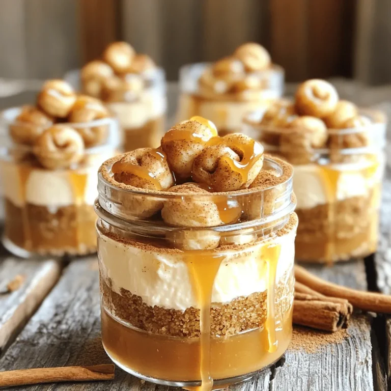 - 1 cup graham cracker crumbs - 1/2 cup unsalted butter, melted - 8 oz cream cheese, softened - 1/2 cup powdered sugar - 1 teaspoon vanilla extract - 1/2 teaspoon ground cinnamon - 1 cup whipped cream (homemade or store-bought) - 1/2 cup mini cinnamon roll bites (store-bought or homemade, if desired) - 1 tablespoon caramel sauce (for drizzling) - Extra cinnamon for sprinkling This recipe is easy and fun! You'll need some key ingredients to make your no-bake cinnamon roll cheesecake cups. First, grab graham cracker crumbs. These will make a tasty crust. Use unsalted butter to hold the crumbs together. Next, cream cheese is a must. It gives the cheesecake its smooth texture. You will also need powdered sugar to sweeten the filling. Vanilla extract adds flavor. Ground cinnamon gives a warm spice that is perfect for this treat. Whipped cream is key for a fluffy texture. Mini cinnamon roll bites add a fun twist. Lastly, caramel sauce makes everything even sweeter, and extra cinnamon for garnish makes it look nice. With these ingredients, you can create a delightful treat that everyone will love! - First, grab a mixing bowl. - Add 1 cup of graham cracker crumbs. - Pour in 1/2 cup of melted unsalted butter. - Stir the mixture until it looks like wet sand. - Now, take small cups or jars. - Spoon the crumb mixture into each cup. - Press it down gently to form a solid base. - In a new bowl, beat 8 oz of softened cream cheese. - Add 1/2 cup of powdered sugar, 1 teaspoon of vanilla extract, and 1/2 teaspoon of ground cinnamon. - Mix until the filling is smooth and creamy. - Next, fold in 1 cup of whipped cream. - Be gentle so it stays fluffy. - Spoon the cheesecake filling over the crust in each cup. - Fill them about three-quarters full. - If you like, add mini cinnamon roll bites on top. - Drizzle 1 tablespoon of caramel sauce over each cup. - Finally, sprinkle a little extra cinnamon for flavor. - Chill the cups in the fridge for at least 2 hours before serving. To get the best texture in your cheesecake cups, start with the cream cheese. Soften it by leaving it out for about an hour. This step helps it mix smoothly. If you forget, you can microwave it in short bursts. Just don’t let it melt. Next, when you add whipped cream, fold it gently into the cream cheese mix. Use a spatula to lift and turn the mixture. This keeps the filling light and airy, which is key for a great texture. For a beautiful presentation, garnish your cheesecake cups. A small piece of cinnamon roll on top looks great. A light dusting of extra cinnamon adds a nice touch too. You can serve these cups chilled for a refreshing treat. If you want, they can also sit at room temperature for a bit. Just keep them cool if it's hot outside. A common mistake is overmixing the cheesecake filling. This can make it too dense. Mix until just combined for the best texture. Another mistake is not letting the cups set long enough. They need at least two hours in the fridge. This time allows the flavors to blend and the texture to firm up. {{image_2}} You can easily switch things up with new flavors. Adding chocolate or maple syrup makes a rich twist. Just mix some chocolate syrup into your cheesecake filling. For a sweet touch, drizzle maple syrup on top. You can also use fruit toppings like apples or cherries. Fresh fruit adds a nice burst of flavor and color. If you're looking for healthier choices, you have options. For the crust, swap graham crackers for gluten-free ones. This change keeps the dessert tasty for everyone! You can also use low-fat cream cheese. It cuts down on fat while keeping the creamy texture. You can adjust portions based on cup size. Mini cups are perfect for small bites, while regular cups give a more filling treat. The presentation also changes; mini cups look cute and fun, while regular cups feel more elegant. Choose your size based on your event or mood! You can store your no-bake cheesecake cups in the fridge for up to five days. To keep them fresh, cover the cups tightly with plastic wrap. This helps maintain their creamy texture. Avoid leaving them uncovered, as air can dry them out and change their taste. Yes, you can freeze no-bake cheesecake cups! They last up to three months in the freezer. To freeze, place the covered cups in a single layer in a freezer-safe container. When you're ready to enjoy them, thaw them in the fridge overnight. This keeps the texture smooth and creamy. Before serving, check the texture. If they seem a bit firm, let them sit at room temperature for about ten minutes. This helps them soften. For a fresh look, add a drizzle of caramel sauce and sprinkle cinnamon on top after refrigeration. This gives your dessert a nice touch and makes it look appetizing! Yes, you can make these cheesecake cups ahead of time. I recommend preparing them up to two days in advance. This gives the flavors time to blend and the cups time to set. Just store them in the fridge. Cover each cup with plastic wrap to keep them fresh. If you want a different option, you can use yogurt or sour cream. Both add creaminess to the cheesecake filling. For a dairy-free choice, try coconut cream. Just whip it up until it is fluffy. Each option will give a nice texture to your cheesecake cups. To make mini cinnamon roll bites at home, start with your favorite dough. Roll it out and spread butter, sugar, and cinnamon on top. Then, roll it up tight and cut it into small pieces. Bake them until golden. These bites are fun and easy to make! You can add them on top of your cheesecake cups for extra flavor. This blog post covered how to make delicious no-bake cheesecake cups. We went over the simple ingredients needed and provided clear steps for preparation. I shared tips for the best texture and how to avoid common mistakes. You can explore fun variations and learn how to store your treats properly. In the end, these cheesecake cups offer endless fun in the kitchen. Enjoy crafting your own flavors and impressing others!