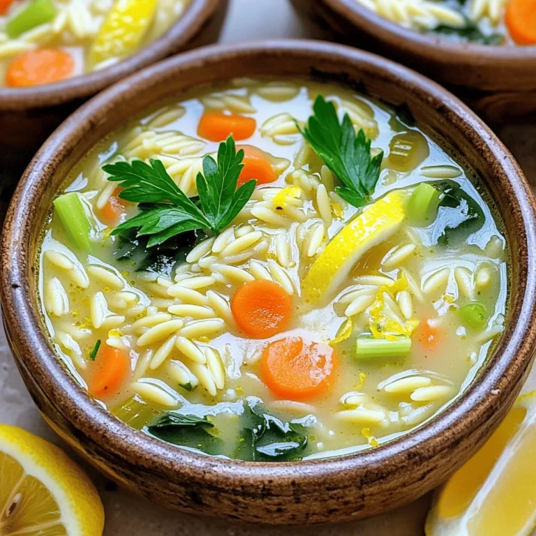 For this tasty slow cooker lemon garlic orzo soup, you will need: - 1 cup orzo pasta - 1 medium onion, diced - 3 cloves garlic, minced - 2 carrots, diced - 2 celery stalks, diced - 6 cups vegetable broth - 1 cup baby spinach - 1 lemon (juiced and zested) - 1 teaspoon dried thyme - 1 teaspoon dried oregano - Salt and pepper to taste - Fresh parsley, chopped (for garnish) These ingredients create a bright and zesty soup. The orzo adds a nice chew, while the lemon brings in a burst of flavor. You can swap some ingredients if needed. Here are a few ideas: - Orzo pasta: Use rice or quinoa if you want a gluten-free option. - Vegetable broth: Chicken broth works well for added flavor. - Baby spinach: Kale or Swiss chard can be great substitutes. - Dried herbs: Fresh thyme or oregano can replace dried herbs for a fresher taste. Make these changes to suit your taste or what you have on hand. Using fresh herbs gives a bright flavor. They can enhance the soup's taste. However, dried herbs are more convenient and still work well. - Fresh herbs: Use three times more fresh herbs than dried. For example, use 3 teaspoons of fresh thyme for 1 teaspoon of dried thyme. - Dried herbs: They have a strong flavor, so be cautious with the amount. Both options will make your soup delicious. Choose based on what you prefer or have in your pantry. First, gather all your ingredients. You need: - 1 cup orzo pasta - 1 medium onion, diced - 3 cloves garlic, minced - 2 carrots, diced - 2 celery stalks, diced - 6 cups vegetable broth - 1 cup baby spinach - 1 lemon (juiced and zested) - 1 teaspoon dried thyme - 1 teaspoon dried oregano - Salt and pepper to taste - Fresh parsley, chopped (for garnish) Next, take your slow cooker. Add the diced onion and minced garlic. Then, toss in the carrots and celery. This mix gives the soup a nice base. Now, pour in the vegetable broth. After that, add the orzo pasta, dried thyme, and dried oregano. Don’t forget to add salt and pepper for taste. Stir everything well. Cover your slow cooker. You can set it to low for 6-8 hours or high for 3-4 hours. The orzo should be tender when it's ready. About 15 minutes before you serve, stir in the baby spinach, lemon juice, and lemon zest. This step brightens the soup. It adds a fresh taste. Before serving, taste the soup. Adjust the seasoning if needed. When ready, ladle the soup into bowls. Garnish with fresh parsley. Enjoy the vibrant colors and flavors! To boost the taste of your Slow Cooker Lemon Garlic Orzo Soup, focus on fresh flavors. Use fresh lemon juice and zest for a bright kick. Fresh herbs like parsley add a nice touch. You can also try adding a splash of white wine before cooking. This adds depth and richness to the broth. For a bit of heat, add red pepper flakes. They give the soup a nice bite without overpowering it. One common mistake is overcooking the orzo. It can get mushy if cooked too long. To prevent this, add the orzo early but check it often. Stir the soup occasionally to keep everything mixed well. Another mistake is using old herbs. Fresh herbs have more flavor than dried ones. If you use dried herbs, make sure they are not past their prime. Lastly, don’t forget to taste the soup before serving. Adjust the salt and pepper to get the perfect flavor. This soup pairs well with simple sides. A fresh green salad complements the soup's rich flavors. You can also serve it with crusty bread for dipping. Garlic bread or a warm baguette works great too. For a heartier meal, try a grilled cheese sandwich. The creamy cheese balances the soup's brightness. Enjoy these side dishes to enhance your meal experience! {{image_2}} You can make this soup heartier by adding proteins. Chicken works great here. Use cooked, shredded chicken for a quick option. Just stir it in near the end of cooking. If you prefer plant-based, try cubed tofu. Add it in with the spinach for a warm finish. Both options boost the flavor and nutrition. This soup is naturally vegetarian and can easily become vegan. Use vegetable broth to keep it meat-free. For a vegan touch, skip any dairy toppings. You can add cashew cream or a splash of coconut milk instead. These additions give a creamy texture without animal products. Using seasonal ingredients can change the soup's vibe. In spring, add fresh peas or asparagus for a bright taste. Summer brings ripe tomatoes; toss some diced ones in for sweetness. In fall, try using pumpkin or squash for a cozy touch. Winter means hearty greens like kale or Swiss chard. Each season offers new flavors to explore. After enjoying your Slow Cooker Lemon Garlic Orzo Soup, store any leftovers in an airtight container. Let the soup cool before sealing it. This helps keep the flavors fresh. You can keep it in the fridge for up to three days. If you want to enjoy it later, freezing is a great option. To freeze the soup, use freezer-safe containers. Leave a little space at the top, as the soup may expand. Label the container with the date. The soup can last up to three months in the freezer. When you're ready to eat it, thaw it in the fridge overnight. Reheat it on the stove over low heat, stirring often. Add a splash of broth or water if it seems thick. Meal prep makes life easier. Chop the onions, carrots, and celery ahead of time. Store them in the fridge for up to two days. You can also measure the orzo and spices in advance. This way, you can toss everything into the slow cooker quickly. Make a big batch of soup and freeze extra portions. It’s a great way to have a quick meal ready when life gets busy. Yes, you can make this soup ahead of time. I often prepare it the night before. Just store it in the fridge once it cools. When you're ready to serve, just reheat it on the stove. This soup tastes even better the next day as the flavors blend. To prevent orzo from getting mushy, watch the cooking time. The orzo cooks quickly, so check it after three hours on high or six hours on low. You can also add the orzo halfway through cooking. This way, it stays firm and delicious. The best toppings for lemon garlic orzo soup include fresh parsley and lemon wedges. Chopped parsley adds color and freshness. Lemon wedges let you add more zing to each bowl. You can also sprinkle some grated cheese for extra flavor. This blog post covered the essential ingredients and step-by-step instructions for making lemon garlic orzo soup. I shared tips on enhancing flavors and avoiding common mistakes. You also learned about variations, like adding proteins and making vegan swaps. Finally, I provided storage tips to keep leftovers fresh. Remember, cooking is fun! Don't hesitate to try new ingredients. Experiment with flavors and techniques, and make this soup your own. Enjoy your cooking journey!
