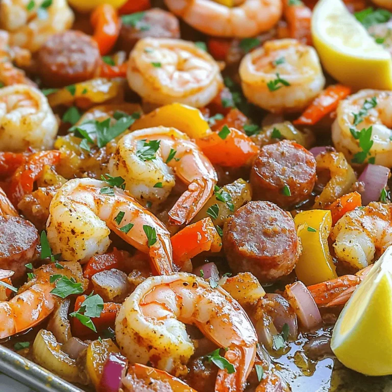 For my Sheet Pan Cajun Shrimp & Sausage, you need fresh and vibrant ingredients. Here’s what you will use: - 1 lb large shrimp, peeled and deveined - 12 oz smoked sausage, sliced into rounds - 2 cups bell peppers, mixed colors, diced - 1 cup red onion, sliced - 4 cloves garlic, minced - 3 tablespoons olive oil - 2 tablespoons Cajun seasoning - 1 teaspoon paprika - Salt and pepper to taste - Fresh parsley, chopped (for garnish) - Lemon wedges (for serving) Each ingredient adds a layer of taste and color. The shrimp brings a sweet flavor, while the sausage gives a smoky kick. The bell peppers and onion add crunch and vibrant color. Garlic enhances the overall aroma and taste. The olive oil helps everything cook evenly, while the spices bring the Cajun flair. Fresh parsley and lemon wedges finish the dish with zest and brightness. Gather these items, and you're ready to create a flavorful delight! First, preheat your oven to 400°F (200°C). This step gets your oven ready for cooking. A hot oven helps cook the shrimp and sausage evenly. Next, take a large baking sheet. Line it with parchment paper. This makes cleanup easy. You can also spray it lightly with cooking spray. In a large mixing bowl, add the shrimp, sausage, bell peppers, onion, and garlic. Mix them well. In a small bowl, combine olive oil, Cajun seasoning, paprika, salt, and pepper. Pour this mix over the shrimp and sausage. Toss everything so it gets coated evenly. Transfer your mixture to the prepared sheet pan. Spread it out in a single layer. This helps everything cook evenly and get that nice caramelization. Place the sheet pan in your preheated oven. Bake for 15-20 minutes. The shrimp should turn pink and opaque, and the sausage should be warm throughout. Check it at 15 minutes to see if it’s done. Once baked, remove the pan from the oven. Let it cool for a minute. Garnish with fresh parsley and add lemon wedges on the side. The lemon gives a nice zing. Enjoy this flavorful delight with family or friends! To cook shrimp just right, watch the time closely. Shrimp cooks fast. They turn pink when ready. Check them after 10 minutes. If they look pink and opaque, they are done. Overcooked shrimp get tough. Use a timer to help you. For the best flavor, use fresh spices. Cajun seasoning brings a spicy kick. Mix it well with olive oil. This helps the spices stick to the food. Toss everything in the bowl. Make sure each piece gets coated. Add lemon juice before serving for a fresh taste. After cooking, let the pan cool. Use a non-abrasive sponge to clean it. Soak it in warm, soapy water if needed. Avoid harsh scrubbing pads. They can scratch the surface. A well-maintained sheet pan lasts longer and cooks better. Store it in a dry place. {{image_2}} If you want to swap the sausage, you have great choices. Chicken sausage works well. It is lean and offers a mild taste. Turkey sausage is another option. It is lower in fat but still tasty. For a meatless dish, try plant-based sausage. It adds flavor while keeping the dish vegetarian. Each option brings its own twist while keeping the dish fun. You can add many veggies to boost nutrition. Zucchini slices add a nice crunch. Cherry tomatoes burst with flavor and color. Broccoli florets bring great texture and vitamins. Carrots add sweetness and a lovely hue. Feel free to mix in whatever you enjoy. The more colors, the better your meal looks and tastes. Want more heat? Use cayenne pepper or red pepper flakes. These spices can give your dish an extra kick. For a smoky flavor, add chipotle powder. It pairs nicely with shrimp and sausage. If you prefer milder spices, consider using Italian herbs. Basil or oregano can create a different yet delicious taste. Try mixing and matching your favorites to find the perfect blend. To keep your Sheet Pan Cajun Shrimp & Sausage fresh, let it cool first. Once cool, place it in an airtight container. This will keep the flavors intact. You can store it in the fridge for up to three days. If you want to save it longer, freeze it. Just make sure to use freezer-safe containers. When you are ready to enjoy leftovers, reheating is simple. You can use the microwave or the oven. For the microwave, place the dish in a bowl and cover it. Heat in short bursts, stirring in between. For the oven, preheat it to 350°F (175°C). Spread the dish on a baking sheet and heat for about 10-15 minutes. This helps keep the shrimp and sausage juicy. Using the right container helps maintain taste and texture. Glass containers with lids are great options. They are safe for both the fridge and the freezer. If you prefer plastic, choose BPA-free containers. Make sure they are airtight to prevent any freezer burn. Yes, you can use frozen shrimp. Just make sure to thaw them first. Place them in cold water for about 15 minutes. Drain and pat dry before mixing with other ingredients. This ensures the dish cooks evenly. Cajun Shrimp & Sausage goes well with several sides. Here are some great options: - Rice or quinoa for a hearty base - Garlic bread for a nice crunch - Coleslaw for a fresh, crisp contrast - Corn on the cob for a sweet touch These sides add variety and balance to your meal. To make it spicier, add more Cajun seasoning or include diced jalapeños. You can also sprinkle some cayenne pepper. If you want it milder, reduce the Cajun seasoning. You can also add more vegetables like bell peppers to tone down the heat. Yes, this recipe is great for meal prep. You can cook it in advance and store it in containers. It keeps well in the fridge for up to three days. Just reheat in the microwave or oven when you're ready to eat. This post covered a tasty Cajun shrimp and sausage dish. We looked at the ingredients, step-by-step instructions, and helpful tips. You can add veggies or change the sausage for your taste. Proper storage keeps the leftovers fresh, and reheating is easy. In closing, this recipe offers flavor, ease, and fun. Enjoy making it your own!