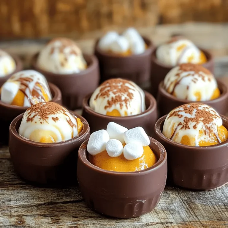 To make Pumpkin Spice Hot Chocolate Bombs, you need some key ingredients. Each one adds a special touch to the flavor. Here’s what you’ll need: - 1 cup semi-sweet chocolate chips - 1/2 cup white chocolate chips - 1/2 cup hot cocoa mix - 1/4 cup pumpkin puree - 1 teaspoon pumpkin pie spice - 1/4 cup mini marshmallows - A pinch of sea salt - Silicone mold for shaping the bombs Gather these items before you start. The semi-sweet chocolate chips form the base. They melt beautifully and give a rich chocolate taste. The white chocolate chips add a nice drizzle on top, making it pretty. Next, the hot cocoa mix is key for that creamy flavor. Pumpkin puree brings in the fall vibe, while pumpkin pie spice gives that cozy aroma. The mini marshmallows make each sip fun and sweet. A pinch of sea salt enhances all the flavors, making the chocolate taste even better. Finally, the silicone mold helps shape the bombs easily. It’s a fun way to create these treats. With these ingredients, you’re on your way to making a delicious and festive drink! To melt semi-sweet chocolate chips, use a microwave-safe bowl. Place the bowl in the microwave and heat the chocolate in 30-second bursts. Stir between each burst. This helps avoid burning. When the chocolate is smooth, it's ready to use. For coating the silicone mold, take a spoon and scoop some melted chocolate. Spread a thick layer inside each cavity. Make sure the layer is even. This helps the bombs hold their shape. After coating, place the mold in the fridge for about 10 minutes. This will let the chocolate harden. For the pumpkin spice filling, gather these ingredients: - 1/2 cup hot cocoa mix - 1/4 cup pumpkin puree - 1 teaspoon pumpkin pie spice - 1/4 cup mini marshmallows - A pinch of sea salt In a separate bowl, mix the hot cocoa mix, pumpkin puree, pumpkin pie spice, mini marshmallows, and sea salt. Stir well until the mix is smooth. This filling adds a rich flavor to your bombs. Once the chocolate in the mold is hard, carefully take it out. Fill half of the chocolate shells with the pumpkin spice mix. Use about a tablespoon for each shell. This ensures a good amount of filling. To seal the bombs, warm a plate in the microwave for a few seconds. Take the unused chocolate shells and press the open side against the warm plate. Do this just until they start to melt. Quickly press them onto the filled shells. Make sure the edges stick together well. This keeps your filling safe inside. For a decorative touch, melt the white chocolate chips. Use a spoon or a piping bag to drizzle the melted chocolate over the tops of the bombs. This adds a nice look. You can also sprinkle a bit of pumpkin pie spice on top before the chocolate sets. After decorating, place the finished bombs in the fridge. Let them chill for about 15 minutes. This sets everything in place. For best results, check that they feel firm when you touch them. Firmness means they are ready to enjoy! - Use a microwave-safe bowl for melting chocolate. - Melt semi-sweet chocolate chips in 30-second bursts. - Stir between each interval to avoid burning. - Aim for a smooth finish by ensuring no lumps remain. - Try adding caramel or vanilla to your filling for a twist. - Use crushed candy canes or nuts for a different texture. - Get creative with toppings, like drizzled white chocolate. - Add a sprinkle of cinnamon or nutmeg on top for extra flavor. - Serve your hot chocolate bombs in a mug of hot milk. - Watch them melt into a creamy delight! - Top with whipped cream for a rich taste. - A dusting of cinnamon or chocolate shavings makes a nice touch. {{image_2}} You can easily change up the flavor of your pumpkin spice hot chocolate bombs. Try adding caramel or vanilla to the filling for a sweet twist. These flavors blend well with pumpkin spice. You might also want to explore seasonal flavors. Consider adding peppermint for winter or cinnamon for a cozy fall vibe. If you need vegan or dairy-free options, you can use dairy-free chocolate chips. Replace the hot cocoa mix with a vegan version. For a gluten-free treat, check that your cocoa mix is gluten-free. These small changes let everyone enjoy these tasty bombs. Making mini hot chocolate bombs is simple and fun. Use a smaller silicone mold to create bite-sized treats. You will need to reduce the filling amount to fit these smaller shells. Also, adjust the cooking time. They may only need about 5 to 10 minutes in the fridge to set. This way, you can enjoy a sweet treat without feeling too full! To keep your hot chocolate bombs fresh, store them at room temperature. Place them in an airtight container. This way, they will stay safe from moisture. Avoid direct sunlight to prevent melting. If you live in a warm area, consider refrigeration. But, let them sit at room temp for a bit before serving. These homemade treats taste best within two weeks. After that, they may lose flavor. Look for signs of spoilage, like a dull surface or off smell. If they look or smell strange, it’s best to toss them. Make your hot chocolate bombs gift-ready with fun wrapping! Use clear bags tied with ribbons for a nice touch. A cute box with some tissue paper also works well. You can even add a tag with serving tips. This makes your gift special and personal! Pumpkin spice hot chocolate bombs are fun, round treats. They hold rich hot cocoa mix and pumpkin flavor. When you drop them in hot milk, they melt and create a cozy drink. Each bomb is filled with mini marshmallows and spices. They bring the warmth of fall to your cup. Yes, you can find pre-made pumpkin spice hot chocolate bombs online and in stores. Many local shops sell them during fall. Big retailers may also have them in their seasonal section. Look for them in specialty candy stores or bakeries too. You can personalize your hot chocolate bombs in many ways. Try adding your favorite flavors to the filling, like caramel or hazelnut. You can also switch out the mini marshmallows for other treats, like crushed cookies or nuts. For a fun twist, use different colors of chocolate for coating. To enjoy a hot chocolate bomb, follow these simple steps: 1. Heat milk in a pot or microwave until hot but not boiling. 2. Place a hot chocolate bomb in a mug. 3. Pour the hot milk over the bomb. 4. Watch as it melts and mixes. Stir well before drinking. Yes, you can freeze hot chocolate bombs to keep them fresh. Wrap each bomb in plastic wrap and place them in an airtight container. When ready to use, thaw them in the fridge. Freezing may slightly change the texture, but the taste remains delicious. Making pumpkin spice hot chocolate bombs is fun and easy. You’ve learned the key ingredients and steps needed to create these tasty treats. We covered melting chocolate, preparing the filling, and sealing each bomb tightly. You can even customize flavors and decorate them! In the end, these bombs aren't just fun to make; they add joy to chilly days. Remember to store them properly for maximum freshness. Enjoy sharing these delicious bombs with family and friends! Happy crafting!