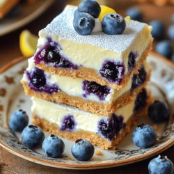 For the crust, you will need: - 1 ½ cups graham cracker crumbs - ½ cup unsalted butter, melted - 2 tablespoons sugar For the cheesecake filling, gather: - 2 (8 oz) packages cream cheese, softened - ½ cup granulated sugar - 2 large eggs - 1 teaspoon vanilla extract - Zest of 1 lemon - ⅓ cup fresh lemon juice - 1 cup fresh blueberries (plus a few extra for garnish) For the topping, prepare: - ½ cup sour cream - 2 tablespoons powdered sugar - Zest of 1 lemon Each ingredient plays a key role. The graham cracker crumbs create a sweet and crunchy base. The butter helps bind the crumbs, while the sugar adds sweetness. The cream cheese is the star. It gives the cheesecake its rich and creamy texture. The sugar balances the tanginess. Eggs help set the filling as it bakes. Lemon zest and lemon juice add a bright and fresh flavor. Blueberries bring natural sweetness and a pop of color. The topping of sour cream and powdered sugar adds a creamy finish, brightened by more lemon zest. Gather these ingredients, and you are ready to create a delightful dessert treat! - Set oven temperature to 325°F (160°C) - Prepare an 8x8 inch baking pan Start by turning on your oven. This step is key to get the right bake. While the oven warms, get your baking pan ready. You can grease it with nonstick spray or line it with parchment paper. This makes it easy to lift out later. - Combine graham cracker crumbs, butter, and sugar - Press the mixture into the baking pan and bake Next, let's make the crust. In a mixing bowl, add graham cracker crumbs, melted butter, and sugar. Mix well until it looks like wet sand. Take this mixture and press it firmly into the bottom of your pan. This forms a solid base. Bake it in the oven for 8 to 10 minutes until it turns lightly golden. Once done, remove it and let it cool. - Beat cream cheese and sugar until smooth - Mix in eggs, vanilla, lemon zest, and lemon juice - Fold in fresh blueberries Now for the filling! In a large bowl, beat the softened cream cheese and granulated sugar together with an electric mixer. Keep mixing until it’s smooth. Then, add the eggs one at a time. Make sure to mix well after each egg. Next, stir in the vanilla extract, lemon zest, and fresh lemon juice. Finally, gently fold in the fresh blueberries, but be careful not to crush them. - Pour the filling over the crust and bake - Allow to rest in the oven after baking After making the filling, pour it over the cooled crust. Use a spatula to spread it evenly. Bake in the oven for 30 to 35 minutes. The edges should be set, but the center should jiggle a bit. Once baked, turn off the oven. Let the bars rest in the oven for 10 more minutes. This helps them set nicely. - Combine sour cream, powdered sugar, and lemon zest While the cheesecake cools, let’s make the topping. In a small bowl, mix sour cream, powdered sugar, and lemon zest until smooth. This adds a creamy and tangy layer on top. - Cool at room temperature before chilling in the fridge - Cut into bars after chilling After all the baking, let the cheesecake cool at room temperature for about 30 minutes. Then, spread the sour cream topping evenly over the cheesecake. It’s best to chill it in the fridge for at least 4 hours. For the best flavor, let it chill overnight. Once it’s set, lift the cheesecake bars out of the pan using the parchment paper. Cut them into squares or rectangles. Enjoy these delightful treats! To get a smooth cheesecake, always beat the cream cheese well. Start with softened cream cheese. This helps it mix easily. Use an electric mixer on medium speed. Beat until it looks creamy, with no lumps. When you add the blueberries, fold them in gently. This keeps the berries intact. If you stir too hard, you may crush them. You want to see those lovely blueberries in each bar. To kick up the flavor, try adding almond or coconut. A teaspoon of almond extract gives a nice twist. You can also use coconut cream instead of sour cream for a tropical feel. Adding more lemon zest boosts the fresh taste. Try using the zest of two lemons. This makes the bars even more vibrant and zesty. You’ll love that pop of flavor! When serving, cut the cheesecake bars evenly. Use a sharp knife and wipe it clean between cuts. This keeps the edges neat and pretty. Garnish with extra blueberries on top. You can also sprinkle some lemon zest for color. This makes each bar look inviting and delicious. {{image_2}} You can use other fruits in your cheesecake bars. Raspberries and strawberries work great. They add a nice tartness. You can also create a mixed berry cheesecake. This gives you a burst of flavor in every bite. Just combine blueberries, raspberries, and strawberries for a colorful treat. Switching up the crust can change the whole taste. Try using cookie crumbs like Oreos or nuts for a new flavor. You can even use almond flour for a gluten-free option. This is great for those with dietary needs. It adds a unique crunch that complements the creamy filling. If you want to make vegan cheesecake bars, it’s simple. Use plant-based cream cheese instead of regular cream cheese. Replace eggs with flaxseed meal or applesauce. This keeps the texture smooth and creamy. You can also substitute coconut cream for sour cream. These changes maintain the yummy taste while being dairy-free. To store your blueberry lemon cheesecake bars in the fridge, first, cover them well. Use plastic wrap or an airtight container. This helps keep them fresh and tasty. They can stay in the fridge for up to five days. Check for any changes in smell or texture before you eat them. For the best taste, enjoy them within three days. If you want to keep your cheesecake bars longer, you can freeze them. First, cut the bars into squares. Then, wrap each piece tightly in plastic wrap. Place the wrapped bars in a freezer-safe bag or container. They can stay frozen for up to two months. When you are ready to eat them, take them out and thaw in the fridge overnight. Serve them chilled for the best flavor. To prevent sogginess, do not cover the bars with anything too tight. This can trap moisture. Instead, use a loose cover. Also, keep them away from strong-smelling foods in the fridge. Strong odors can affect their taste. Lastly, let them cool completely before storing. This helps maintain their nice texture. Yes, you can prepare these cheesecake bars a day in advance. This helps the flavors meld together nicely. After cooling, chill them in the fridge. Cover them with plastic wrap to keep them fresh. This way, you’ll save time on the day of your event. Plus, they’ll be perfectly set and ready to serve. The cheesecake bars are done when the edges look set, but the center should jiggle slightly. This means the filling is creamy and smooth. After baking, turn off the oven and let them sit for about 10 minutes. This helps prevent cracks on the surface. You can use low-fat cream cheese or sour cream. However, this may change the taste and texture. The bars might not be as rich or creamy. If you want a lighter dessert, consider using these options, but keep in mind the final flavor may differ. To cut cheesecake bars, use a sharp knife. Dip the knife in hot water and wipe it clean between cuts. This helps prevent cracks and makes clean slices. For best results, cut them while they are chilled. This keeps the texture firm and easy to manage. You’ve learned how to make delicious cheesecake bars that everyone will love. We covered the key ingredients, step-by-step instructions, and helpful tips to ensure your success. Plus, we explored fun variations and proper storage methods to keep your bars fresh. Remember, a great dessert starts with careful preparation and creativity. Try experimenting with flavors or fruits. Enjoy making and sharing your cheesecake bars!