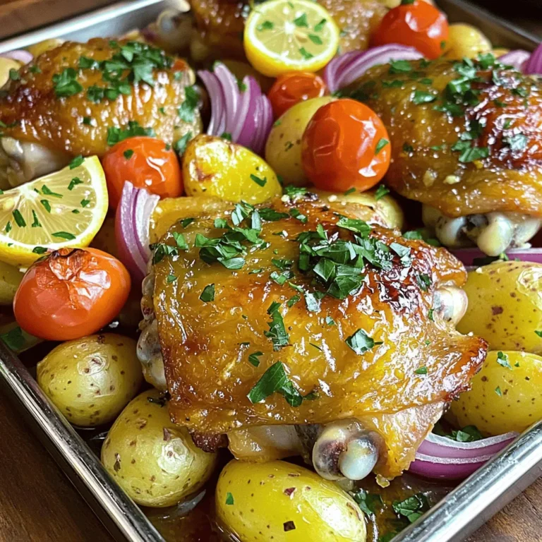 - 4 chicken thighs, skin-on and bone-in - 1 lb baby potatoes, halved - 1 red onion, cut into wedges - 1 cup cherry tomatoes, halved You start with chicken thighs, which give a juicy, rich flavor. The skin adds extra crispiness. Baby potatoes are perfect because they cook well and absorb flavors. Red onion adds sweetness and depth. Cherry tomatoes burst with juice, adding freshness. - 3 cloves garlic, minced - Juice of 1 lemon - 3 tablespoons olive oil - 1 teaspoon dried oregano - 1 teaspoon dried thyme - 1 teaspoon smoked paprika - Salt and pepper to taste The marinade is key to flavor. Garlic gives a strong, tasty kick. Lemon juice brightens every bite. Olive oil keeps everything moist. Dried oregano and thyme add that Mediterranean touch. Smoked paprika gives warmth and a hint of smoke. Don’t forget salt and pepper for balance. - Fresh parsley, chopped Fresh parsley makes a great garnish. It adds color and a fresh taste. Just chop it up and sprinkle it on right before serving. It looks pretty and tastes great too! 1. Preheating the oven: Start by preheating your oven to 425°F (220°C). This heat gets the chicken and potatoes nice and crispy. 2. Marinating the chicken and vegetables: In a large bowl, mix your chicken thighs, halved baby potatoes, red onion wedges, and cherry tomatoes. In a smaller bowl, whisk together minced garlic, lemon juice, olive oil, oregano, thyme, smoked paprika, salt, and pepper. Pour this marinade over your chicken and veggies. Make sure every piece gets coated well. This helps infuse great flavor. 3. Arranging on the sheet pan: Next, spread the marinated chicken and vegetables on a large baking sheet. Make sure they are in a single layer. This helps them cook evenly. 1. Roasting in the oven: Place the sheet pan in your preheated oven. Roast everything for about 30-35 minutes. Check that the chicken reaches an internal temperature of 165°F (75°C). The potatoes should be golden and tender. 2. Broiling for extra crispiness: If you like a crispy skin, turn on the broiler for an extra 2-3 minutes. Keep an eye on it so it doesn’t burn. This step gives you that perfect crunch. 3. Resting before serving: Once done, take the sheet pan out of the oven. Let the dish rest for a few minutes. This helps the juices settle in the chicken. 1. Garnishing with parsley: Before serving, sprinkle freshly chopped parsley over the chicken and potatoes. This adds a touch of color and fresh flavor. Enjoy your meal! - For the best taste, marinate the chicken for at least 30 minutes. - If you have time, let it sit overnight in the fridge. This helps the flavors soak in. - Use fresh herbs if you can. They add bright notes to the dish. - Don’t skip the lemon juice. It gives a zesty kick. - Always check the chicken’s internal temperature. It should be 165°F (75°C). - Ovens can vary, so keep an eye on cooking time. Start checking at 30 minutes. - If your oven runs hot, reduce the temperature slightly. - Serve the chicken and potatoes right from the pan for a rustic look. - Add a sprinkle of fresh parsley for color. It brightens up the dish nicely. - Pair with a simple salad or crusty bread. These sides balance the meal well. - For a complete feast, try serving with tzatziki sauce on the side. It adds creaminess. {{image_2}} Chicken alternatives If you want to switch up the protein, try using chicken breasts or even drumsticks. Boneless chicken cooks faster. For a lighter option, consider turkey thighs. They add a nice flavor that pairs well with potatoes. Vegetable options You can mix in or replace the veggies. Carrots, bell peppers, or zucchini are great choices. These add color and flavor while keeping the dish balanced. Feel free to use what you have on hand! Adding feta cheese Feta cheese can make this dish even more delightful. Sprinkle it on top during the last few minutes of baking. The warm feta melts and gives a creamy texture. It adds a nice tang that enhances the Greek flavors. Using different herbs If you want to try something new, switch up the herbs. Fresh basil, dill, or rosemary can work well. Each herb brings its own unique flavor. Mixing herbs can keep your meal exciting and fresh. Gluten-free version This recipe is gluten-free as is. Just ensure all your ingredients, like spices and oils, are gluten-free. This way, everyone can enjoy this tasty dinner without worries. Low-carb adaptations For a low-carb twist, skip the potatoes. Instead, add cauliflower florets or broccoli. These veggies provide a nice crunch and are low in carbs. This keeps the meal hearty but lighter. After enjoying your meal, let the leftovers cool. Place them in an airtight container. Store them in the fridge. They will stay good for about 3 to 4 days. This helps keep the chicken and potatoes fresh. To reheat, use your oven or a microwave. In the oven, preheat to 350°F (175°C). Place the dish in for around 15-20 minutes. This warms it evenly and keeps it crispy. If using a microwave, cover the dish. Heat for 2-3 minutes, checking often. This helps keep the chicken juicy and potatoes tender. Freezing is a great option too. Portion the leftovers into smaller containers. Make sure to label them with the date. You can freeze them for up to 3 months. When ready to eat, thaw in the fridge overnight. Reheat as mentioned above for the best taste and texture. You should marinate the chicken for at least 30 minutes. This time lets the flavors soak in. If you have more time, marinate it for up to 2 hours. The longer it sits, the better the taste. Just keep it in the fridge while it marinates. Yes, you can use boneless chicken. Just remember, boneless chicken cooks faster. Cut the cooking time by about 10 minutes. Check the internal temperature to ensure it reaches 165°F (75°C). The texture may be a bit different, but it will still be tasty. You can serve many things with this dish. A fresh Greek salad pairs well with it. You might also enjoy some warm pita bread. Roasted vegetables or a side of tzatziki sauce are great options, too. These sides add flavor and balance to your meal. This blog post shared a simple recipe for sheet-pan Greek chicken and potatoes. We covered the main ingredients, marinade components, and how to cook everything to perfection. Remember to marinate well for flavor and check cooking times. Get creative with ingredient swaps or dietary adjustments. Store your leftovers properly for later enjoyment. Cooking this dish not only fills your plate but also brings friends and family together. Enjoy the tasty results and good times!