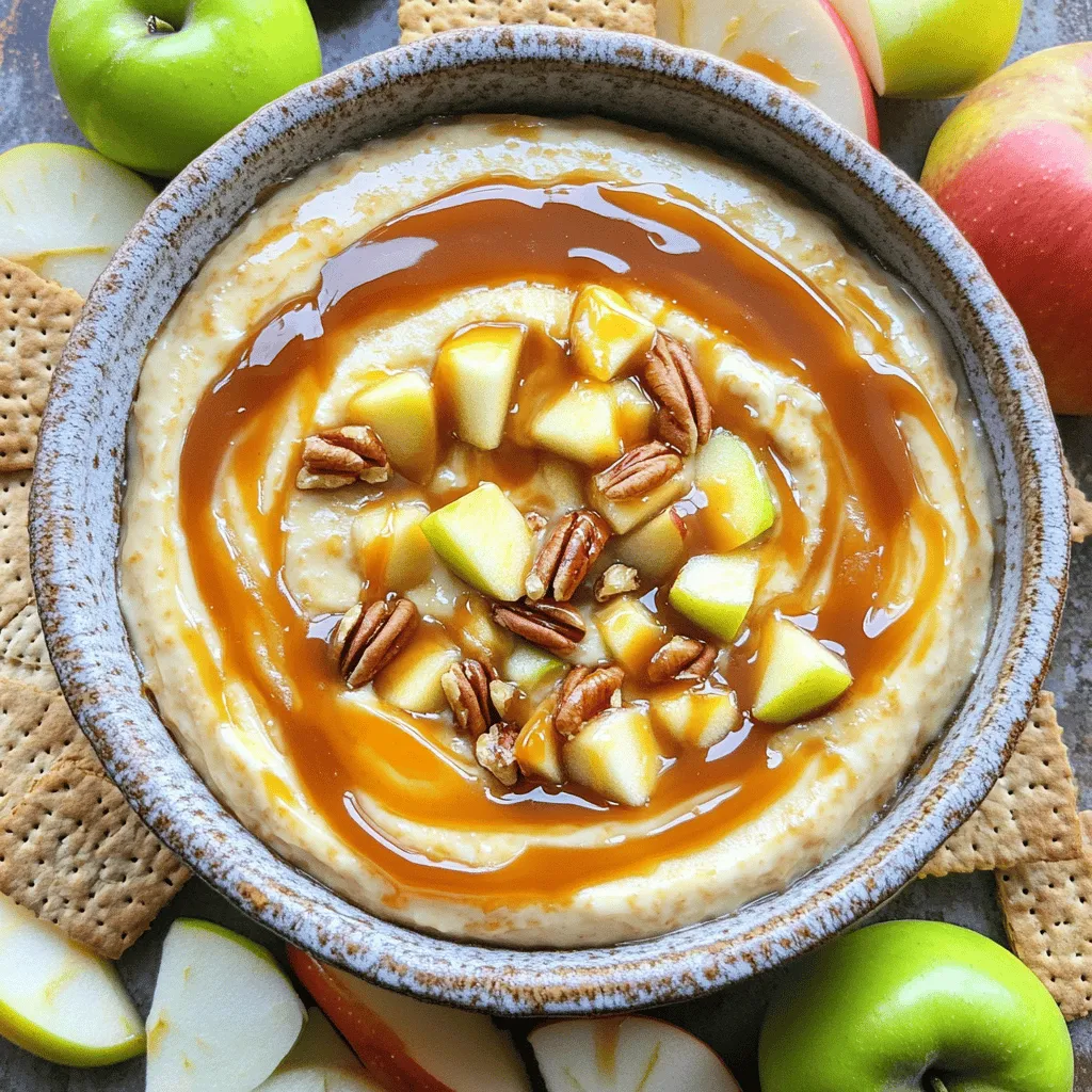 - 8 oz cream cheese, softened - 1/2 cup powdered sugar - 1 teaspoon vanilla extract - 1 cup sour cream - 1/2 teaspoon cinnamon - 1 cup apple, finely diced (preferably Granny Smith or Honeycrisp) - 1/4 cup caramel sauce (plus extra for drizzling) - 1/4 cup chopped pecans or walnuts (optional, for crunch) - Sliced apples, graham crackers, or pretzels for dipping To create a luscious and creamy dip, we start with cream cheese. This ingredient gives the dip its rich base. The powdered sugar adds sweetness, while vanilla extract brings warmth to the flavor. Sour cream adds a tangy note, making it even creamier. A touch of cinnamon enhances the sweet apple flavor. For the apples, I love using Granny Smith or Honeycrisp. They provide a nice crunch and a tartness that balances the dip's sweetness. Caramel sauce is a must! It adds that classic caramel apple taste. If you want some extra crunch, consider adding chopped pecans or walnuts. Finally, think about what you want to use for dipping. Sliced apples are a great choice, as they echo the apple flavor. Graham crackers add a sweet crunch, and pretzels offer a salty twist. Each choice complements the dip perfectly. - Gluten-free options: Use gluten-free graham crackers or fresh fruit for dipping. - Dairy alternatives for vegan versions: Swap cream cheese and sour cream for vegan options. - Nut-free variations: Omit nuts or replace them with seeds like sunflower seeds. This dip can adapt to many diets. You can easily switch ingredients to suit your needs. Enjoy making this dip for everyone! 1. Start by beating the cream cheese until it's smooth. Use an electric mixer for best results. 2. Gradually add the powdered sugar. Mix until everything is fluffy and well blended. 3. Next, mix in the vanilla extract, sour cream, and cinnamon. Blend until the mixture is completely smooth. 1. Gently fold in the diced apples. Make sure the apples are evenly spread throughout the dip. 2. Stir in the caramel sauce and nuts if you want a bit of crunch. This adds a nice texture to your dip. 1. Now, transfer the dip to a serving bowl. This is where the fun begins! 2. Drizzle extra caramel sauce on top for a beautiful finish. This makes it look as good as it tastes. - Best dippers for the dip: Sliced apples, graham crackers, and pretzels work well. Each adds a unique flavor and texture. I love the crunch of pretzels against the creamy dip. You can also try celery sticks for a fresh twist. - Ideal serving temperature: Serve the dip chilled or at room temperature. Chilling it enhances the flavors. Let it sit out for about 10 minutes before serving for the best taste and texture. - Proper storage methods: Store the dip in an airtight container. This keeps it fresh and prevents it from absorbing other smells in the fridge. - How long it lasts in the fridge: The dip stays good for about 3 to 5 days. If it starts to lose its creamy texture, it's time to toss it. - Flavor variations: You can mix in chocolate or peanut butter for a fun twist. Just add a few tablespoons to the cream cheese base. This gives the dip a new flavor while keeping it creamy and delicious. - Seasonal twists: Add pumpkin spice for fall or holiday-themed flavors. A dash of nutmeg or ginger can also give it a festive flair, making it perfect for gatherings. {{image_2}} You can spice up your dip for a new taste. Try adding nutmeg or ginger to bring warmth. Both spices complement the sweetness of the caramel and apples. If you love chocolate, make a chocolate caramel apple dip. Just mix in cocoa powder or melted chocolate. This twist creates a rich, indulgent flavor. Changing the texture can make your dip even more fun. Add mini marshmallows for a fluffy feel. Toffee bits can add a crunchy surprise. You can also switch the nuts. Try walnuts for a softer crunch or pecans for a richer flavor. Each change can make your dip unique. For parties, serve this dip in mini cups. It’s cute and easy for guests to grab. You can also package it as a gift. Use small jars and tie a ribbon around them. It’s a sweet surprise for friends and family. Caramel Apple Cheesecake Dip has about 150 calories per serving. Each serving includes: - Fat: 9 grams - Carbohydrates: 17 grams - Protein: 3 grams This dip is a tasty treat, but it packs a punch with calories. The cream cheese and sour cream add to the richness, while the apples and caramel bring in sweetness. The main ingredients in this dip offer some health perks. Apples provide fiber and vitamins. They help keep your heart healthy and aid digestion. Cream cheese adds calcium, which is good for bones. You can swap sour cream with Greek yogurt for extra protein. You could also use low-fat cream cheese for fewer calories. Many users rave about the creamy texture and sweet flavor. They love how easy it is to make. Some users suggest adding more apples for crunch. Others enjoy drizzling extra caramel on top for more sweetness. A few recommend serving it with pretzels for a salty contrast. To make this dip, start by beating 8 oz of softened cream cheese in a bowl. Add 1/2 cup of powdered sugar and mix until fluffy. Then, stir in 1 teaspoon of vanilla extract, 1 cup of sour cream, and 1/2 teaspoon of cinnamon. Next, gently fold in 1 cup of finely diced apples and 1/4 cup of caramel sauce. If you want, add 1/4 cup of chopped nuts for crunch. Transfer to a bowl, drizzle with caramel, and serve with dippers like sliced apples or graham crackers. Yes, you can make this dip ahead of time. Prepare it and store it in an airtight container. Keep it in the fridge for up to 2 days. Before serving, give it a good stir and drizzle with extra caramel sauce for a fresh look. If you want to replace cream cheese, try using Greek yogurt or mascarpone cheese. You can also use a dairy-free cream cheese for a vegan option. Each substitute changes the flavor a bit, but they all work well in this dip. This blog post covered how to make a delicious caramel apple cheesecake dip. You learned about the ingredients, preparation steps, and serving ideas. We discussed dietary options and ways to customize the dip. You can explore flavor variations and learn effective storage methods. In conclusion, this dip offers endless fun and tasty possibilities. Enjoy making it your own!