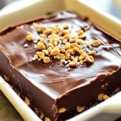 To make the best Chocolate Peanut Butter Fudge, you need simple and tasty ingredients. Here’s what you will need: - 2 cups semi-sweet chocolate chips - 1 cup creamy peanut butter - 1 cup sweetened condensed milk - 1 teaspoon vanilla extract - 1/4 teaspoon salt - Chopped peanuts and sea salt for garnish (optional) Each ingredient plays a key role. The semi-sweet chocolate chips give a rich chocolate flavor. Creamy peanut butter adds smoothness and that nutty taste we love. Sweetened condensed milk brings sweetness and helps bind the fudge. Vanilla extract gives a warm flavor, while salt balances it all out. If you want, you can sprinkle some chopped peanuts and sea salt on top. This adds a nice crunch and extra flavor. Gather these ingredients, and you’re ready to create a treat that delights everyone! Start by preparing your baking dish. Grab an 8x8 inch dish. Line it with parchment paper. Leave some paper hanging over the edges. This helps you lift the fudge out later. Next, melt the fudge mixture. Take a medium saucepan and place it on low heat. Add 2 cups of semi-sweet chocolate chips, 1 cup of creamy peanut butter, and 1 cup of sweetened condensed milk. Stir this mix continuously. You want it to be smooth and melted. This step is key for creamy fudge. Now, it's time to add some flavor. Pour in 1 teaspoon of vanilla extract. Then, add 1/4 teaspoon of salt. Stir well to mix everything together. This makes your fudge taste even better. To make the best fudge, you want it smooth and creamy. Start by melting the chocolate chips and peanut butter slowly. Use low heat and stir all the time. This helps blend the flavors well. If the fudge seems too soft, let it cool a bit before chilling. Chilling helps it firm up nicely. Using the right tools makes this process a breeze. Grab a medium saucepan for melting. A heat-safe spatula will help you stir and scrape. You will also need an 8x8 inch baking dish lined with parchment paper. This lining lets you lift the fudge out easily. One common mistake is not stirring enough while melting. This can burn the chocolate. Another mistake is pouring the fudge into the dish too soon. Always let it cool for 30 minutes first. Lastly, don’t skip the salt. It balances the sweetness and enhances the flavor. {{image_2}} You can mix flavors in this fudge. Try adding mint extract for a fresh touch. You could also use dark chocolate chips for a richer taste. Want a fruity twist? Add dried cherries or raspberries. Each choice gives a new flavor. Your fudge can be as unique as you are! If you want a lighter version, swap the chocolate chips for a sugar-free option. You can use natural peanut butter to lower sugar too. Try using honey instead of sweetened condensed milk. These swaps keep the fudge tasty while making it a bit healthier. Enjoy the treat without the guilt! To impress guests, cut the fudge into fun shapes. Use cookie cutters to create hearts or stars. Drizzle melted chocolate on top for a fancy look. Place the fudge in colorful wrappers for gifts. Adding a sprinkle of chopped nuts makes it even more appealing. These small details make your fudge stand out! To keep your chocolate peanut butter fudge fresh, store it in an airtight container. Place a piece of wax paper between layers to prevent sticking. Keep it in a cool, dry place. Avoid direct sunlight, as it can make the fudge melt or get too soft. When stored properly, this fudge lasts about one week at room temperature. If you put it in the fridge, it can last up to two weeks. Always check for any signs of spoilage before you enjoy it. If it looks or smells off, it’s best to throw it away. Freezing is a great option if you want to save fudge for later. Cut the fudge into squares before freezing. Wrap each piece in plastic wrap, then place them in a freezer bag. Make sure to remove as much air as possible. This way, the fudge stays fresh for up to three months. When you're ready to eat, let it thaw in the fridge overnight. You can replace sweetened condensed milk with evaporated milk. You will need to add more sugar. Use about 1/2 cup of sugar for every cup of evaporated milk. Combine it with chocolate and peanut butter on low heat. Stir until smooth. This gives you a similar creamy texture. Yes, you can use different types of chocolate. Dark chocolate adds a rich flavor. Milk chocolate makes it sweeter and creamier. You can also mix chocolates for a unique taste. Just keep the same amount of chocolate chips. If your fudge doesn't set, it may need more time in the fridge. Leave it in for a few more hours. If it's still soft, it might be undercooked. You can melt it down and add more chocolate or sweetened condensed milk. Pour it back into the dish, and let it chill again. You now have the tools to make delicious chocolate peanut butter fudge. We covered the key ingredients and step-by-step instructions. I shared tips and tricks for perfect texture and common mistakes to avoid. You can even explore fun variations for special occasions. Remember, with a few simple swaps, you can customize this treat. Enjoy trying new flavors and presentations. With proper storage, your fudge can last longer. Dive into this sweet adventure and make it your own!