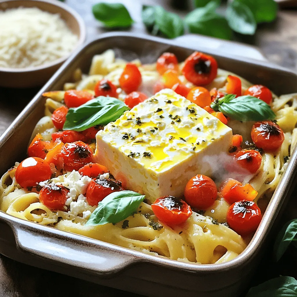 To make baked feta pasta, gather these key ingredients: - 200g pasta (penne, rigatoni, or your choice) - 200g feta cheese, block - 300g cherry tomatoes, halved - 1 red bell pepper, diced - 3 cloves garlic, minced - 4 tablespoons olive oil - 1 teaspoon dried oregano - 1 teaspoon red pepper flakes (optional for spice) - Salt and pepper to taste - Fresh basil leaves for garnish - Grated Parmesan cheese for serving (optional) You can add some extra touches to enhance the taste: - A splash of balsamic vinegar for sweetness - A handful of olives for briny goodness - Chopped spinach for added greens - A squeeze of lemon juice for brightness The type of pasta can change your dish’s texture and taste. Here are some great options: - Penne: Its tubular shape holds the sauce well. - Rigatoni: Larger and great for catching chunks of feta. - Fusilli: Twists that grab onto the creamy sauce perfectly. - Farfalle: Bow-tie shapes add a fun look and texture. Choose your pasta based on what you love. Each will make your baked feta pasta unique and delicious! Start by preheating your oven to 200°C (400°F). This step is key for even cooking. Grab a large baking dish and add your cherry tomatoes, diced red bell pepper, and minced garlic. The colors will make your dish look bright. Drizzle 2 tablespoons of olive oil over the veggies. Sprinkle salt, pepper, oregano, and red pepper flakes if you like some heat. Toss everything well. Make sure the veggies are coated with oil and spices. This will help them roast nicely. Now, make a little space in the middle of the veggie mix. Place the block of feta cheese right in that space. Drizzle the remaining olive oil over the feta. This helps it get creamy as it bakes. Put the baking dish in the oven and bake for 25-30 minutes. You want the tomatoes to get blistered and the feta to turn soft and golden. The smell will fill your kitchen, and you’ll know it’s time to check. While the feta and veggies are baking, cook your pasta. Use the package instructions to get it just right. Aim for al dente, so it has a bit of bite. Once cooked, drain the pasta and set it aside. When the baking dish is out of the oven, gently mash the feta with a fork. Mix it with the baked tomatoes and peppers to create a creamy sauce. Then, add the cooked pasta to the dish. Toss everything together until it's well mixed. Adjust the seasoning if needed. Now, you’re ready to serve this tasty dish! To make a creamy sauce, use soft feta. As it bakes, it melts into a rich blend. After baking, mash the feta with the tomatoes and peppers. This mixing creates a smooth sauce. If it feels too thick, add a splash of pasta water. This small step helps blend everything well. Store leftover baked feta pasta in an airtight container. This keeps it fresh for up to three days. When you want to eat it again, reheat it in the oven or microwave. Add a bit of olive oil or water to help it stay moist. This way, every bite remains tasty. Pair your baked feta pasta with a fresh salad. A simple green salad with lemon dressing works well. Garlic bread is another great choice. It adds crunch and flavor to your meal. You can also serve it with roasted vegetables. They bring more color and nutrition to your plate. {{image_2}} You can easily make this dish vegetarian. Simply skip the cheese or use a plant-based feta. This keeps the creamy texture but makes it vegan. You can also add more veggies, like spinach or zucchini. These add color and nutrients. Want more nutrition? Add some cooked chickpeas or lentils. These boost protein and fiber. You can also toss in some fresh spinach or kale. They wilt down nicely and add health benefits. For a crunch, try adding toasted nuts or seeds before serving. If you love spice, add more red pepper flakes. You can also mix in some diced jalapeños for a kick. For extra flavor, try a splash of balsamic vinegar or lemon juice after baking. This brightens the dish and makes it even tastier. To store your baked feta pasta, let it cool completely. Then, place it in an airtight container. This helps keep it fresh. You can keep it in the fridge for up to three days. Make sure to cover it tightly to prevent drying out. When you're ready to eat, reheating is easy. You can use the microwave or the oven. For the microwave, place a portion in a bowl and heat for 1-2 minutes. Stir halfway through. If using the oven, preheat to 180°C (350°F) and bake for about 15-20 minutes. Cover with foil to keep it moist. If you want to save some for later, you can freeze it. First, let the dish cool completely. Then, portion it into freezer-safe containers. It should last up to three months in the freezer. When you want to eat it, thaw it in the fridge overnight. Then, reheat as mentioned earlier. Leftovers of baked feta pasta last about 3 to 5 days in the fridge. Be sure to store it in an airtight container. This keeps the dish fresh and tasty. If you want to enjoy it later, make sure it cools down first. Yes, you can use different cheeses! Creamy goat cheese or even ricotta works well. Each cheese brings a unique taste. Just remember that the texture may change a bit. Feta gives a salty kick, while goat cheese adds a tangy flavor. Absolutely! Baked feta pasta is perfect for meal prep. It is easy to store and reheat. You can make a big batch and divide it into portions for the week. Just keep the sauce and pasta together for the best flavor. This blog discussed baked feta pasta, covering its ingredients, steps, and tips. You learned how to preheat, bake, and mix pasta for the best results. I also shared tricks for storing and reheating leftovers, ensuring you enjoy every bite. You can customize the dish with various flavors and dietary choices, making it your own. Remember, cooking should be fun and delicious. Enjoy experimenting with this simple recipe. It’s a great way to delight your taste buds while making meals that work for you.