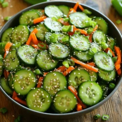 This salad shines with fresh veggies. You will need: - 4 medium cucumbers, thinly sliced - 1 carrot, julienned - 1/4 red bell pepper, thinly sliced - 2 green onions, chopped These colorful vegetables add crunch and flavor. Cucumbers are cool and refreshing. Carrots bring a nice sweetness. The red bell pepper adds a lovely color. Green onions provide a mild bite. The dressing is key to this salad's taste. For the dressing, gather: - 1/4 cup rice vinegar - 2 tablespoons soy sauce - 1 tablespoon honey or maple syrup - 2 tablespoons sesame oil - 1 teaspoon fresh ginger, grated - 1 clove garlic, minced This mix gives the salad tanginess and depth. Rice vinegar adds a light, crisp taste. Soy sauce adds umami. Honey or maple syrup balances the flavors with a touch of sweetness. Ginger and garlic add warmth and zest. Finally, you’ll need some seasoning: - Salt and pepper to taste - 1/4 cup sesame seeds, toasted Salt and pepper enhance the flavor. Toasted sesame seeds add a nice crunch and nutty taste. You can also garnish with extra sesame seeds and green onions for a beautiful finish. This salad is not just tasty; it looks great too! First, grab your cucumbers. You need four medium ones. Thinly slice them and place them in a large bowl. Next, take one carrot and julienne it. This means cutting it into long, thin strips. Add the carrot to the bowl. Now, slice a quarter of a red bell pepper. Make sure the pieces are thin for a nice crunch. Toss the sliced pepper into the bowl. Finally, chop two green onions and add them to the mix. In a separate small bowl, it’s time to prepare the dressing. Start by pouring in a quarter cup of rice vinegar. Next, add two tablespoons of soy sauce for depth. If you like a hint of sweetness, add one tablespoon of honey or maple syrup. Then, pour in two tablespoons of sesame oil for that rich flavor. Grate one teaspoon of fresh ginger and add it in. Lastly, mince one clove of garlic and mix it in too. Whisk everything together until it’s well combined. Now, take the dressing and pour it over the bowl of vegetables. Toss gently so the veggies get coated with the dressing. It’s important to be gentle to keep the cucumbers crunchy. After that, add a quarter cup of toasted sesame seeds to the salad. Mix gently again to combine. Season with salt and pepper to your taste. Let the salad chill in the fridge for at least 15 to 20 minutes. This marinating time makes the flavors pop and keeps the salad fresh. To boost the taste of your Asian sesame cucumber salad, consider adding fresh herbs. Cilantro or mint can add a bright note. You can also mix in some sliced radishes for extra crunch and spice. For a kick, try adding a dash of chili flakes or sriracha. These flavors will make your salad pop and keep each bite exciting. Serve this salad in a large bowl for sharing or in individual bowls. You can place it on a bed of mixed greens for added color. Garnish with extra sesame seeds and green onion slices for a nice touch. Pair it with grilled chicken or shrimp for a full meal. This salad works great as a side dish at summer barbecues or picnics. Letting your salad marinate is key to great flavor. A quick 15-20 minutes in the fridge allows the dressing to soak into the veggies. This step enhances the crunch and makes every bite tastier. If you have time, letting it sit longer will deepen the flavors even more. Just remember to give it a gentle toss before serving to mix everything well. {{image_2}} You can add protein to your salad for a filling meal. Chicken, shrimp, or tofu work great. Cook your protein simply, then slice it thin. Toss it in with the salad for a tasty twist. This makes the dish more hearty and satisfying. If you want to switch up the flavor, try different dressings. A spicy peanut sauce adds a kick. A light citrus dressing can brighten the dish. You can even use a sesame ginger dressing for a richer taste. Mix and match until you find your favorite! Change the vegetables based on the season. In summer, add juicy tomatoes or sweet corn. In fall, try adding roasted squash. Each season brings new flavors and colors. Experiment to keep your salad fresh and exciting all year long. To keep your Asian sesame cucumber salad fresh, store it in an airtight container. This protects the salad from drying out. Make sure to keep it in the fridge. If you are using a bowl, cover it tightly with plastic wrap. I recommend keeping the dressing separate if you plan to store it for long. This helps prevent the vegetables from getting soggy. You can enjoy this salad for about 3 days when stored properly. After that, the cucumbers may lose their crunch. If you notice any off smells or colors, it’s best to throw it out. Always check for freshness before serving leftovers. Freezing this salad is not recommended. The cucumbers will become mushy when thawed. However, you can freeze the dressing separately. Store it in a small container or a freezer bag. Just remember to label it with the date. When you are ready to use it, thaw it in the fridge overnight. Then, mix it with fresh veggies for a quick salad. You can use apple cider vinegar or white vinegar. Both options work well. They add a tangy flavor. You might want to adjust the amount based on taste. Start with less and add more if needed. You can keep the salad in the fridge for about three days. Make sure to store it in an airtight container. The flavors will blend over time, making it even tastier. Yes, you can make it ahead. Just prepare the salad and dressing separately. Mix them together right before serving. This keeps the cucumbers crunchy and fresh. Yes, this salad is gluten-free. Just ensure the soy sauce is gluten-free. Many brands offer gluten-free options, which are great substitutes. You can add chopped peanuts or sliced almonds. Sunflower seeds also work well. These add crunch and flavor to the salad. Feel free to mix and match based on what you like! You can find the full recipe at the top of this article. It includes all the ingredients and steps needed to make this delicious salad. Enjoy your cooking! This article covers key steps for making a great salad. We explored fresh vegetables, dressing components, and seasoning. You learned how to prepare, mix, and enhance flavors. We discussed variations and storage tips to keep your salad fresh. Use these insights to create delicious, healthy salads. Enjoy experimenting with flavors and ingredients. The right choices make a salad exciting and fun.