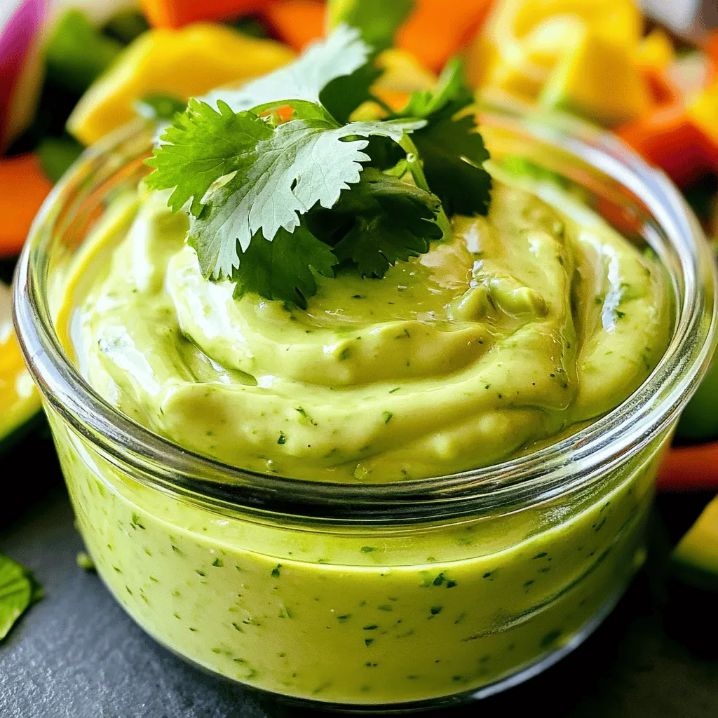 To make a tasty creamy avocado cilantro dressing, gather these simple ingredients: - 1 ripe avocado - 1 cup fresh cilantro leaves, packed - 2 tablespoons lime juice - 1 small garlic clove - 1/2 cup Greek yogurt - 1/4 cup water (more as needed) - Salt and pepper to taste - Optional: A pinch of cayenne pepper for heat Each ingredient plays a key role in the flavor and texture of the dressing. The ripe avocado gives a rich, creamy base. Fresh cilantro adds a burst of freshness, while lime juice brings a zesty kick. The garlic clove gives a nice depth, and Greek yogurt adds creaminess without too many calories. Water helps to thin the dressing to your liking. Salt and pepper bring all the flavors together. If you want a little heat, cayenne pepper is a great choice. This dressing is not only easy to make but also delicious on salads or as a dip! 1. Cutting and scooping the avocado Start by slicing the avocado in half. Use a knife to safely remove the pit. Take a spoon and scoop the soft green flesh into your blender. 2. Adding ingredients to the blender Next, add the fresh cilantro leaves to the blender. Then, squeeze in the lime juice and add the garlic clove. Don't forget to add the Greek yogurt and water too. 3. Blending to desired consistency Blend all the ingredients together until creamy. If the mixture feels too thick, add a little more water. Blend again until you reach your desired smoothness. 4. Adjusting seasoning Taste your dressing. Add salt and pepper to brighten the flavor. If you like heat, sprinkle in a pinch of cayenne pepper and blend once more. - Achieving the right texture To get a smooth texture, make sure you blend long enough. If you see chunks, keep blending. You want it creamy and well mixed. - Avoiding lumps If you find lumps, try adding a bit more water and blending again. This will help break down any pieces. Always blend in short bursts to check the texture. What dishes go well with creamy avocado cilantro dressing? This dressing pairs perfectly with fresh salads, grilled veggies, and tacos. You can also use it as a dip for pita chips or fresh veggies. For a fun twist, drizzle it over a grain bowl or use it as a sandwich spread. How can you present this dressing nicely? Serve it in a small bowl, garnished with a sprig of cilantro on top. This adds color and makes it look fresh and inviting. You can also drizzle it over your dish for a beautiful finish. How can you adjust the flavors of the dressing? You can add fresh herbs like parsley or mint for a different taste. For a bit of heat, try adding a pinch of cayenne pepper or some finely chopped jalapeños. What if you have dietary needs? You can substitute Greek yogurt with a dairy-free yogurt for a vegan version. If you are watching your salt, use a low-sodium yogurt or skip the salt altogether. This dressing is flexible, so feel free to experiment! {{image_2}} To make a spicy version of this dressing, add jalapeños or cayenne pepper. Start with one small jalapeño, seeds removed for less heat. Blend it in with your other ingredients. If you like it hotter, add more cayenne. This spice will wake up the flavor and give your dressing a nice kick. If you want a vegan dressing, swap the Greek yogurt for a plant-based option. You can use coconut yogurt or cashew yogurt. These choices will keep the creamy texture without any dairy. They will also add a unique twist to the flavor. Feel free to experiment with different citrus juices. While lime juice is classic, lemon or orange juice can add a fun twist. Each citrus brings its own unique flavor. Try adding a splash of grapefruit juice for a refreshing zing. Just blend it in with the other ingredients, and enjoy your tasty creation! To keep your creamy avocado cilantro dressing fresh, use an airtight container. A glass jar with a lid works best. This helps prevent air from getting in and keeps the flavor strong. You can also use a plastic container, but make sure it seals well. When you store the dressing, place it in the refrigerator right away. This keeps it cool and safe to eat. Always remember to seal the container tightly before putting it away. If you want to avoid browning, press a piece of plastic wrap directly on the surface of the dressing before sealing. This reduces contact with air. The dressing lasts about three to five days in the fridge. After that, check for any changes in smell or color. If it smells off or looks brown, it’s best to toss it. To enjoy the best taste, use the dressing within the first few days. You can use this creamy avocado cilantro dressing on many dishes. It works great on fresh salads, especially those with mixed greens or grilled veggies. You can drizzle it over tacos, burritos, or even grilled chicken. It also makes a delicious dip for pita chips or fresh veggies. The flavor is bright and refreshing, adding a nice touch to any meal. Yes, you can make this dressing ahead of time. It is perfect for meal prep. Just blend it up and store it in the fridge. This way, you have a quick dressing ready for your meals during the week. Make sure to keep it in an airtight container to keep it fresh. This dressing usually stays fresh for about 3 to 5 days in the fridge. The lime juice helps preserve it a bit. Always check for any off smells or changes in color before using. If you see any, it’s best to toss it. I don’t recommend freezing this dressing. The texture can change once it thaws. The creamy avocado may separate, and it won’t blend back well. If you do decide to freeze it, use an airtight container and leave some space for expansion. When you thaw it, give it a good stir to mix everything back together. In this article, we explored how to make creamy avocado cilantro dressing. We covered the main ingredients like ripe avocado, cilantro, lime juice, and Greek yogurt. Then, I shared step-by-step instructions for preparation and blending. You learned tips for perfect texture and taste. We also looked at variations, serving ideas, and storage tips. Remember, this dressing is customizable, so feel free to experiment. Enjoy using it on your favorite dishes for a fresh flavor!