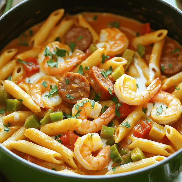 - 12 oz penne pasta - 1 tablespoon olive oil - 1 medium onion, diced - 1 bell pepper, diced - 2 cloves garlic, minced - 1 cup diced tomatoes (canned or fresh) - 1 cup chicken broth - 1 cup heavy cream - 1 ½ teaspoons Cajun seasoning - 1 teaspoon smoked paprika - 1 cup cooked shrimp, peeled and deveined - 1 cup andouille sausage, sliced - 1 cup okra, sliced (fresh or frozen) - 2 green onions, for garnish - 1 tablespoon fresh parsley, for garnish - Salt and pepper to taste In this dish, each ingredient plays a key role. The penne pasta gives a nice bite. The olive oil adds richness. Onions and bell peppers bring sweetness and color. Garlic adds a sharp flavor. The diced tomatoes keep the sauce fresh and lively. Chicken broth enhances the taste and makes the dish hearty. Heavy cream adds a creamy texture, making each bite smooth. Cajun seasoning and smoked paprika give the dish its signature taste. The shrimp and andouille sausage add protein and a savory kick. Okra not only adds texture but also helps thicken the dish. Finally, green onions and parsley brighten up the dish. They add color and freshness. Don't forget to season with salt and pepper to your liking. Each ingredient works together to create a vibrant, flavorful meal that you will love. - Heat olive oil in a large pot over medium heat. - Add diced onion and bell pepper. Cook until softened, about 3-4 minutes. - Stir in minced garlic and cook for 1 minute. Then add diced tomatoes, chicken broth, and heavy cream. - Mix in Cajun seasoning and smoked paprika. Bring to a gentle boil. Now, add the penne pasta, ensuring it is fully submerged. - Reduce heat to low. Cover the pot and simmer for 12-15 minutes. Stir occasionally until pasta is cooked and liquid thickens. - Remove the lid and stir in cooked shrimp, sliced sausage, and okra. Cook for 3-5 more minutes until heated through. - Taste and adjust seasoning with salt and pepper. Let it sit for a couple of minutes to thicken. - Serve hot, garnished with sliced green onions and fresh parsley. Stirring occasionally is key. It keeps the pasta from sticking. This also helps the flavors mix well. When the pasta is done, it should be tender but not mushy. Use a fork to taste it near the end of cooking. If it feels firm but cooked, it’s ready. Adjusting Cajun seasoning can change the dish. If you like it spicier, add more seasoning. For less heat, cut back on it. You can also add herbs like thyme or bay leaves for depth. A dash of hot sauce gives an extra kick if desired. Garnishing makes your dish pop. Use sliced green onions and fresh parsley for color. They add a fresh taste too. For serving size, a bowl works best. If you want to impress, use a shallow plate. This lets the colors shine and looks great for guests. {{image_2}} You can change the protein in this dish easily. If you do not like shrimp, try chicken or tofu. Chicken breast or thighs will work well, and they cook quickly. Tofu adds a nice texture and absorbs flavors well. Also, you can switch up the sausage. Andouille sausage gives great flavor, but other types work too. Look for spicy Italian sausage or smoked sausage for a different taste. If you need a gluten-free option, use gluten-free pasta. Brown rice pasta or chickpea pasta are great choices. They will still absorb the flavors well and create a tasty dish. You can also experiment with pasta shapes. While penne is great, other shapes like fusilli or farfalle fit nicely in the sauce. Choose what you have on hand or what you like best. Okra is traditional, but you can skip it if you want. Try zucchini, bell peppers, or even spinach instead. Each of these adds color and nutrition to the dish. You can also use seasonal vegetables. Fresh seasonal veggies can brighten up your meal. Consider asparagus in spring or butternut squash in fall. They will add a twist and keep things interesting. To keep your One-Pot Cajun Jambalaya Pasta fresh, use airtight containers. Glass or plastic containers work well. Make sure they are clean and dry before adding your pasta. Store the leftovers in the fridge. They will stay good for about three to four days. Always let the pasta cool to room temperature before sealing it. When reheating your Jambalaya Pasta, the best method is to use a stovetop. Place the pasta in a pan over low heat. Add a splash of chicken broth or water to help it heat evenly. Stir often to prevent sticking. Microwaving is quick, but it may make the pasta soggy. If you use a microwave, cover the dish loosely. This helps steam escape while keeping the pasta moist. To freeze your One-Pot Cajun Jambalaya Pasta, let it cool first. Portion it into freezer-safe bags or containers. Squeeze out as much air as possible before sealing. This helps prevent freezer burn. When ready to eat, thaw the pasta in the fridge overnight. Reheat it on the stovetop with a bit of broth. This keeps it flavorful and prevents drying out. Yes, you can. Prepare the dish but do not add shrimp or sausage until serving. Store it in the fridge for up to three days. When ready to eat, reheat it gently on the stove. Add shrimp and sausage during the last few minutes of cooking. This keeps them fresh and tasty. If you can't find andouille sausage, use these options: - Kielbasa for a smoky flavor - Chicken sausage for a lighter option - Vegan sausage for a meat-free meal Each choice gives a different taste and texture but still keeps the dish hearty. This recipe has a good kick due to Cajun seasoning. If you want less heat, use half the seasoning. For more spice, add hot sauce or cayenne pepper. Adjust the heat to fit your taste buds. Here are some great side options: - A crisp green salad for freshness - Garlic bread to soak up the sauce - Roasted vegetables for added flavor These sides complement the dish and make your meal complete. This blog post covers how to make a tasty Cajun Jambalaya Pasta. We discussed all the ingredients, including pasta, protein, and spices. I shared step-by-step instructions for cooking, plus tips on flavor and presentation. Also, I offered ideas for variations and storage methods. This dish is great for quick meals and feeding a crowd. It’s easy to customize based on what you love. Enjoy creating your own perfect version of this recipe!